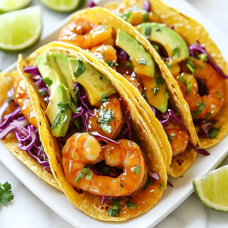 To make sweet chili shrimp tacos, gather these fresh and simple ingredients: - 1 lb large shrimp, peeled and deveined - 1/4 cup sweet chili sauce - 1 tablespoon lime juice - 1 teaspoon garlic powder - 1 teaspoon ground coriander - 1/2 teaspoon salt - 1/4 teaspoon black pepper - 8 small corn tortillas - 1 cup shredded red cabbage - 1 avocado, sliced - 1/2 cup fresh cilantro, chopped - Lime wedges for serving Each ingredient in these tacos brings health benefits. Shrimp is low in calories and high in protein. It also has omega-3 fatty acids, which support heart health. The sweet chili sauce adds flavor without too much sugar. Lime juice is rich in vitamin C, helping your immune system. Garlic powder can boost your immune health, too. Red cabbage is packed with vitamins and fiber. Avocado provides healthy fats that keep your heart happy. Fresh cilantro is full of antioxidants, aiding digestion. To make your meal even more enjoyable, consider these accompaniments: - Fresh salsa or pico de gallo for added flavor - A side of black beans for protein - A light salad with lime vinaigrette - Extra lime wedges for a zesty kick These sides add color and variety, making your sweet chili shrimp tacos a feast! {{ingredient_image_1}} Start by gathering your ingredients. In a medium bowl, mix the sweet chili sauce, lime juice, garlic powder, ground coriander, salt, and black pepper. Stir this mixture until it is well combined. Next, add the shrimp to the bowl. Toss the shrimp gently to coat them evenly with the sauce. Let the shrimp marinate for about 15 minutes. This step adds great flavor and moisture. Heat a non-stick skillet over medium-high heat. Once the skillet is hot, add the marinated shrimp in a single layer. Cook the shrimp for about 2-3 minutes on each side. You will know they are done when they turn pink and opaque. This quick cooking keeps the shrimp juicy and tender. While the shrimp cooks, warm the corn tortillas. You can do this in a separate pan or directly over the flame. Heat them until they are soft and pliable. To assemble the tacos, take a tortilla and add a few shrimp. Top each taco with shredded red cabbage, sliced avocado, and chopped cilantro. Finish with a squeeze of fresh lime juice. This adds a nice zing and freshness to each bite. To get the best flavor, use fresh shrimp. Fresh shrimp tastes better than frozen. Marinate the shrimp for at least 15 minutes. This lets the sweet chili sauce soak in. The lime juice adds brightness to the dish. Don't skip the garlic powder and coriander. They give a nice depth to the flavor. Cook the shrimp over medium-high heat. This helps them cook quickly and evenly. Don’t crowd the pan; cook in a single layer. This way, each shrimp gets a nice sear. Flip them only once. Shrimp cook fast; about 2-3 minutes on each side is all you need. They are done when they turn pink and opaque. Make your tacos look amazing! Use a large platter for serving. Arrange the tacos neatly and colorfully. Garnish with lime wedges and fresh cilantro. This adds a pop of color. You can also add extra sliced avocado on the side. Each taco should be easy to pick up and eat. Pro Tips Perfectly Cooked Shrimp: Be careful not to overcook the shrimp; they should be pink and opaque after about 2-3 minutes per side to ensure they stay tender and juicy. Warm Tortillas: For a better texture, lightly warm the corn tortillas in a pan or over an open flame to make them pliable and enhance their flavor. Flavor Boost: Add a pinch of cayenne pepper to the marinade for an extra kick if you enjoy a bit more heat in your tacos. Fresh Garnishes: Use fresh lime wedges and extra cilantro as garnishes to elevate the presentation and add brightness to the flavor profile. {{image_2}} Want to add some heat? Use a spicy sweet chili sauce instead of the regular one. This sauce packs a punch and makes each bite exciting. You can also add sliced jalapeños or a dash of cayenne pepper to the shrimp marinade. The key is to balance the spice with the sweetness. Serve these spicy tacos with cool avocado and fresh cilantro to calm the heat. If you prefer a meat-free option, try using grilled veggies or tofu. Marinate them in the same sweet chili sauce for flavor. Bell peppers, zucchini, and mushrooms work great. Cook them until tender and juicy. You can also use black beans or chickpeas for a protein boost. These alternatives still give you a tasty taco experience without shrimp. Tortillas can change the whole taco experience. You can use corn tortillas for a traditional feel. Flour tortillas are softer and hold more filling. For a gluten-free option, look for rice or corn tortillas. You can even try lettuce wraps for a fresh twist. Each type of tortilla brings a unique texture and flavor to your tacos. Experiment to find your favorite! To store leftover tacos, first, take them apart. Keep the shrimp and toppings separate from the tortillas. Place the shrimp in an airtight container. You can use a zip-top bag too. Store the toppings, like cabbage and avocado, in their own containers. This keeps them fresh. Put the tortillas in a different bag. Seal everything tightly. Store in the fridge for up to two days. For shrimp storage, freshness matters. If you have raw shrimp, keep them in the coldest part of your fridge. Use them within a day or two for the best taste. If cooked, let the shrimp cool down before storing. Once cooled, place the shrimp in an airtight container. Cooked shrimp can last for three days in the fridge. If you want to keep them longer, freeze them. Wrap them well in plastic wrap or foil, then place them in a freezer bag. Reheating tacos and shrimp needs care. For shrimp, heat them gently. Use a skillet over low heat. This keeps them moist. Stir occasionally to avoid overcooking. For tortillas, warm them in a dry skillet for a few seconds on each side. This makes them soft and pliable again. Reassemble your tacos after reheating. Add fresh toppings like avocado and cilantro for a bright taste. Enjoy your tasty meal once more! The best type of shrimp for tacos is large shrimp. They hold their shape well when cooked. I recommend using fresh or frozen shrimp that are peeled and deveined. Look for shrimp labeled "wild-caught" for better flavor. If you can't find large shrimp, medium shrimp can work too. Just adjust the cooking time as needed. Yes, you can prep some parts ahead of time. You can marinate the shrimp a few hours before cooking. This allows the flavors to soak in. I recommend cooking the shrimp just before serving. You can also warm the tortillas and chop the toppings ahead of time. This way, your meal stays fresh and quick to serve. Great toppings for sweet chili shrimp tacos include shredded red cabbage, sliced avocado, and chopped cilantro. These add crunch and freshness. You can also add diced tomatoes, jalapeños, or a squeeze of lime for extra flavor. Feel free to get creative! The right toppings can make your tacos even more delicious. In this blog post, we explored the tasty world of sweet chili shrimp tacos. We covered the key ingredients and their health benefits, along with step-by-step cooking instructions. You learned tips for great flavor, presentation ideas, and how to store leftovers. There are even variations for spice lovers and vegetarians. Remember, cooking should be fun! Try these ideas and make them your own. Enjoy making and sharing these tacos with friends and family. Happy cooking!