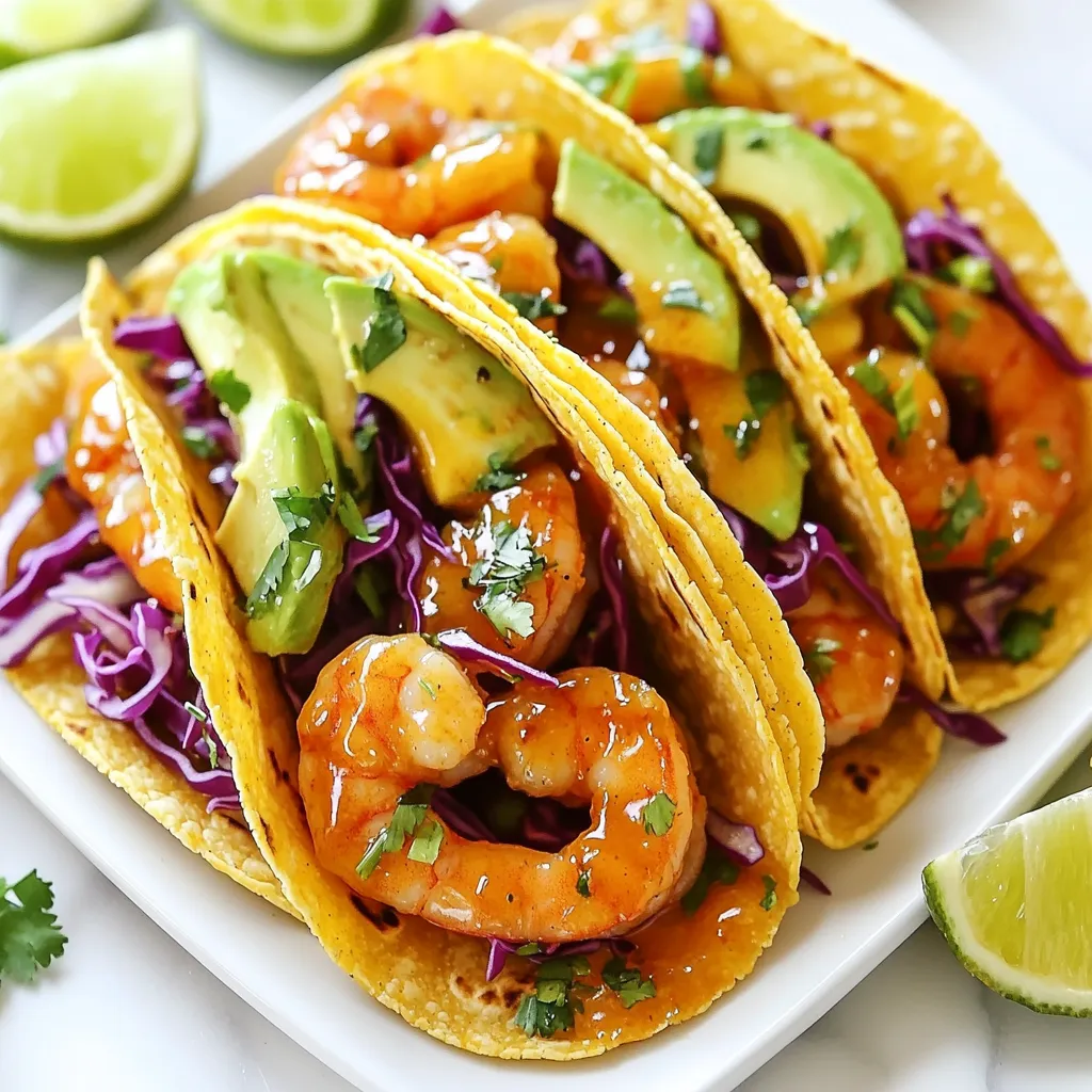 To make sweet chili shrimp tacos, gather these fresh and simple ingredients: - 1 lb large shrimp, peeled and deveined - 1/4 cup sweet chili sauce - 1 tablespoon lime juice - 1 teaspoon garlic powder - 1 teaspoon ground coriander - 1/2 teaspoon salt - 1/4 teaspoon black pepper - 8 small corn tortillas - 1 cup shredded red cabbage - 1 avocado, sliced - 1/2 cup fresh cilantro, chopped - Lime wedges for serving Each ingredient in these tacos brings health benefits. Shrimp is low in calories and high in protein. It also has omega-3 fatty acids, which support heart health. The sweet chili sauce adds flavor without too much sugar. Lime juice is rich in vitamin C, helping your immune system. Garlic powder can boost your immune health, too. Red cabbage is packed with vitamins and fiber. Avocado provides healthy fats that keep your heart happy. Fresh cilantro is full of antioxidants, aiding digestion. To make your meal even more enjoyable, consider these accompaniments: - Fresh salsa or pico de gallo for added flavor - A side of black beans for protein - A light salad with lime vinaigrette - Extra lime wedges for a zesty kick These sides add color and variety, making your sweet chili shrimp tacos a feast! {{ingredient_image_1}} Start by gathering your ingredients. In a medium bowl, mix the sweet chili sauce, lime juice, garlic powder, ground coriander, salt, and black pepper. Stir this mixture until it is well combined. Next, add the shrimp to the bowl. Toss the shrimp gently to coat them evenly with the sauce. Let the shrimp marinate for about 15 minutes. This step adds great flavor and moisture. Heat a non-stick skillet over medium-high heat. Once the skillet is hot, add the marinated shrimp in a single layer. Cook the shrimp for about 2-3 minutes on each side. You will know they are done when they turn pink and opaque. This quick cooking keeps the shrimp juicy and tender. While the shrimp cooks, warm the corn tortillas. You can do this in a separate pan or directly over the flame. Heat them until they are soft and pliable. To assemble the tacos, take a tortilla and add a few shrimp. Top each taco with shredded red cabbage, sliced avocado, and chopped cilantro. Finish with a squeeze of fresh lime juice. This adds a nice zing and freshness to each bite. To get the best flavor, use fresh shrimp. Fresh shrimp tastes better than frozen. Marinate the shrimp for at least 15 minutes. This lets the sweet chili sauce soak in. The lime juice adds brightness to the dish. Don't skip the garlic powder and coriander. They give a nice depth to the flavor. Cook the shrimp over medium-high heat. This helps them cook quickly and evenly. Don’t crowd the pan; cook in a single layer. This way, each shrimp gets a nice sear. Flip them only once. Shrimp cook fast; about 2-3 minutes on each side is all you need. They are done when they turn pink and opaque. Make your tacos look amazing! Use a large platter for serving. Arrange the tacos neatly and colorfully. Garnish with lime wedges and fresh cilantro. This adds a pop of color. You can also add extra sliced avocado on the side. Each taco should be easy to pick up and eat. Pro Tips Perfectly Cooked Shrimp: Be careful not to overcook the shrimp; they should be pink and opaque after about 2-3 minutes per side to ensure they stay tender and juicy. Warm Tortillas: For a better texture, lightly warm the corn tortillas in a pan or over an open flame to make them pliable and enhance their flavor. Flavor Boost: Add a pinch of cayenne pepper to the marinade for an extra kick if you enjoy a bit more heat in your tacos. Fresh Garnishes: Use fresh lime wedges and extra cilantro as garnishes to elevate the presentation and add brightness to the flavor profile. {{image_2}} Want to add some heat? Use a spicy sweet chili sauce instead of the regular one. This sauce packs a punch and makes each bite exciting. You can also add sliced jalapeños or a dash of cayenne pepper to the shrimp marinade. The key is to balance the spice with the sweetness. Serve these spicy tacos with cool avocado and fresh cilantro to calm the heat. If you prefer a meat-free option, try using grilled veggies or tofu. Marinate them in the same sweet chili sauce for flavor. Bell peppers, zucchini, and mushrooms work great. Cook them until tender and juicy. You can also use black beans or chickpeas for a protein boost. These alternatives still give you a tasty taco experience without shrimp. Tortillas can change the whole taco experience. You can use corn tortillas for a traditional feel. Flour tortillas are softer and hold more filling. For a gluten-free option, look for rice or corn tortillas. You can even try lettuce wraps for a fresh twist. Each type of tortilla brings a unique texture and flavor to your tacos. Experiment to find your favorite! To store leftover tacos, first, take them apart. Keep the shrimp and toppings separate from the tortillas. Place the shrimp in an airtight container. You can use a zip-top bag too. Store the toppings, like cabbage and avocado, in their own containers. This keeps them fresh. Put the tortillas in a different bag. Seal everything tightly. Store in the fridge for up to two days. For shrimp storage, freshness matters. If you have raw shrimp, keep them in the coldest part of your fridge. Use them within a day or two for the best taste. If cooked, let the shrimp cool down before storing. Once cooled, place the shrimp in an airtight container. Cooked shrimp can last for three days in the fridge. If you want to keep them longer, freeze them. Wrap them well in plastic wrap or foil, then place them in a freezer bag. Reheating tacos and shrimp needs care. For shrimp, heat them gently. Use a skillet over low heat. This keeps them moist. Stir occasionally to avoid overcooking. For tortillas, warm them in a dry skillet for a few seconds on each side. This makes them soft and pliable again. Reassemble your tacos after reheating. Add fresh toppings like avocado and cilantro for a bright taste. Enjoy your tasty meal once more! The best type of shrimp for tacos is large shrimp. They hold their shape well when cooked. I recommend using fresh or frozen shrimp that are peeled and deveined. Look for shrimp labeled "wild-caught" for better flavor. If you can't find large shrimp, medium shrimp can work too. Just adjust the cooking time as needed. Yes, you can prep some parts ahead of time. You can marinate the shrimp a few hours before cooking. This allows the flavors to soak in. I recommend cooking the shrimp just before serving. You can also warm the tortillas and chop the toppings ahead of time. This way, your meal stays fresh and quick to serve. Great toppings for sweet chili shrimp tacos include shredded red cabbage, sliced avocado, and chopped cilantro. These add crunch and freshness. You can also add diced tomatoes, jalapeños, or a squeeze of lime for extra flavor. Feel free to get creative! The right toppings can make your tacos even more delicious. In this blog post, we explored the tasty world of sweet chili shrimp tacos. We covered the key ingredients and their health benefits, along with step-by-step cooking instructions. You learned tips for great flavor, presentation ideas, and how to store leftovers. There are even variations for spice lovers and vegetarians. Remember, cooking should be fun! Try these ideas and make them your own. Enjoy making and sharing these tacos with friends and family. Happy cooking!