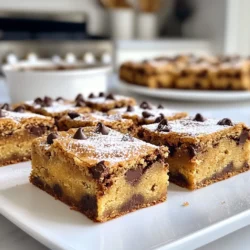To make classic chocolate chip blondies, gather these simple ingredients: - 1 cup unsalted butter, melted - 1 cup brown sugar, packed - 1/2 cup granulated sugar - 2 large eggs - 2 teaspoons vanilla extract - 2 cups all-purpose flour - 1 teaspoon baking powder - 1/2 teaspoon baking soda - 1/4 teaspoon salt - 1 cup chocolate chips (semi-sweet or milk chocolate) - 1/2 cup chopped nuts (optional, walnuts or pecans work well) These ingredients blend to create a rich, chewy blondie. If you need to swap some ingredients, here are good options: - Instead of unsalted butter, use coconut oil or margarine. - For brown sugar, you can use coconut sugar or a blend of white sugar with molasses. - If you want to avoid eggs, use 1/4 cup unsweetened applesauce per egg. - Use gluten-free flour for a gluten-free version. These swaps keep the flavor and texture delicious. You can make your blondies even better with these add-ins: - Nuts like walnuts, pecans, or almonds add crunch. - Dried fruits, like cranberries or raisins, offer a sweet twist. - A sprinkle of sea salt on top enhances flavor. - Add spices such as cinnamon or nutmeg for warmth. These add-ins allow you to personalize your blondies. {{ingredient_image_1}} Start by preheating your oven to 350°F (175°C). Grease a 9x13 inch baking pan, or line it with parchment paper. This helps with easy removal later. In a large bowl, mix together 1 cup of melted unsalted butter, 1 cup of packed brown sugar, and 1/2 cup of granulated sugar. Stir until smooth. Add 2 large eggs, one at a time, mixing well after each. Then, add 2 teaspoons of vanilla extract. In another bowl, whisk together 2 cups of all-purpose flour, 1 teaspoon of baking powder, 1/2 teaspoon of baking soda, and 1/4 teaspoon of salt. Gradually add the dry mix into the wet mix. Fold gently until just combined to keep them chewy. Lastly, fold in 1 cup of chocolate chips and optional 1/2 cup of chopped nuts. Pour the batter into your prepared pan. Spread it evenly with a spatula. Bake in your preheated oven for 25-30 minutes. To check if they are done, insert a toothpick into the center. It should come out clean or with a few moist crumbs. After baking, let the blondies cool in the pan for about 10 minutes. Then, transfer them to a wire rack to cool completely. Once cool, cut them into squares or rectangles. For a nice touch, serve them warm or at room temperature. A dusting of powdered sugar or a scoop of vanilla ice cream makes them even better! Baking blondies is fun and easy. Here are some tips to help you succeed: - Avoid overmixing: When you mix, do it gently. This keeps the blondies soft and chewy. - Use room temperature ingredients: Eggs and butter mix better when they are not cold. This helps your batter blend smoothly. - Grease the pan well: Use butter or non-stick spray. This makes it easy to remove the blondies later. To get that perfect chewy texture, follow these steps: - Use brown sugar: Brown sugar adds moisture. It makes the blondies soft and chewy. - Don’t overbake: Keep an eye on the time. Take them out when a toothpick shows moist crumbs. - Cool them properly: Let the blondies cool in the pan for 10 minutes. This helps them set before cutting. Blondies are great on their own, but you can make them even better: - Serve warm: Warm blondies taste amazing. They melt chocolate chips for a gooey treat. - Add ice cream: A scoop of vanilla ice cream pairs perfectly. The cold creaminess contrasts with warm blondies. - Dust with powdered sugar: A light sprinkle adds a touch of elegance. It makes your dessert look fancy! Feel free to explore different toppings and sides to lift your blondies to the next level! Pro Tips Use Room Temperature Eggs: Ensure your eggs are at room temperature for better incorporation into the batter, resulting in a smoother texture. Don’t Overmix: When combining the wet and dry ingredients, mix until just combined to keep your blondies chewy and prevent them from becoming tough. Customize Your Mix-ins: Feel free to add different types of chocolate chips or fruits like cranberries for a unique twist on flavor and texture. Store Properly: Keep your blondies in an airtight container at room temperature for up to a week to maintain their freshness and moisture. {{image_2}} You can change the taste of your blondies easily. Try adding shredded coconut for a tropical twist. Just mix in half a cup of coconut flakes with the chocolate chips. You can also add pretzels for a sweet and salty combo. Chop them up and fold them into the batter. Both options give your blondies a fun crunch and new flavor. Some people may have nut allergies. You can still enjoy blondies without nuts. Simply leave out the nuts from the recipe. This makes the blondies safe for everyone. They will still be chewy and delicious, with all the chocolate flavor you love. To make these blondies vegan, swap eggs for flax eggs. Mix one tablespoon of ground flaxseed with three tablespoons of water. Let it sit for a few minutes until it thickens. For a gluten-free version, use gluten-free flour in place of all-purpose flour. These changes let you enjoy blondies no matter your diet. They will taste just as good and stay chewy! To keep your blondies fresh, let them cool completely first. This helps avoid sogginess. Once cool, cut them into squares. Place them in an airtight container. Store them at room temperature for up to five days. If you want them to last longer, you can refrigerate them. Just remember to seal them well to prevent drying out. If you want to enjoy warm blondies, reheating is easy. Preheat your oven to 350°F (175°C). Place the blondies on a baking sheet. Heat them for about 10 minutes. You can also microwave them for 15 to 20 seconds. This makes them soft and gooey again. Just don’t overheat, or they can become tough. Freezing blondies is a great way to save some for later. Wrap each piece tightly in plastic wrap. Then place them in a freezer-safe bag. Label the bag with the date. They can stay in the freezer for up to three months. When you want to enjoy them, thaw overnight in the fridge. Then, reheat as mentioned above. Blondies are a type of dessert bar. They are similar to brownies but do not use cocoa. Instead, they are rich and sweet with a buttery flavor. They often include chocolate chips or nuts. The texture is chewy and soft, making them a true treat. To check if your blondies are done, insert a toothpick into the center. If it comes out clean or with a few moist crumbs, they are ready. The baking time is about 25 to 30 minutes at 350°F (175°C). The edges will look golden brown, while the center will remain slightly soft. Yes, you can use alternative sweeteners. Options like coconut sugar or maple syrup work well. Keep in mind that these may alter the flavor and texture slightly. Adjust the amount based on the sweetness level. Always check the conversion ratio for the best results. In this post, we explored the classic chocolate chip blondies. We covered crucial ingredients, including substitutions and optional add-ins. I shared step-by-step instructions to make baking simple. Tips ensured you get perfectly chewy blondies every time. We also discussed fun variations and storage methods. Remember, baking blondies can be easy and fun. Try different flavors and make them your own! Enjoy your baking journey and share these treats with friends.