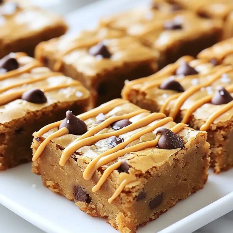 To make these tasty Peanut Butter Chocolate Chip Blondies, gather these items: - 1 cup creamy peanut butter - 1/2 cup unsweetened brown sugar - 1/2 cup granulated sugar - 1 large egg - 1 teaspoon vanilla extract - 1/2 teaspoon baking powder - 1/4 teaspoon salt - 1 cup all-purpose flour - 1/2 cup semi-sweet chocolate chips - Optional: 1/4 cup chopped peanuts for added crunch You can switch things up with these optional ingredients: - Add 1/4 cup chopped peanuts for extra crunch. - Use dark chocolate chips for a richer flavor. - Mix in some butterscotch chips for a sweet twist. Using good quality ingredients makes a big difference. Here are my tips: - Choose natural creamy peanut butter without added sugar or oils. - Use fresh eggs for the best rise and texture. - Opt for high-quality chocolate chips for rich flavor. - Look for unbleached all-purpose flour for a better texture. These choices ensure your blondies are moist, sweet, and simply delicious! {{ingredient_image_1}} 1. First, preheat your oven to 350°F (175°C). This helps the blondies bake evenly. 2. Next, grease a 9x9-inch baking pan or line it with parchment paper. This makes removal easier. 3. In a medium bowl, mix 1 cup of creamy peanut butter, 1/2 cup of brown sugar, and 1/2 cup of granulated sugar. Stir until it feels smooth. 4. Add in 1 large egg and 1 teaspoon of vanilla extract. Mix until well combined. 5. Now, sprinkle in 1/2 teaspoon of baking powder and 1/4 teaspoon of salt. Then, add 1 cup of all-purpose flour. Mix until just combined. Do not overmix. 6. Fold in 1/2 cup of semi-sweet chocolate chips. If you want a crunch, add 1/4 cup of chopped peanuts. 7. Pour the batter into your prepared baking pan. Use a spatula to smooth it out evenly. 8. Bake for 20 to 25 minutes. The edges should be lightly golden. Insert a toothpick in the center; it should come out mostly clean. A few moist crumbs are fine. 9. Once baked, let the blondies cool in the pan for 10 to 15 minutes. 10. If you used parchment paper, lift the blondies out and transfer them to a wire rack. 11. Allow them to cool completely before cutting into squares. 12. For a special touch, serve warm with extra melted peanut butter and a sprinkle of sea salt. Enjoy with milk or vanilla ice cream! One common mistake is overmixing the batter. This can make your blondies tough. Mix until just combined to keep them soft. Another mistake is not measuring your ingredients correctly. Use measuring cups for accuracy. If you forget to preheat the oven, your blondies may bake unevenly. Always preheat for the best results. For the best texture, use creamy peanut butter. It blends smoothly and gives a nice flavor. Make sure to grease your baking pan well or use parchment paper. This helps with easy removal. Bake until the edges are golden but the center is slightly soft. A toothpick should come out with a few moist crumbs, not clean. Serve the blondies warm for a delightful taste. Drizzle some melted peanut butter on top for added flair. Sprinkle a little sea salt to enhance the flavor. For an extra treat, pair them with a scoop of vanilla ice cream or a glass of cold milk. This makes the dessert even more enjoyable! Pro Tips Use Room Temperature Ingredients: Allow your peanut butter and egg to come to room temperature before mixing. This ensures a smoother batter and better incorporation of ingredients. Check for Doneness: Since ovens can vary, start checking your blondies a few minutes before the recommended time. They should be lightly golden on the edges and a toothpick should come out with a few moist crumbs. Store Properly: To keep blondies fresh, store them in an airtight container at room temperature for up to a week. For longer storage, you can freeze them for up to three months. Experiment with Mix-ins: Feel free to customize your blondies by adding different mix-ins like butterscotch chips, white chocolate, or dried fruit for a unique twist on the classic recipe. {{image_2}} You can make these blondies gluten-free. Simply swap all-purpose flour with a gluten-free blend. Many blends work well, so pick one you like. Make sure it has xanthan gum for the best texture. This way, everyone can enjoy a tasty treat! If you need a nut-free version, replace the peanut butter with sun butter. Sun butter comes from sunflower seeds and tastes great. It gives you that creamy texture without nuts. Always check labels to avoid cross-contamination if allergies are a concern. Want to make these blondies a bit healthier? You can use coconut sugar instead of regular sugar. It has a lower glycemic index and adds a nice flavor. Another option is to use whole wheat flour. This adds more fiber and nutrients to your dessert. You can also reduce the chocolate chips for less sugar while still enjoying a sweet treat. To keep your peanut butter chocolate chip blondies fresh, store them in an airtight container. This helps maintain their chewy texture and rich flavor. Place parchment paper between layers to avoid sticking. Blondies can last for about five days at room temperature. For longer storage, consider refrigerating them. Just be sure to wrap them well to prevent drying out. Freezing blondies is a great way to enjoy them later. Cut the cooled blondies into squares. Wrap each piece tightly in plastic wrap, then place them in a freezer bag. Label the bag with the date. You can freeze them for up to three months. When you want to enjoy one, just take it out and let it thaw at room temperature. To enjoy your blondies warm, preheat your oven to 350°F (175°C). Place the blondies on a baking sheet. Heat them for about 5-10 minutes. You can also microwave a single square for about 15-20 seconds. This will make them soft and gooey again, perfect for serving with a scoop of ice cream! To make Peanut Butter Chocolate Chip Blondies, start by gathering your ingredients. You will need: - 1 cup creamy peanut butter - 1/2 cup unsweetened brown sugar - 1/2 cup granulated sugar - 1 large egg - 1 teaspoon vanilla extract - 1/2 teaspoon baking powder - 1/4 teaspoon salt - 1 cup all-purpose flour - 1/2 cup semi-sweet chocolate chips - Optional: 1/4 cup chopped peanuts First, preheat your oven to 350°F. Grease a 9x9-inch baking pan or line it with parchment paper. Then, mix the peanut butter, brown sugar, and granulated sugar until smooth. Next, add the egg and vanilla, stirring well. Sprinkle in the baking powder and salt, then add the flour. Mix until just combined, then fold in the chocolate chips and chopped peanuts. Pour the batter into the pan and smooth it out. Bake for 20-25 minutes until golden. Let cool before cutting into squares. Yes, you can use crunchy peanut butter! It will add a nice texture. The chunks of peanuts give extra crunch in each bite. Just make sure to mix it well with the sugars. This small change can make your blondies even more delightful. To check if the blondies are done, insert a toothpick into the center. If it comes out mostly clean with a few moist crumbs, they are ready. The edges should look lightly golden. Be careful not to overbake, as this can make them dry. Serve your blondies warm for the best taste. Drizzle some melted peanut butter on top. A sprinkle of sea salt adds a nice touch. They pair wonderfully with a glass of cold milk or a scoop of vanilla ice cream. You can also cut them into smaller squares and serve at parties. Blondies can last about five days at room temperature if stored in an airtight container. If you want them to last longer, you can freeze them. Wrap each piece in plastic wrap, then place in a freezer bag. They can stay good for up to three months in the freezer. This blog post covered key steps for making delicious blondies. We explored ingredients, preparation, and baking guidelines. I shared tips to avoid common mistakes and enhance your baking. You learned about variations, storage tips, and answers to frequent questions. In the end, making great blondies is all about quality ingredients and care. With these tips, you can bake fantastic treats that friends and family will love. Now, get started and enjoy your baking journey!