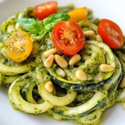 - 4 medium zucchinis, spiralized - 1 cup fresh basil leaves - 1/2 cup pine nuts (toasted) - 1/2 cup grated Parmesan cheese - 3 cloves garlic, minced - 1/2 cup extra virgin olive oil - 1/2 cup heavy cream or coconut cream for a dairy-free option - Salt and pepper to taste - Cherry tomatoes, halved (for garnish) - Additional pine nuts (for garnish) To make Creamy Pesto Zucchini Noodles, you need fresh ingredients. Start with four medium zucchinis. Spiralize them for that fun noodle shape. If you don't have a spiralizer, use a vegetable peeler to make thin strips. Next, gather your pesto ingredients. You will need one cup of fresh basil leaves. Fresh basil gives the best flavor. Also, toast half a cup of pine nuts to enhance their taste. You'll need half a cup of grated Parmesan cheese and three cloves of minced garlic. These ingredients blend well to create a rich pesto. For the creamy sauce, you'll use half a cup of extra virgin olive oil. This is essential for a smooth pesto. If you prefer a dairy-free option, swap the heavy cream for coconut cream. Lastly, season with salt and pepper to your taste. Don’t forget some garnishes! Halved cherry tomatoes add a pop of color. Use extra pine nuts for a nice crunch on top. With these ingredients, you're set for a delicious meal. {{ingredient_image_1}} Using a Spiralizer To start, grab your spiralizer. Cut off the ends of each zucchini. Place one zucchini in the spiralizer and twist it. This will create long, thin noodles. Repeat this for all four zucchinis. Once done, set them aside. Alternative Methods for Zucchini Noodles If you don’t have a spiralizer, don’t worry! You can use a vegetable peeler to make thin ribbons. Just peel the zucchini until you reach the seeds. This method works well too. Combining Ingredients in the Food Processor Now, let's make the pesto. Take your food processor and add the fresh basil leaves. Then, toss in the toasted pine nuts, grated Parmesan cheese, and minced garlic. Achieving the Perfect Consistency Pulse the mixture until it is finely chopped. Next, while the food processor runs, slowly pour in the olive oil. This helps to blend everything into a smooth paste. Add salt and pepper to taste, then set the pesto aside. Heating Cream and Mixing with Pesto In a large skillet, pour in the heavy cream over medium heat. Stir it gently to warm it up. Once the cream is hot, add the pesto. Mix well until you see a creamy sauce form. Incorporating Noodles into the Sauce Add the zucchini noodles to your creamy sauce. Toss them gently to coat all the noodles. Cooking Time and Desired Texture Cook for about 3 to 5 minutes. You want the noodles to be hot but still firm. This keeps their texture nice and fresh. Plating the Dish Once cooked, plate the creamy zucchini noodles. Use tongs to twist them into a neat mound. Garnishing for Flavor and Presentation For a pop of color, add halved cherry tomatoes on top. Sprinkle some extra toasted pine nuts for crunch. This adds flavor and makes the dish look fantastic. Enjoy your meal! Choosing Quality Zucchinis When picking zucchinis, look for firm ones with a shiny skin. Avoid any with soft spots or blemishes. Medium zucchinis work best for spiralizing. They offer the right balance of flavor and texture. Aim for zucchinis that feel heavy for their size. This weight means they are fresh and full of moisture. Best Types of Basil for Pesto Fresh basil is key to great pesto. Look for vibrant green leaves with no brown edges. Sweet basil is a classic choice, but you can try Genovese or Thai basil for different flavors. Each type brings its own unique aroma and taste. For a fun twist, mix in some spinach for extra nutrients! Adjusting Flavor and Consistency Taste your pesto as you make it. If it’s too thick, add more olive oil or cream. If it’s too bitter, add a pinch of salt or more cheese. A splash of lemon juice can brighten the flavors too. Every ingredient plays a part, so adjust to your liking. Substitutions for Allergies or Preferences If you have nut allergies, swap out pine nuts for sunflower seeds. You can also use nutritional yeast instead of Parmesan for a vegan option. Coconut cream is a great dairy-free choice for a rich texture. Be creative and find what works best for you! Tips for Cooking Zucchini Noodles When cooking zucchini noodles, heat them gently. High heat can make them soggy. Cook for 3 to 5 minutes until they are warm but still firm. Stir them gently to coat with sauce without breaking them. This keeps their lovely shape and crunch. Maintaining Nutritional Value To keep zucchini noodles healthy, avoid overcooking. Quick cooking preserves vitamins and minerals. Pair them with fresh ingredients like cherry tomatoes for added nutrients. This dish is not just tasty; it’s a smart choice for health too! Pro Tips Use Fresh Ingredients: For the best flavor in your pesto, use fresh basil and high-quality extra virgin olive oil. Customize Your Pesto: Feel free to experiment by adding other herbs like parsley or spinach to your pesto for a unique twist. Don't Overcook the Zucchini: Cook the zucchini noodles just until heated through to maintain their texture and avoid mushiness. Save Some Pasta Water: If the sauce is too thick, add a splash of reserved pasta cooking water to achieve the desired consistency. {{image_2}} You can easily make this dish dairy-free. First, swap heavy cream for coconut cream. Coconut cream gives a rich flavor without dairy. It keeps your dish creamy and smooth. For the pesto, use a vegan alternative. Replace Parmesan with nutritional yeast. This swap adds umami flavor and keeps it plant-based. You won’t miss the cheese in your creamy pesto! Want more protein? Add grilled chicken or shrimp. These options work well with the creamy sauce. Simply cook them first and toss them in at the end. If you prefer plant-based proteins, try tofu or chickpeas. They blend nicely with zucchini noodles. You can also use lentils for added texture and nutrition. Spice up your dish with more herbs and spices. Fresh herbs like parsley or thyme can add depth. You can also mix in a bit of lemon zest for brightness. If you like heat, add red pepper flakes. They bring a nice kick to the creamy pesto. Start with a small amount and adjust to your taste. Enjoy the extra flavor! After enjoying your creamy pesto zucchini noodles, store the leftovers properly. First, let the dish cool down to room temperature. This step helps prevent condensation inside the container. - Use an airtight container to keep your noodles fresh. - Place a paper towel inside the lid to absorb moisture. - Store in the fridge for up to three days. Keeping the pesto separate from the noodles can help retain the flavor and texture. When it’s time to enjoy your leftovers, reheating correctly is key. You want to keep the texture and flavor just right. - Microwave: Place the noodles in a microwave-safe dish. Cover it with a damp paper towel. Heat in short bursts, stirring in between. This method warms the dish evenly. - Stovetop: Heat a skillet over low heat. Add a splash of olive oil or a little water to avoid sticking. Stir gently until heated through. Avoid high heat as it can make the zucchini noodles mushy. You want them firm and tasty, just like when first made! Zucchini noodles, or zoodles, are noodles made from zucchini. They are a fun and healthy alternative to regular pasta. To make them, you can use a spiralizer or a vegetable peeler. - Nutritional Benefits of Zucchini Noodles: Zucchini is low in calories and high in water. It also contains vitamins A and C, which help support your immune system. Plus, zucchini has fiber, which aids digestion. - Comparisons with Traditional Pasta: Traditional pasta is high in carbs and calories. Zucchini noodles, on the other hand, are lighter and can be a great option for those watching their carbs. They also provide more nutrients and can help you feel full without the heavy feeling that pasta can bring. Yes, you can make pesto in advance. This saves time on busy days. - Storage Time for Pesto: You can store pesto in the fridge for about 5 days. Just make sure to keep it in an airtight container. - Tips for Freshness: To keep your pesto fresh, drizzle a bit of olive oil on top before sealing it. This helps prevent browning and keeps the flavor bright. Overcooked zucchini noodles can become mushy and lose their shape. - Signs of Overcooked Noodles: If your zoodles are limp and watery, they are overcooked. They should have a slight crunch to them. - Ideal Cooking Time for Zucchini Noodles: Aim for 3-5 minutes of cooking time. This will keep your noodles tender but still firm, giving you the perfect bite. You’ve learned how to make a tasty dish with zucchini noodles, pesto, and cream. This meal is simple yet full of flavor. Choose fresh ingredients and don't shy away from personalizing the pesto. Try different proteins or herbs to suit your taste. Remember to store any leftovers properly to keep them fresh. Your journey into healthy cooking can be fun and rewarding. Enjoy your delicious creation and the good food habits you've started!
