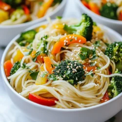 To make these tasty chili garlic noodle bowls, gather the following: - 200g rice noodles - 2 tablespoons sesame oil - 4 cloves garlic, minced - 1-2 red chilies, thinly sliced - 1 cup broccoli florets - 1 bell pepper, julienned - 1 carrot, julienned - 3 green onions, chopped - 1 tablespoon soy sauce - 1 tablespoon hoisin sauce - 1 teaspoon rice vinegar - ½ teaspoon sugar - Fresh cilantro for garnish - Sesame seeds for garnish If you want to adapt this dish, here are some options: - Use gluten-free rice noodles for a gluten-free version. - Swap soy sauce with tamari for a gluten-free option. - Try using coconut aminos for a lower-sodium alternative. - For a vegan dish, ensure the hoisin sauce is vegan-friendly. - Replace vegetables based on what you like or have on hand. Certain ingredients boost the flavor of your noodle bowls: - Garlic brings a rich and aromatic taste. - Red chilies add heat; adjust to match your spice level. - Sesame oil gives a nutty flavor, enhancing the overall dish. - Soy sauce and hoisin sauce offer umami, making every bite savory. - Fresh cilantro and sesame seeds add a fresh flair and crunch. These ingredients come together to create a bright and flavorful meal. You can feel free to mix and match based on your taste! {{ingredient_image_1}} First, grab your rice noodles. Cook them as the package says. Usually, this takes just a few minutes. Once they are soft, drain them and set them aside. Next, take a small bowl. Mix soy sauce, hoisin sauce, rice vinegar, and sugar in it. Stir well until the sugar dissolves. Set this sauce aside for later use. Now, heat sesame oil in a large skillet or wok over medium heat. Add minced garlic and sliced chilies. Stir them for 1-2 minutes until they smell great. This step adds a nice kick to your dish. It’s time for the veggies! Toss in broccoli, bell pepper, and carrot. Stir-fry these for about 3-5 minutes. You want them to be tender but still crisp. This keeps their bright colors and nutrients. Now, add the drained noodles to the skillet. Pour the sauce you made over the noodles. Toss everything together for 2-3 minutes until hot. This will coat the noodles well with flavor. To finish, stir in the chopped green onions. This adds freshness. Now, divide your noodle mix into bowls. Garnish with fresh cilantro and a sprinkle of sesame seeds. Enjoy your beautiful and tasty Chili Garlic Noodle Bowls! To get a great stir-fry, heat your skillet well. Use medium heat and add sesame oil. Wait until the oil shimmers before adding garlic and chilies. Stir constantly. This keeps them from burning. Add your vegetables in batches. This helps them cook evenly. Keep the veggies crisp by not overcooking them. You can control the spice by adjusting the chilies. Use one chili for mild heat. For more spice, add two or even three. If you want a different flavor, try using chili flakes instead. You can also add a spoon of chili paste for extra kick. Taste as you go to find your perfect balance. Serve your noodle bowls in deep dishes. Start with a layer of noodles at the bottom. Then, add the colorful veggies on top. This makes each bowl look vibrant. Drizzle a little sesame oil for shine. Finish with fresh cilantro and sesame seeds for a nice touch. This not only looks good but also adds flavor. Pro Tips Adjust Spice Level: Feel free to modify the number of chilies according to your heat preference. Start with one for a milder dish and add more for extra kick. Vegetable Variations: You can substitute the vegetables based on what you have on hand. Snow peas, zucchini, or snap peas work wonderfully as alternatives. Meal Prep Friendly: This dish can be made ahead of time. Just store the cooked noodles and sautéed vegetables in separate containers and reheat when ready to serve. Garnish for Flavor: Fresh herbs like basil or mint can be used instead of cilantro for a different flavor profile. A squeeze of lime juice just before serving enhances the dish beautifully. {{image_2}} You can add protein to your chili garlic noodle bowls. Tofu is a great choice for a vegetarian option. Just cube it and sauté until golden. Chicken adds a nice flavor too. Cut it into thin strips and cook until no longer pink. Shrimp is another tasty option. Cook shrimp until they turn pink and opaque. Each protein enhances the dish and makes it more filling. Feel free to swap vegetables based on your taste or what you have. Zucchini adds a nice crunch. Slice it thin and add it when you stir-fry. Snap peas bring a sweet touch. Toss them in with the other veggies for a pop of color. You can use any fresh veggies you like. Just remember to keep them crisp for the best texture. If you need a gluten-free option, rice noodles are a perfect choice. They are naturally gluten-free, so you can enjoy this dish worry-free. You can also use quinoa or gluten-free pasta. Just cook them according to their package instructions. This way, everyone can enjoy the flavors without concern. After you enjoy your meal, let the leftovers cool. Place them in an airtight container. Store the container in the fridge. Leftovers will stay fresh for about three days. Make sure to cover them well to keep out air. When you’re ready to eat again, take the noodles out. Place them in a microwave-safe bowl. Add a splash of water to help steam them. Heat for 1-2 minutes, stirring halfway. This keeps the noodles moist and tasty. You can also reheat them in a skillet on low heat. Just add a bit of oil and stir until warm. If you want to save some for later, you can freeze the noodles. Place them in a freezer-safe bag or container. Squeeze out as much air as you can. This helps prevent freezer burn. They can last up to three months in the freezer. To thaw, move them to the fridge overnight. You can also use the microwave to defrost them. Just make sure to heat them well before serving. You can use several other noodles. Try using udon, soba, or egg noodles. Gluten-free options include rice or zucchini noodles. Each type adds its own flavor and texture. Experiment to find your favorite! The spice level depends on how many chilies you use. One chili gives a mild kick. Two chilies make it spicy but still enjoyable for most. Adjust based on your taste. You can always add more chili later if needed. Yes, you can make this dish vegan easily. Just swap the hoisin sauce for a vegan brand. Also, check your noodles to ensure they are egg-free. This keeps all the flavors while making it plant-based. The sauce needs four key ingredients for great taste: soy sauce, hoisin sauce, rice vinegar, and sugar. These work together to create a balanced flavor. Do not skip any of them for the best results. You can keep leftover noodles in the fridge for up to three days. Store them in an airtight container to maintain freshness. Reheat them well in a pan or microwave before eating again. This guide covered ingredients, steps, and tips for making chili garlic noodle bowls. You learned about flavor boosters and how to adapt the recipe to fit dietary needs. I shared ways to store leftovers and answered common questions. Remember, cooking is fun! Feel free to experiment with different proteins and veggies. Enjoy your dish, and share it with friends. Happy cooking!
