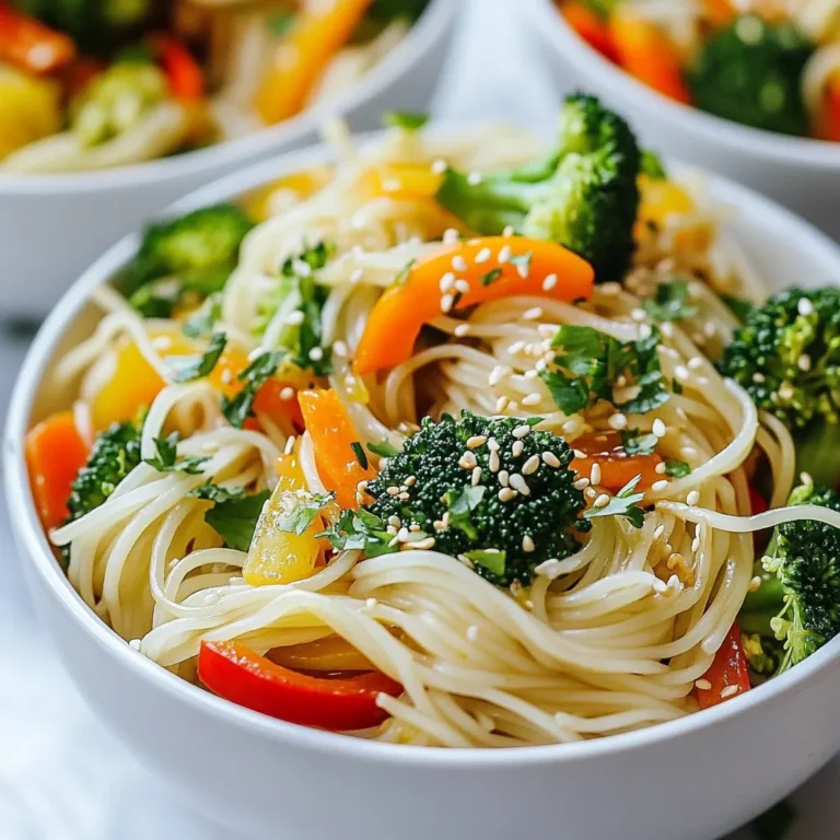 To make these tasty chili garlic noodle bowls, gather the following: - 200g rice noodles - 2 tablespoons sesame oil - 4 cloves garlic, minced - 1-2 red chilies, thinly sliced - 1 cup broccoli florets - 1 bell pepper, julienned - 1 carrot, julienned - 3 green onions, chopped - 1 tablespoon soy sauce - 1 tablespoon hoisin sauce - 1 teaspoon rice vinegar - ½ teaspoon sugar - Fresh cilantro for garnish - Sesame seeds for garnish If you want to adapt this dish, here are some options: - Use gluten-free rice noodles for a gluten-free version. - Swap soy sauce with tamari for a gluten-free option. - Try using coconut aminos for a lower-sodium alternative. - For a vegan dish, ensure the hoisin sauce is vegan-friendly. - Replace vegetables based on what you like or have on hand. Certain ingredients boost the flavor of your noodle bowls: - Garlic brings a rich and aromatic taste. - Red chilies add heat; adjust to match your spice level. - Sesame oil gives a nutty flavor, enhancing the overall dish. - Soy sauce and hoisin sauce offer umami, making every bite savory. - Fresh cilantro and sesame seeds add a fresh flair and crunch. These ingredients come together to create a bright and flavorful meal. You can feel free to mix and match based on your taste! {{ingredient_image_1}} First, grab your rice noodles. Cook them as the package says. Usually, this takes just a few minutes. Once they are soft, drain them and set them aside. Next, take a small bowl. Mix soy sauce, hoisin sauce, rice vinegar, and sugar in it. Stir well until the sugar dissolves. Set this sauce aside for later use. Now, heat sesame oil in a large skillet or wok over medium heat. Add minced garlic and sliced chilies. Stir them for 1-2 minutes until they smell great. This step adds a nice kick to your dish. It’s time for the veggies! Toss in broccoli, bell pepper, and carrot. Stir-fry these for about 3-5 minutes. You want them to be tender but still crisp. This keeps their bright colors and nutrients. Now, add the drained noodles to the skillet. Pour the sauce you made over the noodles. Toss everything together for 2-3 minutes until hot. This will coat the noodles well with flavor. To finish, stir in the chopped green onions. This adds freshness. Now, divide your noodle mix into bowls. Garnish with fresh cilantro and a sprinkle of sesame seeds. Enjoy your beautiful and tasty Chili Garlic Noodle Bowls! To get a great stir-fry, heat your skillet well. Use medium heat and add sesame oil. Wait until the oil shimmers before adding garlic and chilies. Stir constantly. This keeps them from burning. Add your vegetables in batches. This helps them cook evenly. Keep the veggies crisp by not overcooking them. You can control the spice by adjusting the chilies. Use one chili for mild heat. For more spice, add two or even three. If you want a different flavor, try using chili flakes instead. You can also add a spoon of chili paste for extra kick. Taste as you go to find your perfect balance. Serve your noodle bowls in deep dishes. Start with a layer of noodles at the bottom. Then, add the colorful veggies on top. This makes each bowl look vibrant. Drizzle a little sesame oil for shine. Finish with fresh cilantro and sesame seeds for a nice touch. This not only looks good but also adds flavor. Pro Tips Adjust Spice Level: Feel free to modify the number of chilies according to your heat preference. Start with one for a milder dish and add more for extra kick. Vegetable Variations: You can substitute the vegetables based on what you have on hand. Snow peas, zucchini, or snap peas work wonderfully as alternatives. Meal Prep Friendly: This dish can be made ahead of time. Just store the cooked noodles and sautéed vegetables in separate containers and reheat when ready to serve. Garnish for Flavor: Fresh herbs like basil or mint can be used instead of cilantro for a different flavor profile. A squeeze of lime juice just before serving enhances the dish beautifully. {{image_2}} You can add protein to your chili garlic noodle bowls. Tofu is a great choice for a vegetarian option. Just cube it and sauté until golden. Chicken adds a nice flavor too. Cut it into thin strips and cook until no longer pink. Shrimp is another tasty option. Cook shrimp until they turn pink and opaque. Each protein enhances the dish and makes it more filling. Feel free to swap vegetables based on your taste or what you have. Zucchini adds a nice crunch. Slice it thin and add it when you stir-fry. Snap peas bring a sweet touch. Toss them in with the other veggies for a pop of color. You can use any fresh veggies you like. Just remember to keep them crisp for the best texture. If you need a gluten-free option, rice noodles are a perfect choice. They are naturally gluten-free, so you can enjoy this dish worry-free. You can also use quinoa or gluten-free pasta. Just cook them according to their package instructions. This way, everyone can enjoy the flavors without concern. After you enjoy your meal, let the leftovers cool. Place them in an airtight container. Store the container in the fridge. Leftovers will stay fresh for about three days. Make sure to cover them well to keep out air. When you’re ready to eat again, take the noodles out. Place them in a microwave-safe bowl. Add a splash of water to help steam them. Heat for 1-2 minutes, stirring halfway. This keeps the noodles moist and tasty. You can also reheat them in a skillet on low heat. Just add a bit of oil and stir until warm. If you want to save some for later, you can freeze the noodles. Place them in a freezer-safe bag or container. Squeeze out as much air as you can. This helps prevent freezer burn. They can last up to three months in the freezer. To thaw, move them to the fridge overnight. You can also use the microwave to defrost them. Just make sure to heat them well before serving. You can use several other noodles. Try using udon, soba, or egg noodles. Gluten-free options include rice or zucchini noodles. Each type adds its own flavor and texture. Experiment to find your favorite! The spice level depends on how many chilies you use. One chili gives a mild kick. Two chilies make it spicy but still enjoyable for most. Adjust based on your taste. You can always add more chili later if needed. Yes, you can make this dish vegan easily. Just swap the hoisin sauce for a vegan brand. Also, check your noodles to ensure they are egg-free. This keeps all the flavors while making it plant-based. The sauce needs four key ingredients for great taste: soy sauce, hoisin sauce, rice vinegar, and sugar. These work together to create a balanced flavor. Do not skip any of them for the best results. You can keep leftover noodles in the fridge for up to three days. Store them in an airtight container to maintain freshness. Reheat them well in a pan or microwave before eating again. This guide covered ingredients, steps, and tips for making chili garlic noodle bowls. You learned about flavor boosters and how to adapt the recipe to fit dietary needs. I shared ways to store leftovers and answered common questions. Remember, cooking is fun! Feel free to experiment with different proteins and veggies. Enjoy your dish, and share it with friends. Happy cooking!