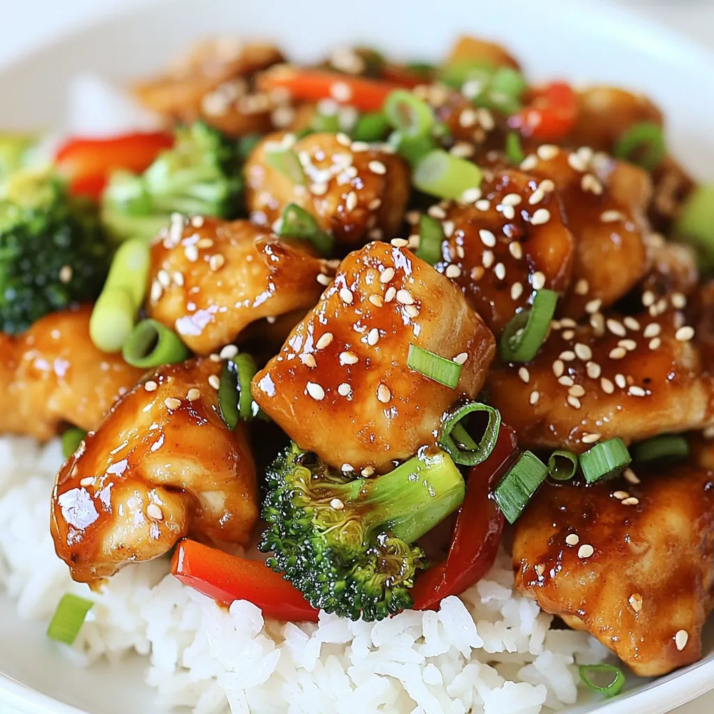 - 500g chicken thighs, boneless and skinless, cut into bite-sized pieces - 1/2 cup sweet Thai chili sauce - 2 tablespoons soy sauce - 1 tablespoon fish sauce - 2 cloves garlic, minced - 1 teaspoon fresh ginger, grated - 1 red bell pepper, thinly sliced - 1 cup broccoli florets - 2 green onions, chopped - Sesame seeds - Cooked jasmine rice Gather these ingredients before you start. Fresh chicken thighs give a tender bite. Sweet Thai chili sauce adds a perfect balance of sweet and spicy. Soy sauce and fish sauce bring depth to the dish. Minced garlic and grated ginger enhance the flavor. They add warmth and brightness. Red bell pepper and broccoli are colorful and nutritious. They cook quickly and stay crisp. For garnishes, chopped green onions add onion flavor and crunch. Sesame seeds give a nutty touch. Serve the chicken over fluffy jasmine rice for a complete meal. This rice soaks up the delicious sauce well. Enjoy the vibrant colors and flavors on your plate! {{ingredient_image_1}} To start, mix the marinade. In a bowl, add the sweet Thai chili sauce, soy sauce, fish sauce, minced garlic, grated ginger, and cornstarch. Stir until smooth. This marinade will give your chicken a wonderful flavor. Next, add the chicken pieces to the bowl. Make sure each piece is well coated in the marinade. Cover the bowl and let it sit for at least 30 minutes. If you have time, marinate it in the fridge for up to 2 hours. This step is key for deep flavor. Now, heat 2 tablespoons of vegetable oil in a large skillet or wok over medium-high heat. Once the oil is hot, add the marinated chicken. Spread it in a single layer. Cook the chicken for about 5 to 7 minutes. Stir occasionally to ensure even cooking. The chicken should turn golden brown and be cooked all the way through. To check if it's done, cut a piece in half. There should be no pink inside, and the juices should run clear. Next, it’s time to add some color and crunch. Toss in the sliced red bell pepper and broccoli florets. Stir-fry these for about 3 to 4 minutes. You want them to be crisp-tender and bright in color. Once the veggies are cooked, pour any remaining marinade into the skillet. Stir everything together to coat it in the sauce. Let it cook for about one more minute. This will thicken the sauce just a bit, making it even more delicious. Now your Sweet Thai Chili Chicken dish is almost ready! To get the best flavor from your chicken, marination is key. First, mix your marinade well. The blend of sweet Thai chili sauce, soy sauce, fish sauce, garlic, ginger, and cornstarch makes a tasty coating. - Best practices for marinating chicken: - Use a large bowl for even coverage. - Make sure each piece of chicken is well coated. - Time recommendations for flavor absorption: - Marinate for at least 30 minutes. - For deeper flavor, aim for 2 hours in the fridge. Choosing the right cooking method matters. A skillet and a wok both work, but each has its own perks. - Skillet vs. wok cooking benefits: - A skillet is great for even cooking and a nice sear. - A wok allows for high heat and quick stir-frying. - Adjusting heat for optimal cooking: - Start with medium-high heat. - Adjust as needed to prevent burning the chicken. Garnishes can elevate your dish. Simple touches can make your meal look stunning. - Suggestions for additional garnishes: - Chopped green onions add color and crunch. - A sprinkle of sesame seeds gives a nice finish. - Pairing options with rice or noodles: - Serve over fluffy jasmine rice for a classic pairing. - Noodles also work well, soaking up the sauce. Pro Tips Marinate for Maximum Flavor: Allowing the chicken to marinate for at least 30 minutes, or up to 2 hours, enhances the flavors and tenderizes the meat. Use Fresh Ingredients: Fresh garlic and ginger significantly elevate the dish's flavor profile compared to dried alternatives. Control the Heat: Ensure your skillet or wok is hot before adding the chicken; this helps achieve a nice sear and prevents sticking. Customize Your Veggies: Feel free to swap in your favorite vegetables, such as snap peas or carrots, to suit your taste preferences. {{image_2}} You can switch chicken for other protein options. Tofu makes a great vegetarian choice. Shrimp is also tasty and cooks quickly. For veggies, use what is in season. Try snap peas or zucchini for a fresh twist. Want more heat? Add fresh chilies like Thai bird's eye chili. You can also use chili flakes to increase spice. If you prefer a milder dish, reduce the chili sauce. A dash of sugar can balance the heat too. Feel free to experiment with sauces. Try adding peanut sauce for a nutty taste. A splash of lime juice adds brightness. You can even mix different sauces for your own unique flavor. To store leftovers, place the Sweet Thai Chili Chicken in an airtight container. Make sure it cools to room temperature first. This keeps the taste fresh for up to three days. If you want to enjoy it later, keep the chicken and rice in separate containers. This helps prevent sogginess in the rice. You can freeze Sweet Thai Chili Chicken for up to three months. To freeze, let it cool completely. Then, put it in a freezer-safe container or a zip-top bag. Squeeze out as much air as possible. When ready to eat, thaw it overnight in the fridge. To reheat, use the stovetop or microwave. If you use the stovetop, heat it in a pan over low heat. Stir often to keep it from sticking. This method helps avoid sogginess. If using a microwave, cover it with a damp paper towel to keep moisture in. Always check that it reaches 165°F for safety. Sweet Thai Chili Chicken is a bright and tasty dish. It blends sweet and spicy flavors, perfect for a quick meal. The dish comes from Thailand and uses sweet Thai chili sauce. This sauce gives it a unique taste. You can find it in many Asian markets. You make this dish with chicken, fresh veggies, and a savory sauce. It’s a favorite for many because of its bold flavors and ease of cooking. Yes, you can make Sweet Thai Chili Chicken ahead of time. The chicken can marinate for up to two hours. This helps the flavors soak in. Once cooked, you can store leftovers in the fridge for up to three days. To keep it fresh, place it in an airtight container. For longer storage, you can freeze it. Just make sure to cool the dish first. It will stay good in the freezer for about three months. When ready to eat, thaw it overnight in the fridge and reheat it. You can serve Sweet Thai Chili Chicken with many sides. Here are some tasty options: - Cooked jasmine rice - Steamed or stir-fried vegetables - Noodles with soy sauce - Fresh salad with lime dressing - Spring rolls for a crunchy bite These sides complement the flavors of the chicken well. Enjoy mixing and matching to find your perfect meal! This blog post explored how to make Sweet Thai Chili Chicken. I discussed main ingredients, step-by-step cooking, and tips for the best results. You can easily enhance flavors with various herbs or sauces. Remember, you can swap chicken for tofu or shrimp for variety. Storing leftovers properly is key to enjoying the dish later. With these insights, you'll impress your family and friends. Get cooking and enjoy all that great taste!