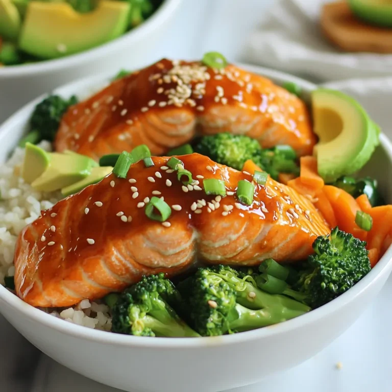 To make delightful sesame teriyaki salmon bowls, gather these ingredients: - 2 salmon fillets (6 oz each) - 1/4 cup teriyaki sauce - 2 teaspoons sesame oil - 1 cup cooked brown rice - 1 cup mixed steamed vegetables (broccoli, carrots, snap peas) - 2 green onions, sliced - 1 tablespoon sesame seeds - Optional: 1 avocado, sliced - Salt and pepper to taste Salmon is rich in omega-3 fatty acids. These fats are great for your heart and brain health. Brown rice offers fiber, which helps with digestion. It also keeps you full longer. Mixed vegetables give you vitamins and minerals. They boost your immune system and support good health. Sesame seeds add calcium and antioxidants. The teriyaki sauce brings flavor, but check for sugar content. You can change your bowls to fit your taste. Try adding sliced avocado for creaminess. You can also use other veggies like bell peppers or zucchini. If you want more spice, add chili flakes or sriracha. For a nutty flavor, sprinkle some crushed nuts on top. Feel free to mix and match! {{ingredient_image_1}} First, gather your ingredients. You need: - 2 salmon fillets (6 oz each) - 1/4 cup teriyaki sauce - 2 teaspoons sesame oil - 1 cup cooked brown rice - 1 cup mixed steamed vegetables (like broccoli, carrots, and snap peas) - 2 green onions, sliced - 1 tablespoon sesame seeds - Optional: 1 avocado, sliced - Salt and pepper to taste Wash your vegetables and slice the green onions. If you want avocado, slice it too. Next, preheat your oven to 400°F (200°C). Line a baking sheet with parchment paper. Place the salmon fillets skin-side down on the sheet. In a small bowl, mix the teriyaki sauce and sesame oil. Brush this mix over the salmon. Save a little for later. Season with salt and pepper. Bake the salmon for 12-15 minutes. It's ready when it flakes easily with a fork. While the salmon bakes, steam your mixed vegetables for about 5-7 minutes. In each serving bowl, layer cooked brown rice at the bottom. Once the salmon is done, place a fillet on top of the rice. Add the steamed veggies beside the salmon. Drizzle the reserved teriyaki sauce on top. Finish with sliced green onions and sesame seeds. If you have avocado, add it as a fresh garnish. Enjoy your meal! To get the best salmon, start with fresh fillets. Look for bright color and no fishy smell. Always preheat your oven to 400°F (200°C) for even cooking. Lining your baking sheet with parchment paper helps prevent sticking. Brush the salmon with the teriyaki sauce mix for flavor. Bake it for 12-15 minutes until it flakes easily. A fork should glide through without much effort. This keeps the salmon juicy and tender. Steaming vegetables is simple. Use a pot with a steamer basket for best results. Fill the pot with water, but not too much. You want the water to touch the bottom of the basket. Bring the water to a boil, then add your mixed vegetables. Cover the pot and steam for about 5-7 minutes. Check for tenderness by piercing with a fork. They should be bright and crisp, not mushy. Steamed veggies keep their nutrients and taste fresh. You can mix it up with different flavors. Try adding garlic or ginger to the teriyaki sauce for a kick. A dash of lime juice brings a zesty twist. If you love spice, sprinkle some red pepper flakes on top. You can also switch out the vegetables. Bell peppers or zucchini work well, too. For a creamier addition, slice up some avocado on top. These tweaks can make your meal unique every time you cook it. Pro Tips Freshness Matters: Always choose fresh salmon for the best flavor and texture. Check for a bright color and firm texture when selecting your fillets. Customize Your Veggies: Feel free to swap in your favorite vegetables or whatever you have on hand. Bell peppers, zucchini, and spinach are great alternatives! Perfect Rice: For extra flavor, cook your brown rice in vegetable broth instead of water. This adds depth to your dish. Serving Suggestions: For a complete meal, serve with a side of miso soup or a simple cucumber salad to balance the flavors. {{image_2}} You can swap salmon for other fish. Try trout or cod for a lighter taste. Chicken works well too, just adjust the cooking time. Tofu is a great choice for a plant-based option. It soaks up flavors nicely. Brown rice brings a nutty flavor, but white rice is good too. Quinoa offers a protein boost and a unique texture. Cauliflower rice is perfect for a low-carb meal. It adds crunch and absorbs the sauce well. If you want something different, try soy sauce or miso. Spicy mayo adds a kick that some enjoy. A mix of ginger and garlic can enhance the dish's flavor. Experiment with honey or spicy chili sauce for sweetness or heat. After enjoying your sesame teriyaki salmon bowls, store leftovers in airtight containers. Keep the salmon, rice, and veggies separate when possible. This helps keep everything fresh. Place containers in the fridge. They will last for up to three days. To reheat, you can use a microwave or an oven. If using a microwave, place the salmon and rice on a microwave-safe plate. Cover it with a damp paper towel to keep moisture. Heat in short bursts of 30 seconds until warm. For the oven, preheat to 350°F (175°C). Place the salmon and rice in a baking dish, cover with foil, and heat for about 10-15 minutes. If you want to freeze the bowls, make sure to cool everything first. Place the salmon, rice, and veggies in freezer-safe containers. Label the containers with the date. You can freeze them for up to one month. When ready to eat, thaw them in the fridge overnight before reheating. Yes, you can use frozen salmon. Thaw it first in the fridge overnight. This way, it cooks evenly. Make sure to pat it dry before adding the teriyaki sauce. A dry surface helps the sauce stick well and gives a nice glaze. If you don't have teriyaki sauce, you can use soy sauce. Add a bit of honey or brown sugar to mimic the sweetness. You can also try a mix of soy sauce and rice vinegar. This will give a nice balance of salty and tangy flavors. Yes, this recipe works great for meal prep. You can cook multiple salmon fillets and store them. Keep the rice and veggies separate to avoid sogginess. Pack them in airtight containers for easy meals throughout the week. Just reheat before eating. This blog post covered how to make Sesame Teriyaki Salmon Bowls. We listed the key ingredients and their health benefits. You learned to bake salmon and assemble tasty bowls with rice and veggies. We also shared tips on cooking salmon perfectly and steaming veggies. Plus, there are options for substitutions and storage ideas. In the end, this dish is healthy, easy, and fun. You can mix and match to create your own version. Enjoy making these bowls and share them with others!