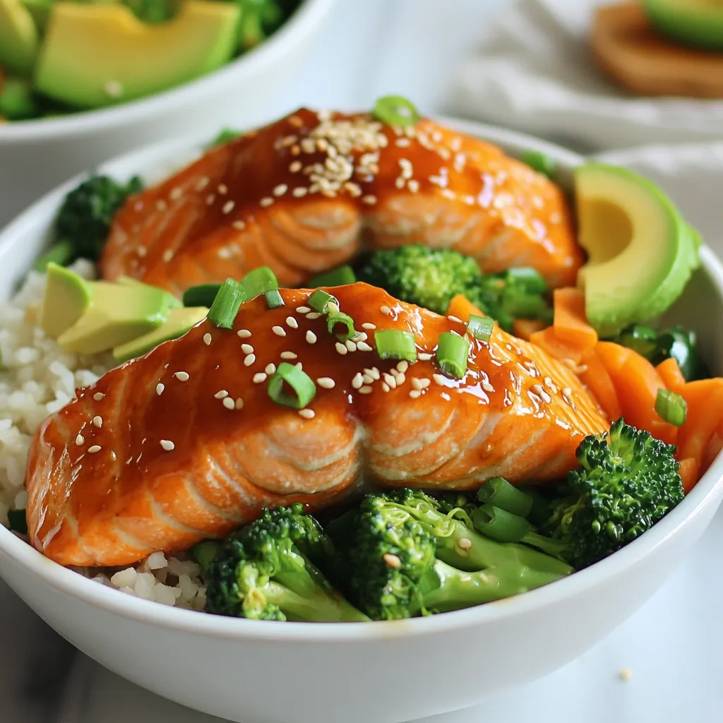 To make delightful sesame teriyaki salmon bowls, gather these ingredients: - 2 salmon fillets (6 oz each) - 1/4 cup teriyaki sauce - 2 teaspoons sesame oil - 1 cup cooked brown rice - 1 cup mixed steamed vegetables (broccoli, carrots, snap peas) - 2 green onions, sliced - 1 tablespoon sesame seeds - Optional: 1 avocado, sliced - Salt and pepper to taste Salmon is rich in omega-3 fatty acids. These fats are great for your heart and brain health. Brown rice offers fiber, which helps with digestion. It also keeps you full longer. Mixed vegetables give you vitamins and minerals. They boost your immune system and support good health. Sesame seeds add calcium and antioxidants. The teriyaki sauce brings flavor, but check for sugar content. You can change your bowls to fit your taste. Try adding sliced avocado for creaminess. You can also use other veggies like bell peppers or zucchini. If you want more spice, add chili flakes or sriracha. For a nutty flavor, sprinkle some crushed nuts on top. Feel free to mix and match! {{ingredient_image_1}} First, gather your ingredients. You need: - 2 salmon fillets (6 oz each) - 1/4 cup teriyaki sauce - 2 teaspoons sesame oil - 1 cup cooked brown rice - 1 cup mixed steamed vegetables (like broccoli, carrots, and snap peas) - 2 green onions, sliced - 1 tablespoon sesame seeds - Optional: 1 avocado, sliced - Salt and pepper to taste Wash your vegetables and slice the green onions. If you want avocado, slice it too. Next, preheat your oven to 400°F (200°C). Line a baking sheet with parchment paper. Place the salmon fillets skin-side down on the sheet. In a small bowl, mix the teriyaki sauce and sesame oil. Brush this mix over the salmon. Save a little for later. Season with salt and pepper. Bake the salmon for 12-15 minutes. It's ready when it flakes easily with a fork. While the salmon bakes, steam your mixed vegetables for about 5-7 minutes. In each serving bowl, layer cooked brown rice at the bottom. Once the salmon is done, place a fillet on top of the rice. Add the steamed veggies beside the salmon. Drizzle the reserved teriyaki sauce on top. Finish with sliced green onions and sesame seeds. If you have avocado, add it as a fresh garnish. Enjoy your meal! To get the best salmon, start with fresh fillets. Look for bright color and no fishy smell. Always preheat your oven to 400°F (200°C) for even cooking. Lining your baking sheet with parchment paper helps prevent sticking. Brush the salmon with the teriyaki sauce mix for flavor. Bake it for 12-15 minutes until it flakes easily. A fork should glide through without much effort. This keeps the salmon juicy and tender. Steaming vegetables is simple. Use a pot with a steamer basket for best results. Fill the pot with water, but not too much. You want the water to touch the bottom of the basket. Bring the water to a boil, then add your mixed vegetables. Cover the pot and steam for about 5-7 minutes. Check for tenderness by piercing with a fork. They should be bright and crisp, not mushy. Steamed veggies keep their nutrients and taste fresh. You can mix it up with different flavors. Try adding garlic or ginger to the teriyaki sauce for a kick. A dash of lime juice brings a zesty twist. If you love spice, sprinkle some red pepper flakes on top. You can also switch out the vegetables. Bell peppers or zucchini work well, too. For a creamier addition, slice up some avocado on top. These tweaks can make your meal unique every time you cook it. Pro Tips Freshness Matters: Always choose fresh salmon for the best flavor and texture. Check for a bright color and firm texture when selecting your fillets. Customize Your Veggies: Feel free to swap in your favorite vegetables or whatever you have on hand. Bell peppers, zucchini, and spinach are great alternatives! Perfect Rice: For extra flavor, cook your brown rice in vegetable broth instead of water. This adds depth to your dish. Serving Suggestions: For a complete meal, serve with a side of miso soup or a simple cucumber salad to balance the flavors. {{image_2}} You can swap salmon for other fish. Try trout or cod for a lighter taste. Chicken works well too, just adjust the cooking time. Tofu is a great choice for a plant-based option. It soaks up flavors nicely. Brown rice brings a nutty flavor, but white rice is good too. Quinoa offers a protein boost and a unique texture. Cauliflower rice is perfect for a low-carb meal. It adds crunch and absorbs the sauce well. If you want something different, try soy sauce or miso. Spicy mayo adds a kick that some enjoy. A mix of ginger and garlic can enhance the dish's flavor. Experiment with honey or spicy chili sauce for sweetness or heat. After enjoying your sesame teriyaki salmon bowls, store leftovers in airtight containers. Keep the salmon, rice, and veggies separate when possible. This helps keep everything fresh. Place containers in the fridge. They will last for up to three days. To reheat, you can use a microwave or an oven. If using a microwave, place the salmon and rice on a microwave-safe plate. Cover it with a damp paper towel to keep moisture. Heat in short bursts of 30 seconds until warm. For the oven, preheat to 350°F (175°C). Place the salmon and rice in a baking dish, cover with foil, and heat for about 10-15 minutes. If you want to freeze the bowls, make sure to cool everything first. Place the salmon, rice, and veggies in freezer-safe containers. Label the containers with the date. You can freeze them for up to one month. When ready to eat, thaw them in the fridge overnight before reheating. Yes, you can use frozen salmon. Thaw it first in the fridge overnight. This way, it cooks evenly. Make sure to pat it dry before adding the teriyaki sauce. A dry surface helps the sauce stick well and gives a nice glaze. If you don't have teriyaki sauce, you can use soy sauce. Add a bit of honey or brown sugar to mimic the sweetness. You can also try a mix of soy sauce and rice vinegar. This will give a nice balance of salty and tangy flavors. Yes, this recipe works great for meal prep. You can cook multiple salmon fillets and store them. Keep the rice and veggies separate to avoid sogginess. Pack them in airtight containers for easy meals throughout the week. Just reheat before eating. This blog post covered how to make Sesame Teriyaki Salmon Bowls. We listed the key ingredients and their health benefits. You learned to bake salmon and assemble tasty bowls with rice and veggies. We also shared tips on cooking salmon perfectly and steaming veggies. Plus, there are options for substitutions and storage ideas. In the end, this dish is healthy, easy, and fun. You can mix and match to create your own version. Enjoy making these bowls and share them with others!