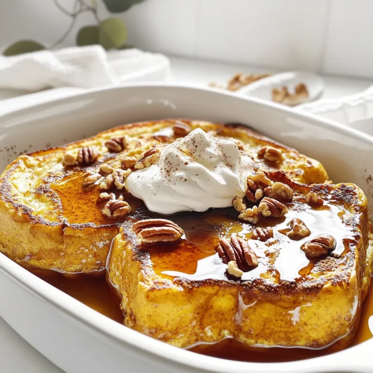To make Pumpkin Spice French Toast Bake, gather these simple ingredients: - 1 loaf of challah or brioche bread, cut into 1-inch cubes - 1 can (15 oz) pumpkin puree - 4 large eggs - 2 cups whole milk - 1/2 cup brown sugar - 1 tablespoon vanilla extract - 2 teaspoons pumpkin pie spice - 1 teaspoon ground cinnamon - 1/4 teaspoon salt - 1/2 cup chopped pecans (optional) Each ingredient plays a key role in this cozy dish. The bread gives it a soft base. Pumpkin puree adds flavor and moisture. Eggs and milk create a rich custard. Brown sugar sweetens the mix. Vanilla extract enhances the taste. Pumpkin pie spice and cinnamon bring warmth. Salt balances the sweetness. Chopped pecans add crunch, but they are optional. This recipe is easy to follow. You can find all these ingredients at any grocery store. Enjoy the lovely fall flavors with each bite! First, set your oven to 350°F (175°C). This step warms the oven for even baking. While it heats, grease a 9x13 inch baking dish with cooking spray. This helps the bake come out easily. In a large bowl, combine the pumpkin puree, eggs, whole milk, brown sugar, vanilla extract, pumpkin pie spice, ground cinnamon, and salt. Use a whisk to mix well. You want a smooth blend with no lumps. This mixture gives your bake that cozy pumpkin flavor. Next, add the cubed challah or brioche bread to the pumpkin mixture. Gently fold the bread into the mix. Make sure every piece gets coated well. If you like, stir in the chopped pecans for some crunch. Transfer the bread mixture to your greased baking dish. Spread it evenly across the dish. Cover the dish with aluminum foil and place it in the oven. Bake for 30 minutes. After that, remove the foil and bake for another 15-20 minutes. Look for a golden brown top and a set center. Once baked, let it cool for a few minutes. Slice it up and serve warm. Drizzle with maple syrup and add whipped cream on top. A sprinkle of cinnamon or extra pecans adds a nice touch. Enjoy your cozy treat! To get that perfect bake, preheat your oven to 350°F (175°C). Grease your 9x13-inch baking dish well. This helps the bake come out easily. Make sure to cover the dish with foil for the first 30 minutes. This keeps it moist as it cooks. After that, remove the foil. Let it bake for another 15 to 20 minutes. This will give you a nice golden top. Check that the center is set before you take it out. Serve this dish warm for the best taste. Slice it into squares and place each piece on a plate. Drizzle warm maple syrup on top. Add a dollop of whipped cream for extra flavor. You can also garnish with a little cinnamon or extra pecans. This makes it look fancy and taste even better. There are many tasty toppings you can use. Here are some ideas: - Fresh fruit like bananas or berries - Chopped walnuts or almonds - A sprinkle of powdered sugar - A dash of nutmeg for warmth Try different combinations to find your favorite. Each topping adds a unique twist to your Pumpkin Spice French Toast Bake. {{image_2}} You can make this dish gluten-free by using gluten-free bread. Look for a loaf labeled gluten-free. This bread often has a different texture. Make sure to check the package for the best taste. Follow the same steps with the gluten-free bread. The pumpkin mixture will still soak well and taste great. To make this recipe dairy-free, swap whole milk for a non-dairy milk. Almond milk or oat milk works well here. You can also use dairy-free butter to grease the pan. This keeps the bake moist and adds flavor. The pumpkin and spices still shine through. Want to switch up the flavors? You can add different spices like nutmeg or cloves. A dash of maple extract gives a sweet twist. You can also mix in chocolate chips for added sweetness. If you like fruit, diced apples or pears add freshness. These small changes can make your French toast bake unique and fun! Store any leftovers in an airtight container. It keeps well in the fridge for up to three days. When ready to eat, simply take it out. This makes breakfast easy for busy mornings! You can freeze Pumpkin Spice French Toast Bake too. Cut it into portions and wrap each piece tightly in foil. Then place them in a freezer-safe bag. It will last for up to two months. This helps you save time for later! To reheat, you have a few options. For the oven, preheat it to 350°F (175°C). Place the slices on a baking dish and cover with foil. Heat for about 15-20 minutes. If you're in a hurry, use the microwave. Heat each slice for about 30-45 seconds. Enjoy warm with your favorite toppings! Yes, you can use other breads like sourdough or white bread. I find that challah and brioche work best for a soft, rich texture. If you want a firmer bite, sourdough is a great choice. Just cut it into 1-inch cubes like the recipe states. This dish can last about three to four days in the fridge. Make sure to store it in an airtight container. If you notice it drying out, a drizzle of maple syrup can help revive the flavor. Yes, you can prepare it the night before. Just follow the steps until you place it in the oven. Cover it tightly and store it in the fridge. In the morning, bake it right away or let it sit at room temp for 30 minutes before baking. Absolutely! This bake is perfect for brunch. It serves eight people and is easy to prepare. You can make it a centerpiece with toppings like maple syrup, whipped cream, and nuts. Your guests will love it! This blog post covered how to make a delicious Pumpkin Spice French Toast Bake. We looked at key ingredients like challah bread and pumpkin puree. I shared step-by-step instructions to guide your baking process. You discovered tips for a perfect bake and several variations for different diets. Understanding storage and reheating methods helps keep your dish fresh. In summary, this recipe offers a tasty approach to brunch. Whether for a gathering or a cozy morning, it’s sure to please everyone. Happy cooking!