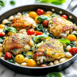 To make the Tuscan White Bean Chicken Skillet, gather these items: - 4 boneless, skinless chicken thighs - 1 can (15 oz) white beans, drained and rinsed (cannellini or great northern) - 1 cup cherry tomatoes, halved - 3 cups spinach (fresh or baby spinach) - 3 cloves garlic, minced - 1 medium onion, diced - 1 teaspoon dried oregano - 1 teaspoon dried basil - &frac12; teaspoon red pepper flakes (optional, for spice) - 2 tablespoons olive oil - Salt and pepper to taste - Fresh basil leaves for garnish You can swap ingredients in this recipe easily: - Use chicken breast instead of thighs if you prefer. - Any white bean works, such as navy or pinto beans. - Try grape tomatoes instead of cherry tomatoes for a different taste. - If you lack fresh spinach, frozen spinach is a good choice. Just thaw and squeeze out water. - Use onion powder if you don&rsquo;t have a fresh onion. Using fresh ingredients enhances flavor. Here are some tips: - Fresh garlic gives a strong taste. Always use fresh if you can. - Fresh herbs, like basil, add a burst of flavor. Dried herbs work too but use less. - Canned beans save time. Rinse them to cut sodium. - Fresh spinach has a crisp bite. Canned or frozen is softer but still tasty. - Always check for quality. Fresh items should look vibrant and firm. This dish comes together with simple, quality ingredients for a tasty meal. Enjoy the blend of flavors! {{ingredient_image_1}} Start by gathering your ingredients. You will need: - 4 boneless, skinless chicken thighs - 1 can (15 oz) white beans, drained and rinsed - 1 cup cherry tomatoes, halved - 3 cups spinach - 3 cloves garlic, minced - 1 medium onion, diced - 1 teaspoon dried oregano - 1 teaspoon dried basil - &frac12; teaspoon red pepper flakes (optional) - 2 tablespoons olive oil - Salt and pepper to taste - Fresh basil leaves for garnish Make sure to wash the spinach and tomatoes. Drain and rinse the white beans. Dicing the onion and mincing the garlic ahead of time will save you effort later. Heat the olive oil in a large skillet over medium heat. Season the chicken thighs with salt, pepper, half the dried oregano, and half the dried basil. Once the oil is hot, add the chicken. Cook each side for 6-7 minutes. Look for a golden brown color and ensure they are fully cooked. Remove the chicken and set it aside on a plate. In the same skillet, add the diced onion. Cook it for about 3-4 minutes until it turns translucent. Add the minced garlic, the remaining oregano, basil, and red pepper flakes if you like some heat. Saut&eacute; for a minute until it smells amazing. Next, toss in the halved cherry tomatoes. Cook them for 2-3 minutes. They should soften nicely. Now, stir in the white beans and spinach. Cook until the spinach wilts, which takes about 3-4 minutes. Finally, return the chicken to the skillet. Nestle it among the beans and veggies. Let everything cook for an additional 2-3 minutes to blend the flavors. Taste and adjust seasoning if needed. Garnish with fresh basil leaves before serving. Enjoy your dish! To get the best texture in your Tuscan white bean chicken skillet, focus on cooking the chicken right. Start by using boneless, skinless chicken thighs. They cook evenly and stay juicy. Sear them in hot olive oil until golden brown. This step adds flavor and makes the chicken tender. When adding the spinach, don't overcook it. Just let it wilt. This keeps the spinach vibrant and adds nice texture. You can easily boost flavor in this dish. Try adding a splash of lemon juice before serving. This adds brightness and cuts through the richness. You can also toss in fresh herbs like thyme or parsley. They give a fresh taste that pairs well with the beans and chicken. If you like spice, increase the red pepper flakes. You can also add a dash of balsamic vinegar for depth. Each tweak offers a new twist on this simple dish. Avoid cooking the chicken at too high a heat. This can cause burning, making it dry. Cook it medium heat to get that nice golden color without burning. Don't forget to taste your dish before serving. Adjust the salt and pepper to your liking. This small step can make a big difference in flavor. Lastly, don't skip the garnish! Fresh basil enhances the look and taste. It&rsquo;s a simple step that elevates your meal. Pro Tips Use Fresh Herbs: Fresh basil can elevate the dish&rsquo;s flavor. Add it at the end of cooking to preserve its vibrant taste. Perfectly Cooked Chicken: To ensure the chicken thighs remain juicy, avoid overcooking. Use a meat thermometer; they should reach an internal temperature of 165&deg;F (75&deg;C). Enhance Flavor: A splash of balsamic vinegar can add depth to the dish. Drizzle it in during the last few minutes of cooking for a sweet and tangy finish. Meal Prep Friendly: This dish stores well in an airtight container in the fridge for up to three days, making it perfect for meal prep! {{image_2}} You can easily make this dish vegetarian. Just swap the chicken for more beans or mushrooms. Use 1 can of chickpeas or add 8 ounces of sliced mushrooms. Both options give you protein and flavor. Cook the mushrooms until soft. This change keeps the dish hearty and satisfying. Feel free to mix up your beans and veggies. Instead of white beans, try black beans or kidney beans. Each type brings a different taste. For veggies, add zucchini or bell peppers. Just chop them up and toss them in with the other ingredients. This adds color and nutrition to the skillet. Herbs and spices can change the flavor of your dish. Instead of oregano and basil, try thyme or rosemary. A pinch of smoked paprika adds a nice smoky taste. If you like heat, increase the red pepper flakes. Experiment with flavors to find your favorite mix. Each change can make the dish uniquely yours. To keep your Tuscan White Bean Chicken Skillet fresh, let it cool first. Place the dish in an airtight container. Store it in the fridge for up to three days. It&rsquo;s best to keep the chicken and beans together to keep flavors strong. When you're ready to enjoy your leftovers, heat them gently. Place the skillet over medium heat. Add a splash of water or broth to keep it moist. Stir often until heated through, about 5-7 minutes. This way, your meal stays tasty and does not dry out. If you want to save some for later, freezing is a great option. Use a freezer-safe container to store the dish. Make sure to leave some space for expansion. This dish can freeze well for up to three months. To reheat, thaw overnight in the fridge before warming it up. Enjoy your meal with the same great taste! You can enjoy this dish with several sides. A simple green salad pairs well. Garlic bread or crusty bread is also great for soaking up the sauce. You might like to serve it with roasted vegetables for added flavor. For a heartier meal, consider pairing it with rice or quinoa. Yes, you can make this dish in advance. Cook it and let it cool completely. Store it in an airtight container in the fridge. It stays fresh for about three days. When ready to eat, just reheat it on the stove or in the microwave. The flavors will blend better after sitting for a bit. To check if the chicken is done, use a meat thermometer. The internal temperature should reach 165&deg;F (75&deg;C). If you don&rsquo;t have a thermometer, cut into the thickest part of the chicken. The meat should be white, not pink. Juices should run clear. Always ensure the chicken is cooked through for safety. This blog post covered key ingredients for your dish, including swaps and tips for freshness. We shared step-by-step instructions to ensure perfect cooking and flavor. Tips and tricks helped you avoid common mistakes and achieve great texture. We also explored variations for vegetarian options and flavor enhancements. Finally, proper storage and reheating methods were discussed to keep your dish fresh. By following these tips, you can make a tasty meal that everyone will love. Now, get cooking!