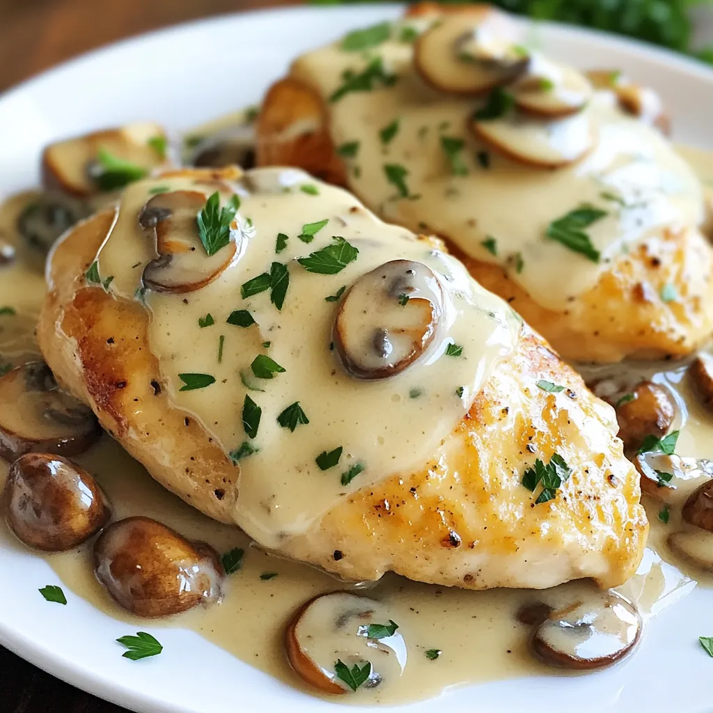 - 4 boneless, skinless chicken breasts - Salt and pepper to taste - 2 tablespoons olive oil - 8 ounces cremini mushrooms, sliced - 4 cloves garlic, minced - 1 cup chicken broth - 1 cup heavy cream - 1 cup grated Parmesan cheese - 1 teaspoon dried thyme - 1 teaspoon Italian seasoning - Fresh parsley, chopped (for garnish) This dish starts with simple, fresh ingredients that make it flavorful. The chicken breasts provide the main protein. You can use any boneless chicken cut. Salt and pepper enhance the chicken's flavor. Using olive oil gives a nice base for cooking. Cremini mushrooms add a rich taste. Garlic adds depth to the dish. Chicken broth brings moisture and flavor to the sauce. Heavy cream makes the sauce rich and creamy. Parmesan cheese adds savory notes, while thyme and Italian seasoning bring warmth. Finally, fresh parsley adds a bright touch to your meal. Each ingredient works together. You get a dish that is creamy, savory, and full of taste. By gathering these ingredients, you set the stage for a dinner that is sure to impress. {{ingredient_image_1}} - First, season the chicken breasts with salt and pepper. Make sure to cover both sides well. This brings out the best flavor. - Next, take a large skillet and heat olive oil over medium-high heat. Once hot, add the chicken breasts. Cook for about 5-7 minutes on each side. You want them golden brown and fully cooked. When done, remove them from the skillet and set aside. - In the same skillet, add the sliced mushrooms. Make sure to spread them out evenly. Sauté for about 4-5 minutes. Cook until they turn golden and tender. - After that, add the minced garlic to the skillet with the mushrooms. Sauté for an additional minute. This step adds a lovely aroma to your dish. - Now, pour in the chicken broth. Scrape any bits from the bottom of the skillet. This adds great flavor to your sauce. Let it simmer for 2-3 minutes. - Lower the heat and stir in the heavy cream and grated Parmesan cheese. Mix until the cheese melts and the sauce becomes creamy. - Add the dried thyme and Italian seasoning. Stir to combine everything well. Return the cooked chicken to the skillet. Coat each piece in that delicious creamy sauce. - Let the chicken simmer in the sauce for about 5 minutes. This allows it to absorb all those tasty flavors. Taste and adjust the seasoning with salt and pepper as needed. - Adjusting seasoning for flavor: Taste is key. Always check your salt and pepper. Add more if needed. A good balance makes the dish shine. - Ensuring the right sauce consistency: You want the sauce thick but not too thick. If it’s too thin, simmer longer. If it’s too thick, add more chicken broth or cream. - Tips for cooking chicken perfectly: Use medium-high heat. This helps the chicken brown well. Cook until the internal temperature reaches 165°F. This keeps it juicy. - Suggestions for sautéing mushrooms: Start with a hot skillet. This helps the mushrooms get golden. Don’t crowd the pan; it makes them steam instead of sauté. - Serving suggestions and garnishing tips: Plate the chicken with sauce on top. Sprinkle fresh parsley for color. This makes your dish look fancy and inviting. - Pairing with side dishes: This dish pairs well with rice or pasta. A side of steamed veggies also works nicely. They add freshness to the meal. Pro Tips Let the Chicken Rest: After cooking, allow the chicken to rest for a few minutes before slicing. This helps retain its juices and keeps the meat tender. Use Fresh Herbs: Fresh thyme and parsley can elevate the dish's flavor significantly compared to dried herbs. If possible, opt for fresh. Adjust the Creaminess: For a lighter sauce, you can substitute half of the heavy cream with low-fat milk or broth while still maintaining a creamy texture. Perfecting the Sauce: If the sauce is too thick, add a splash of chicken broth or water to reach your desired consistency. Stir well to combine. {{image_2}} You can switch up the mushrooms in this dish. Try using button mushrooms or shiitake for a different taste. Each type gives a unique flavor profile. If you want to change the protein, use turkey instead of chicken. Tofu is also a great option for a meat-free meal. Just check that the tofu is firm to hold its shape in the sauce. Adding vegetables can boost nutrients and flavor. Consider spinach, broccoli, or bell peppers. Sauté them alongside the mushrooms for a healthy twist. You can also add fresh herbs like basil or rosemary. These will give your dish a fresh and vibrant taste. A pinch of red pepper flakes will add a nice kick if you enjoy some heat. To make this dish gluten-free, use gluten-free chicken broth. Check the label on your Parmesan cheese, as some brands may contain gluten. For a dairy-free version, replace heavy cream with coconut milk or a plant-based cream. Nutritional yeast can add a cheesy flavor without dairy. Ensure you enjoy every bite while keeping your dietary needs in mind. To store leftovers, let the chicken cool down. Place it in an airtight container. Make sure the container seals well. Leftovers can stay fresh for up to three days in the fridge. If you want to enjoy it later, keep the sauce separate to avoid sogginess. Use glass or plastic containers that seal tightly. I prefer glass as it helps keep the food fresh. You can also use reusable silicone bags for easy storage. Label each container with the date. This way, you know how long it has been stored. You can freeze the dish for later use. Let the chicken cool completely before freezing. Place it in freezer-safe containers. This dish can last up to three months in the freezer. Just remember to seal the containers well to prevent freezer burn. To reheat, take the chicken out of the freezer and move it to the fridge overnight. This helps it thaw safely. You can also use the microwave to reheat it. Warm it on medium power for a few minutes. Stir the sauce occasionally for even heating. If the sauce is too thick, add a splash of chicken broth or cream while reheating. This keeps everything creamy and delicious! Can I make Creamy Parmesan Mushroom Chicken ahead of time? Yes, you can make this dish ahead of time. Cook the chicken and sauce, then cool it down. Store it in the fridge for up to three days. When ready to serve, gently reheat it on the stove. How do I ensure the sauce is creamy? To keep the sauce creamy, use heavy cream and grated Parmesan cheese. Stir them in slowly over low heat. This helps the cheese melt and blend well, giving you that rich texture we love. What can I serve with this dish? I love serving this chicken with pasta, rice, or mashed potatoes. You can also add a fresh salad or steamed veggies for a balanced meal. The creamy sauce pairs well with all these sides. Can I use pre-cooked chicken for this recipe? Absolutely! Using pre-cooked chicken saves time. Just skip the cooking step and add the chicken to the sauce. Heat it through until it's warm and coated with that delicious sauce. You can create a delicious Creamy Parmesan Mushroom Chicken with simple steps and tasty ingredients. We talked about preparing the chicken, sautéing mushrooms, and making a creamy sauce. With tips for perfecting the dish and ideas for variations, this recipe can suit any taste. Remember, this meal stores well in the fridge or freezer. With different options, you can enjoy this dish in many ways. Cook, share, and enjoy!