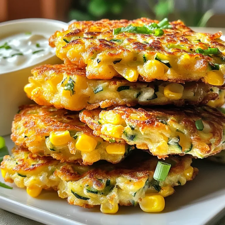 To make these delightful fritters, you need fresh ingredients. Here’s the list: - 2 medium zucchinis, grated - 1 cup sweet corn kernels (fresh or frozen) - 1/2 cup all-purpose flour - 2 large eggs, beaten - 1/4 cup green onions, finely chopped - 1/4 cup grated Parmesan cheese - 1 teaspoon cumin powder - 1/2 teaspoon paprika - Salt and pepper to taste - 3 tablespoons olive oil (for frying) Each ingredient brings a unique flavor and texture. The zucchini keeps them moist, while the corn adds a sweet crunch. The eggs bind everything together. The green onions give a fresh touch, and the Parmesan adds a savory taste. Spice it up with cumin and paprika, which create warmth and depth. Finally, the olive oil is key for that golden, crispy finish. {{ingredient_image_1}} Start by grating the zucchinis. You can use a box grater or a food processor for this. Once grated, place the zucchini in a clean kitchen towel. Squeeze out as much moisture as you can. This step is very important. If you skip it, your fritters may turn out soggy. In a large bowl, mix the drained zucchini with one cup of sweet corn and finely chopped green onions. Stir in the two beaten eggs, which will help bind everything together. In another bowl, whisk together half a cup of all-purpose flour, cumin, paprika, salt, and pepper. Gradually add this dry mix to your zucchini and corn mix. Fold in a quarter cup of grated Parmesan cheese for extra flavor. Heat a tablespoon of olive oil in a non-stick skillet over medium heat. Once the oil is hot, drop spoonfuls of your fritter mixture into the skillet. Flatten them slightly with the back of your spoon to form nice patties. Cook each fritter for about three to four minutes on each side. You want them to be golden brown and crispy. Add more olive oil as needed between batches. After cooking, place the fritters on a plate lined with paper towels to soak up any extra oil. To avoid soggy fritters, you must remove excess moisture from the zucchini. Grate the zucchini and place it in a clean kitchen towel. Squeeze out as much liquid as you can. This step is key for a crispy texture. For the best cooking method, use a non-stick skillet and heat olive oil over medium heat. This temperature helps the fritters cook evenly. Cook them for about 3-4 minutes on each side until golden brown. If they need more time, adjust the heat to avoid burning. I love to garnish my fritters with fresh herbs like parsley or cilantro. A dip of yogurt or sour cream adds creaminess. These toppings not only enhance the flavor, but they also make the dish look vibrant. Serve the fritters warm for the best taste. For an attractive plate, arrange the fritters on a colorful platter. Consider stacking them slightly for height. You can also use small bowls for dips on the side. This way, your dish looks inviting and fun. Get creative with your serving options to impress your guests! Pro Tips Moisture Management: Squeeze out as much moisture as possible from the grated zucchini to prevent soggy fritters. Flavor Variations: Experiment with different herbs and spices, such as dill or chili flakes, to customize the flavor of your fritters. Fritter Size: For even cooking, keep the fritter sizes consistent when dropping them into the skillet. Serving Suggestions: Pair the fritters with a zesty dipping sauce or a fresh salad for a complete meal experience. {{image_2}} If you want to make your zucchini corn fritters gluten-free, simply swap out all-purpose flour for a gluten-free blend. Many brands offer great mixes that work well in this recipe. You can also use almond flour or coconut flour. Both add a unique flavor and still keep the fritters light. For a dairy-free option, you can replace the Parmesan cheese with nutritional yeast. This adds a cheesy taste without any dairy. You can also use vegan cheese if you prefer. It melts nicely and gives a good flavor. To spice things up, try adding chili powder or garlic powder to your fritter mix. These spices bring a warm kick and depth to the flavor. You can start with a small amount and add more if you want a stronger taste. Incorporating fresh herbs can brighten the dish. Basil and dill pair well with zucchini and corn. Chop them finely and mix them into the batter for a fresh burst of flavor. You can add more veggies for extra color and taste. Diced bell peppers add a sweet crunch. Grated carrots also work nicely, giving both sweetness and nutrition. Using different types of corn can change the taste. Roasted corn adds a smoky flavor, while grilled corn brings a charred sweetness. Both options elevate the fritters, making them a fun twist on the classic recipe. To keep your leftover zucchini corn fritters fresh, follow these tips: - Cool them down: Let the fritters cool completely before storing. - Use an airtight container: Place them in a container that seals tightly. This keeps them from drying out. - Refrigerate: Store the fritters in the fridge. They stay good for about 3 to 4 days. If you want to keep them longer, consider freezing. Wrap them in plastic wrap, then place them in a freezer bag. They can last up to 3 months in the freezer. When it’s time to enjoy your fritters again, you can reheat them easily. Here are two great methods: - Oven: Preheat your oven to 375°F (190°C). Place the fritters on a baking sheet. Heat for 10 to 15 minutes. This method keeps them crispy. - Skillet: Heat a non-stick skillet over medium heat. Add a little olive oil. Cook the fritters for about 3 to 4 minutes on each side. This method restores their crunch. Both methods help maintain the yummy crispiness of your fritters. Enjoy them just like when they were fresh! Yes, you can make zucchini corn fritters ahead of time. To prep in advance, follow these tips: - Grate the zucchini and squeeze out moisture a day before. This helps keep your fritters from becoming soggy. - Mix the batter and store it in the fridge for up to 24 hours. This allows the flavors to blend. - Cook the fritters when you are ready to serve. Freshly cooked fritters taste best. Zucchini corn fritters pair well with several side dishes. Here are some tasty options: - Yogurt dip: A tangy yogurt dip adds creaminess and a nice contrast. - Sour cream: A dollop of sour cream enhances the flavors. - Fresh herbs: Try parsley or cilantro for a burst of freshness. - Salad: A light salad with lemon dressing brings a refreshing touch. You can easily make zucchini corn fritters vegan. Here are some simple swaps: - Egg replacement: Use 1/4 cup of unsweetened applesauce or a flax egg (1 tablespoon ground flaxseed mixed with 2.5 tablespoons water). - Cheese alternative: Choose a dairy-free cheese or omit it entirely for a lighter fritter. - Adjustments: Make sure to check the flour for any non-vegan additives. Use a gluten-free flour if desired. Zucchini corn fritters are simple and fun to make. We explored the key ingredients and steps, ensuring you know how to get the right texture and flavor. Remember to drain your zucchini well for crispy fritters. You can also mix things up with different herbs or spices to suit your taste. Store any extras in the fridge and reheat for a quick snack. Enjoy making these tasty fritters for yourself or to share!