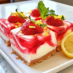 - 1 ½ cups graham cracker crumbs - ⅓ cup granulated sugar - ½ cup unsalted butter, melted - 16 oz cream cheese, softened - 1 cup granulated sugar - 2 large eggs - ⅓ cup sour cream - ¼ cup fresh lemon juice - Zest of 1 lemon - 1 cup fresh strawberries, pureed - 1 tablespoon cornstarch Graham cracker crumbs form the base. They give a sweet and crunchy texture. Use unsalted butter for better control of salt levels. Cream cheese provides that rich, creamy filling. Make sure it's softened for easy mixing. Fresh strawberries add bright flavor and color. They bring a juicy sweetness to the bars. Pureeing the strawberries with cornstarch keeps the mixture from being too runny. This helps the bars hold their shape. - 8x8-inch baking pan - Parchment paper - Mixing bowls - Electric mixer or whisk - Measuring cups and spoons - Rubber spatula - Toothpick or knife for swirling - Refrigerator for chilling These tools will help make your baking smooth and fun. The parchment paper makes it easy to lift the bars out later. An electric mixer saves time and effort, making sure everything is blended well. {{ingredient_image_1}} To start, preheat your oven to 325°F (160°C). Line an 8x8-inch baking pan with parchment paper. Leave some paper hanging over the edges, so you can lift the bars out later. In a medium bowl, mix together 1 ½ cups of graham cracker crumbs, ⅓ cup of granulated sugar, and ½ cup of melted unsalted butter. Stir until the crumbs are well coated. Press this mixture firmly into the bottom of the pan. Bake the crust for 10 minutes. Once done, let it cool slightly. In a large mixing bowl, beat 16 oz of softened cream cheese with 1 cup of granulated sugar. Mix until it is smooth and creamy. Add in 2 large eggs, one at a time, mixing well after each. Then, add ⅓ cup of sour cream, ¼ cup of fresh lemon juice, and the zest of 1 lemon. Mix these ingredients until they are fully combined. In a small bowl, blend 1 cup of pureed fresh strawberries with 1 tablespoon of cornstarch. This blend helps keep the strawberry layer from being too runny. Now, divide the cheesecake batter in half. Mix the strawberry puree into one half of the batter until it is well blended. Next, pour the plain cheesecake batter into the cooled crust. Spread it evenly. Then, gently spoon the strawberry cheesecake batter over the top. Use a toothpick or knife to swirl the strawberry batter into the plain batter for a marbled design. Bake this in the oven for 30 to 35 minutes. The cheesecake should be set but still slightly jiggle in the middle. After baking, let it cool at room temperature. Then, refrigerate for at least 4 hours, or overnight for the best results. When ready to enjoy, lift the bars out of the pan using the parchment paper. Slice into squares and serve! - Use room temperature cream cheese. This makes mixing easier and smoother. - Beat the batter gently. Over-mixing can add air and cause cracks. - Chill the bars well. Letting them cool overnight improves the flavor and texture. - Check for doneness. The center should be slightly jiggly, not solid. - Garnish wisely. Fresh strawberries and mint enhance both flavor and look. - Skipping the cornstarch. This helps prevent the strawberry layer from becoming watery. - Not cooling the crust. Letting it cool slightly before adding the filling helps keep it stable. - Overbaking. Keep an eye on the bars; they can dry out quickly. - Using too much lemon juice. Balance is key; too much can overpower the flavors. - Divide the batter evenly. This ensures you have enough of each flavor. - Spoon, don’t pour. Gently spoon the strawberry mixture to keep layers distinct. - Use a toothpick or knife. Make gentle swirls to create a beautiful marbled effect. - Don’t over-swirl. A few swirls are enough to blend the colors without losing definition. Pro Tips Chill for Best Texture: Make sure to refrigerate the cheesecake bars for at least 4 hours or overnight. This helps the flavors meld together and ensures a creamy texture. Use Fresh Strawberries: For the best flavor, use fresh strawberries instead of frozen ones. They will provide a brighter taste and better texture. Prevent Cracking: To help prevent cracks on the surface, avoid overmixing the cheesecake batter once the eggs are added, and bake it at a lower temperature. Swirling Technique: When creating the marble effect, use a gentle hand with a toothpick or knife to avoid overmixing and maintain distinct layers. {{image_2}} You can change the fruit in these bars. Try using raspberries or blueberries. They both work great! For a tropical twist, mango puree is fantastic. Each fruit adds its flavor, changing the taste of the bars. Use about one cup of any fruit puree. Just remember to adjust the sugar, if needed. Making these bars gluten-free is easy. Replace the graham cracker crumbs with gluten-free crumbs. You can find these at most stores. Be sure to check the label. Ensure all other ingredients are also gluten-free. This way, everyone can enjoy these delicious treats! You can control how sweet these bars are. If you prefer less sugar, cut back on the sugar in the cream cheese mixture. You can also use natural sweeteners, like honey or maple syrup. Start with half the amount and taste as you mix. Finding the right balance is key to making your perfect dessert! Store your strawberry lemonade cheesecake bars in an airtight container. This keeps them fresh and prevents them from drying out. You can also wrap individual bars in plastic wrap for easy grab-and-go snacks. If you want to save space, stack them with parchment paper in between layers. These cheesecake bars can last in the fridge for up to one week. If you freeze them, they can stay good for up to three months. Just make sure to thaw them overnight in the fridge before enjoying them. This helps keep the texture nice and creamy. If you prefer warm cheesecake bars, reheat them gently in the microwave. Heat them for about 10-15 seconds at a time. This warms them up without cooking them further. Avoid using the oven, as it can dry them out. Enjoy your delicious treats fresh, warm, or cold! Yes, you can use frozen strawberries. Just thaw them first. Once thawed, remove excess water. Puree them as you would fresh strawberries. This keeps your cheesecake bars tasty and smooth. You can use Greek yogurt or cottage cheese. Both options give a nice texture. If you want a non-dairy option, try cashew cream or a store-bought vegan cream cheese. Each will change the flavor a bit, but they still work well. Look for a slight jiggle in the center. The edges should be set and firm. If the bars are too jiggly, they need more time. Bake in 5-minute increments until they reach the right texture. Absolutely! You can make these bars a day or two in advance. Just store them in the fridge. Chilling enhances the flavors and makes them easier to slice. Enjoy them cold for a refreshing treat! This blog post covered making delicious cheesecake bars with strawberries. You learned about the key ingredients, tools needed, and the step-by-step instructions for a perfect bake. We discussed tips to avoid mistakes and ways to customize your dessert. Knowing how to store and reheat them ensures your treats stay fresh. Keep experimenting with fruit flavors and substitutions to find your favorite version. Enjoy your baking journey and have fun with every bite you take!