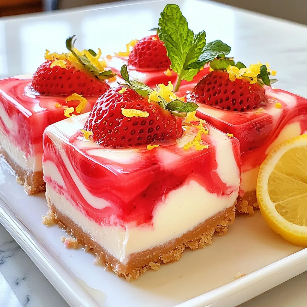 - 1 ½ cups graham cracker crumbs - ⅓ cup granulated sugar - ½ cup unsalted butter, melted - 16 oz cream cheese, softened - 1 cup granulated sugar - 2 large eggs - ⅓ cup sour cream - ¼ cup fresh lemon juice - Zest of 1 lemon - 1 cup fresh strawberries, pureed - 1 tablespoon cornstarch Graham cracker crumbs form the base. They give a sweet and crunchy texture. Use unsalted butter for better control of salt levels. Cream cheese provides that rich, creamy filling. Make sure it's softened for easy mixing. Fresh strawberries add bright flavor and color. They bring a juicy sweetness to the bars. Pureeing the strawberries with cornstarch keeps the mixture from being too runny. This helps the bars hold their shape. - 8x8-inch baking pan - Parchment paper - Mixing bowls - Electric mixer or whisk - Measuring cups and spoons - Rubber spatula - Toothpick or knife for swirling - Refrigerator for chilling These tools will help make your baking smooth and fun. The parchment paper makes it easy to lift the bars out later. An electric mixer saves time and effort, making sure everything is blended well. {{ingredient_image_1}} To start, preheat your oven to 325°F (160°C). Line an 8x8-inch baking pan with parchment paper. Leave some paper hanging over the edges, so you can lift the bars out later. In a medium bowl, mix together 1 ½ cups of graham cracker crumbs, ⅓ cup of granulated sugar, and ½ cup of melted unsalted butter. Stir until the crumbs are well coated. Press this mixture firmly into the bottom of the pan. Bake the crust for 10 minutes. Once done, let it cool slightly. In a large mixing bowl, beat 16 oz of softened cream cheese with 1 cup of granulated sugar. Mix until it is smooth and creamy. Add in 2 large eggs, one at a time, mixing well after each. Then, add ⅓ cup of sour cream, ¼ cup of fresh lemon juice, and the zest of 1 lemon. Mix these ingredients until they are fully combined. In a small bowl, blend 1 cup of pureed fresh strawberries with 1 tablespoon of cornstarch. This blend helps keep the strawberry layer from being too runny. Now, divide the cheesecake batter in half. Mix the strawberry puree into one half of the batter until it is well blended. Next, pour the plain cheesecake batter into the cooled crust. Spread it evenly. Then, gently spoon the strawberry cheesecake batter over the top. Use a toothpick or knife to swirl the strawberry batter into the plain batter for a marbled design. Bake this in the oven for 30 to 35 minutes. The cheesecake should be set but still slightly jiggle in the middle. After baking, let it cool at room temperature. Then, refrigerate for at least 4 hours, or overnight for the best results. When ready to enjoy, lift the bars out of the pan using the parchment paper. Slice into squares and serve! - Use room temperature cream cheese. This makes mixing easier and smoother. - Beat the batter gently. Over-mixing can add air and cause cracks. - Chill the bars well. Letting them cool overnight improves the flavor and texture. - Check for doneness. The center should be slightly jiggly, not solid. - Garnish wisely. Fresh strawberries and mint enhance both flavor and look. - Skipping the cornstarch. This helps prevent the strawberry layer from becoming watery. - Not cooling the crust. Letting it cool slightly before adding the filling helps keep it stable. - Overbaking. Keep an eye on the bars; they can dry out quickly. - Using too much lemon juice. Balance is key; too much can overpower the flavors. - Divide the batter evenly. This ensures you have enough of each flavor. - Spoon, don’t pour. Gently spoon the strawberry mixture to keep layers distinct. - Use a toothpick or knife. Make gentle swirls to create a beautiful marbled effect. - Don’t over-swirl. A few swirls are enough to blend the colors without losing definition. Pro Tips Chill for Best Texture: Make sure to refrigerate the cheesecake bars for at least 4 hours or overnight. This helps the flavors meld together and ensures a creamy texture. Use Fresh Strawberries: For the best flavor, use fresh strawberries instead of frozen ones. They will provide a brighter taste and better texture. Prevent Cracking: To help prevent cracks on the surface, avoid overmixing the cheesecake batter once the eggs are added, and bake it at a lower temperature. Swirling Technique: When creating the marble effect, use a gentle hand with a toothpick or knife to avoid overmixing and maintain distinct layers. {{image_2}} You can change the fruit in these bars. Try using raspberries or blueberries. They both work great! For a tropical twist, mango puree is fantastic. Each fruit adds its flavor, changing the taste of the bars. Use about one cup of any fruit puree. Just remember to adjust the sugar, if needed. Making these bars gluten-free is easy. Replace the graham cracker crumbs with gluten-free crumbs. You can find these at most stores. Be sure to check the label. Ensure all other ingredients are also gluten-free. This way, everyone can enjoy these delicious treats! You can control how sweet these bars are. If you prefer less sugar, cut back on the sugar in the cream cheese mixture. You can also use natural sweeteners, like honey or maple syrup. Start with half the amount and taste as you mix. Finding the right balance is key to making your perfect dessert! Store your strawberry lemonade cheesecake bars in an airtight container. This keeps them fresh and prevents them from drying out. You can also wrap individual bars in plastic wrap for easy grab-and-go snacks. If you want to save space, stack them with parchment paper in between layers. These cheesecake bars can last in the fridge for up to one week. If you freeze them, they can stay good for up to three months. Just make sure to thaw them overnight in the fridge before enjoying them. This helps keep the texture nice and creamy. If you prefer warm cheesecake bars, reheat them gently in the microwave. Heat them for about 10-15 seconds at a time. This warms them up without cooking them further. Avoid using the oven, as it can dry them out. Enjoy your delicious treats fresh, warm, or cold! Yes, you can use frozen strawberries. Just thaw them first. Once thawed, remove excess water. Puree them as you would fresh strawberries. This keeps your cheesecake bars tasty and smooth. You can use Greek yogurt or cottage cheese. Both options give a nice texture. If you want a non-dairy option, try cashew cream or a store-bought vegan cream cheese. Each will change the flavor a bit, but they still work well. Look for a slight jiggle in the center. The edges should be set and firm. If the bars are too jiggly, they need more time. Bake in 5-minute increments until they reach the right texture. Absolutely! You can make these bars a day or two in advance. Just store them in the fridge. Chilling enhances the flavors and makes them easier to slice. Enjoy them cold for a refreshing treat! This blog post covered making delicious cheesecake bars with strawberries. You learned about the key ingredients, tools needed, and the step-by-step instructions for a perfect bake. We discussed tips to avoid mistakes and ways to customize your dessert. Knowing how to store and reheat them ensures your treats stay fresh. Keep experimenting with fruit flavors and substitutions to find your favorite version. Enjoy your baking journey and have fun with every bite you take!