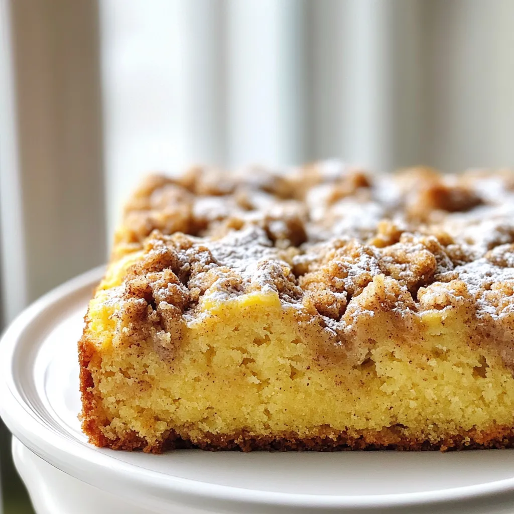 To make a delicious Cinnamon Streusel Coffee Cake, you will need these simple ingredients: - 2 cups all-purpose flour - 1 cup granulated sugar - 1/2 cup unsalted butter, softened - 1 cup sour cream - 3 large eggs - 1 tsp vanilla extract - 1 tsp baking powder - 1/2 tsp baking soda - 1/2 tsp salt - 2 tsp ground cinnamon - 1/4 cup brown sugar, packed - 1/2 cup chopped walnuts or pecans (optional) Each ingredient plays a key role. The all-purpose flour gives the cake structure. The sugar adds sweetness. Butter keeps it moist and rich. Sour cream makes it tender and adds a bit of tang. Eggs help bind everything together. Vanilla extract adds depth of flavor. Baking powder and baking soda help it rise. Salt balances sweetness and enhances flavors. Ground cinnamon gives that warm, cozy taste. Brown sugar adds moisture and a slight caramel note. Nuts add crunch and extra flavor, if you choose to use them. Now, gather these ingredients. They will set the stage for a coffee cake that is simple yet tasty! {{ingredient_image_1}} First, you need to preheat your oven to 350°F (175°C). This step is key. It ensures your cake bakes evenly. While the oven heats up, you can prepare your pan. Grease and flour a 9x13 inch baking pan or line it with parchment paper. This helps with easy removal later. Next, grab a medium bowl. Combine 1 cup of all-purpose flour, 1/4 cup of brown sugar, and 2 teaspoons of ground cinnamon. If you like nuts, add 1/2 cup of chopped walnuts or pecans. Now, mix in 1/4 cup of softened butter. Use your hands or a fork to blend it until it looks crumbly. Set this aside for later. In a large bowl, cream together 1/2 cup of softened butter and 1 cup of granulated sugar. Mix it until light and fluffy. This may take a minute or two. Next, add 3 large eggs, one at a time. Beat well after each egg. Finally, stir in 1 teaspoon of vanilla extract. This adds a lovely flavor. Take another bowl and whisk together the remaining 2 cups of all-purpose flour, 1 teaspoon of baking powder, 1/2 teaspoon of baking soda, and 1/2 teaspoon of salt. This mix helps the cake rise and taste great. Now, it’s time to combine the wet and dry ingredients. Gradually add the dry mix to the wet mixture. Alternate with 1 cup of sour cream. Start and end with the dry mix. Stir until just combined. Be careful not to overmix. A few lumps are okay. Pour half of the batter into your prepared pan. Spread it evenly. Then, sprinkle half of the streusel topping on top. Pour the rest of the batter over this. Smooth it out, then add the remaining streusel. This will create a delicious topping. Place your cake in the preheated oven. Bake for 35-40 minutes. To check if it's done, insert a toothpick into the center. If it comes out clean, your cake is ready. Keep an eye on it near the end to avoid overbaking. After baking, let the cake cool in the pan for about 15 minutes. Then, transfer it to a wire rack to cool completely. For a nice touch, dust with powdered sugar before serving. Cut into squares and enjoy with a hot cup of coffee. To bake a perfect Cinnamon Streusel Coffee Cake, follow these tips: - Oven Temperature: Always preheat your oven to 350°F (175°C). This step ensures even baking. - Pan Prep: Grease and flour your baking pan well. This helps the cake come out easily. - Don’t Overmix: When blending the wet and dry ingredients, mix just until combined. Overmixing can make the cake tough. - Check for Doneness: Insert a toothpick in the center. If it comes out clean, your cake is ready. You can change up the flavor of your coffee cake: - Add More Cinnamon: If you love cinnamon, try using 3 teaspoons instead of 2. - Nutmeg: A pinch of nutmeg adds warmth and depth. Use it alongside cinnamon for a richer taste. - Cardamom: This spice gives an exotic twist. Use just a little, as it has a strong flavor. If you need to swap out some ingredients, here are options: - Sour Cream: Plain yogurt works well as a substitute. It keeps the cake moist and tangy. - Butter: You can use coconut oil for a dairy-free option. It adds a nice flavor. - Sugar: Try using brown sugar or coconut sugar for a different sweetness and deeper flavor. - Nuts: If you don’t have walnuts or pecans, try almonds or leave them out completely. These tips will help you create a tasty and unique Cinnamon Streusel Coffee Cake. Enjoy baking! Pro Tips Use Room Temperature Ingredients: Make sure your butter, eggs, and sour cream are at room temperature for a smoother batter and better rise. Don’t Overmix the Batter: Mix just until combined to avoid a dense cake; a few lumps are okay! Check for Doneness: Start checking your cake a few minutes before the recommended baking time to prevent overbaking. Customize Your Nuts: Feel free to substitute walnuts or pecans with your favorite nuts or even leave them out for a nut-free version. {{image_2}} To make a chocolate chip version, simply add 1 cup of semi-sweet chocolate chips to the batter. This gives a rich flavor and a nice texture. The sweet chocolate pairs well with the cinnamon. Mix the chocolate chips in before you add the dry ingredients. This variation is great for those who love chocolate! For a vegan twist, replace the eggs with flaxseed meal. Use 1 tablespoon of flaxseed mixed with 2.5 tablespoons of water for each egg. Swap the sour cream for a plant-based yogurt. Use vegan butter instead of regular butter. The cake remains moist, soft, and tasty, making it perfect for all diets. If you need a gluten-free cake, use 2 cups of gluten-free all-purpose flour. Make sure the blend contains xanthan gum for the right texture. You can follow the same steps in the recipe. The cake will still be delicious and perfect for breakfast or dessert. Enjoy your gluten-free treat without missing out! To keep your cake fresh, wrap it tightly in plastic wrap. You can also use a cake dome. Store it at room temperature for up to three days. If you want to keep it longer, the fridge is a good option. Just remember, it may dry out a bit. To freeze your coffee cake, first let it cool completely. Then, cut it into squares. Wrap each piece in plastic wrap. Put the wrapped pieces in a freezer bag. You can freeze it for up to three months. Label the bag with the date so you remember when you froze it. When you're ready to enjoy your cake, take it out of the freezer. Let it thaw in the fridge overnight. For a quick warm-up, you can microwave a slice for about 20-30 seconds. If you prefer, you can reheat it in the oven. Set your oven to 350°F (175°C) and warm it for about 10-15 minutes. Enjoy your cake warm! Serve Cinnamon Streusel Coffee Cake warm. Cut it into squares and dust with powdered sugar. Pair it with a hot cup of coffee for the best taste. This cake is perfect for breakfast or as an afternoon snack. You can also serve it with whipped cream or a scoop of ice cream. Yes, you can make this cake ahead of time. Bake it and let it cool completely. Wrap it tightly in plastic wrap or foil. Store it at room temperature for up to two days. For longer storage, keep it in the fridge for up to a week. You can also freeze it for up to three months. Just thaw it in the fridge before serving. If you don't have sour cream, you can use plain yogurt instead. Greek yogurt works well too. You can also use buttermilk or cottage cheese. Just blend cottage cheese until smooth before adding it to the mix. Each option will still keep the cake moist and tasty. To check if the cake is done, insert a toothpick into the center. If it comes out clean or with a few crumbs, the cake is ready. If it comes out wet or sticky, bake it a little longer. Keep an eye on it to avoid overbaking. Yes, you can use different nuts in the streusel. Walnuts and pecans are great options. You can also try almonds or hazelnuts for a twist. Just chop them coarsely before adding to the mixture. Each nut will add its unique flavor and crunch to the cake. This post guides you through making a delicious Cinnamon Streusel Coffee Cake. We looked at the key ingredients and the steps needed to bake it perfectly. I shared tips for great results and ways to customize your cake. You can also store, freeze, and reheat leftovers with ease. Enjoy baking this easy recipe. It’s great for sharing or keeping all to yourself!