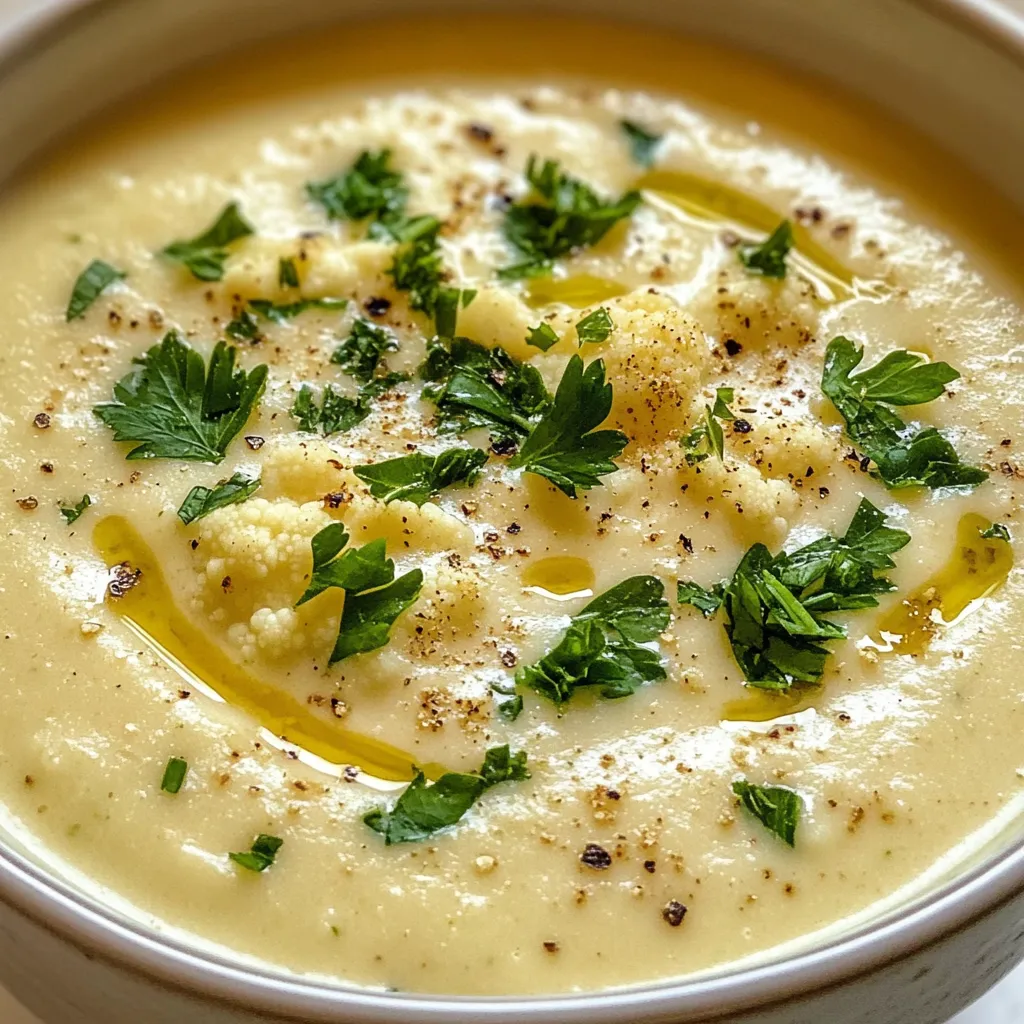 - 1 large head of cauliflower, cut into florets - 2 tablespoons olive oil - 1 medium onion, chopped - 3 cloves garlic, minced - 4 cups vegetable broth - 1 cup full-fat coconut milk To make this creamy roasted cauliflower soup, gather your main ingredients. The large head of cauliflower is the star. You’ll need some olive oil for roasting. The onion and garlic add great flavor. Vegetable broth serves as the base, while coconut milk gives it a rich, creamy texture. - 1 teaspoon ground cumin - 1 teaspoon smoked paprika - ½ teaspoon salt (or to taste) - ¼ teaspoon black pepper Next, pick your spices and seasoning. Ground cumin adds warmth. Smoked paprika brings a hint of smokiness. Salt and black pepper enhance the flavors. Adjust these to match your taste. - Fresh parsley - Chives Finally, think about garnishing. Fresh parsley adds a bright touch. Chives give a nice onion flavor. These make your soup look beautiful and inviting. Garnishing is key to making your dish shine. {{ingredient_image_1}} - Preheat the oven: Start by preheating your oven to 425°F (220°C). This helps the cauliflower roast perfectly. - Tossing the florets: Cut the large head of cauliflower into small florets. On a big baking sheet, toss the florets with 1 tablespoon of olive oil, salt, and black pepper. Spread them out evenly. Roast the florets for 25-30 minutes. They should turn golden brown and become tender. - Sautéing the onion: While the cauliflower roasts, heat the remaining tablespoon of olive oil in a large pot over medium heat. Add your chopped onion. Cook it for about 5 minutes. The onion should be soft and slightly translucent. - Adding garlic: Next, stir in the minced garlic. Cook for another 1-2 minutes, just until you smell its wonderful aroma. This step adds a lot of flavor to your soup. - Combining the ingredients: After the cauliflower is roasted, add it to the pot. Pour in the vegetable broth, ground cumin, and smoked paprika. Stir everything together and let it simmer for about 10 minutes. This allows the flavors to blend well. - Using an immersion blender: Remove the pot from the heat. Carefully blend the soup with an immersion blender until it becomes smooth and creamy. If you don’t have one, you can use a countertop blender. Just let the soup cool slightly before blending in batches. Now, your creamy roasted cauliflower soup is nearly ready! To get a great roast, set your oven to 425°F (220°C). This high heat helps brown the cauliflower nicely. Spread the florets in one layer on your baking sheet. Roast for 25-30 minutes. You'll know they are done when they turn golden brown and feel tender when pierced with a fork. For blending, you have two choices. An immersion blender is great for blending soup right in the pot. It’s easy and quick. If you use a countertop blender, let the soup cool a bit first. This prevents hot soup from splashing. Blend until the soup is smooth and creamy, no lumps allowed! Always taste your soup before serving. This is key to great flavor. If it needs more spice, add a pinch of salt or pepper. You can also add more cumin or smoked paprika for extra warmth. Remember, a little tweak can make a big difference! Pro Tips Roast for Extra Flavor: Roasting the cauliflower adds a depth of flavor that enhances the overall taste of the soup. Don't skip this step! Use Fresh Herbs: Garnishing with fresh parsley or chives not only adds a pop of color but also brightens the flavor of the soup. Adjust Consistency: If you prefer a thinner soup, simply add more vegetable broth or coconut milk until you reach your desired consistency. Experiment with Spices: Feel free to add or substitute spices like curry powder or nutmeg to give the soup a unique twist. {{image_2}} You can make this soup heartier by adding protein. Cooked chicken or chickpeas work well. If using chicken, shred it and stir it in before serving. For chickpeas, use canned ones and rinse them first. They add a nice texture and extra fiber. To brighten the soup, add a splash of lemon juice. This gives it a fresh taste. If you like heat, a few drops of hot sauce can spice things up. Herbs also change the flavor. Try adding fresh thyme or rosemary for a different twist. They bring a lovely aroma and taste. To make this soup vegan, use coconut milk. This keeps it creamy and rich without dairy. You can also swap vegetable broth for a homemade version. Just use water and add herbs and spices. This way, you control the flavor and keep it plant-based. To keep your creamy roasted cauliflower soup fresh, cool it down first. You can let it sit at room temperature for about 30 minutes. Then, pour it into an airtight container. Make sure to seal it tightly. This keeps the soup from drying out or absorbing other scents in your fridge. If you want to save some for later, freezing is great! Use freezer-safe containers. Leave some space at the top for expansion. You can also use freezer bags. Just squeeze out the air before sealing. To reheat, let it thaw in the fridge overnight. Heat it gently on the stove until warm, stirring often. In the fridge, the soup lasts about 4-5 days. If you freeze it, it can last up to 3 months. Just remember, the sooner you eat it, the better the flavor! Yes, you can use frozen cauliflower in this recipe. It saves time and is easy to find. Just make sure to thaw the cauliflower first. Drain any extra water before roasting it. This helps keep the soup creamy. You can roast the frozen florets for about 20 minutes. This gives them a nice flavor. To make the soup thicker, add less broth. You can also add a bit more cauliflower. If you want it thinner, stir in more vegetable broth or coconut milk. Heat the soup after adding these ingredients. Taste it and adjust until you like the texture. This soup pairs well with many side dishes. Some great options include: - Crusty bread or rolls - A fresh green salad - Grilled cheese sandwiches - Roasted vegetables - A light pasta dish These sides add flavor and make the meal complete. This blog post covered how to make creamy roasted cauliflower soup. You learned the main ingredients, like cauliflower and coconut milk, and how to season it well. We went through step-by-step instructions from roasting to blending. I shared tips for the perfect roast and how to store leftovers. In conclusion, this soup is easy to customize and enjoy. Experiment with flavors or protein. You can make it creamy or keep it light. Enjoy your delicious creation!