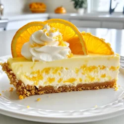 - 1 ½ cups graham cracker crumbs - ½ cup unsalted butter, melted - 1 cup cream cheese, softened - 1 cup Greek yogurt - ¾ cup granulated sugar - 2 large eggs - 1 tablespoon vanilla extract - Zest of 2 oranges - ½ cup fresh orange juice - 1 teaspoon orange extract - Pinch of salt To start, gather all your ingredients. The graham cracker crumbs create a tasty crust. Use unsalted butter to bind it all together. Cream cheese brings a rich, creamy texture. Greek yogurt adds a light touch and tang. Granulated sugar sweetens the cheesecake just right. Eggs help it set. Vanilla extract adds warmth. Zest of oranges gives a fresh pop. Fresh orange juice brings bright flavor. Lastly, orange extract boosts the citrus taste. Don’t forget a pinch of salt to balance the sweetness. - Whipped cream - Additional orange zest - Mint sprigs - Orange slices For garnishes, you can add whipped cream on top. It makes each slice look lovely. Extra orange zest adds a nice touch and flavor. A few mint sprigs bring freshness to the plate. Thin orange slices make the dessert feel special. These garnishes can turn your cheesecake into a showstopper! {{ingredient_image_1}} 1. Preheat the oven to 325°F (163°C). This helps the cheesecake bake evenly. 2. In a bowl, combine 1 ½ cups of graham cracker crumbs and ½ cup of melted unsalted butter. Mix well until all crumbs are coated. 3. Press the mixture firmly into the bottom of a greased 9-inch springform pan. This will be your crust. Bake for 10 minutes, then remove and let it cool. 1. In a large bowl, beat 1 cup of softened cream cheese until smooth. This creates a creamy base. 2. Gradually add ¾ cup of granulated sugar, mixing until it’s fluffy and well combined. 3. Next, add 1 cup of Greek yogurt and blend until it's mixed in well. 4. Add 2 large eggs, one at a time. Mix well after each egg. 5. Incorporate 1 tablespoon of vanilla extract, the zest of 2 oranges, ½ cup of fresh orange juice, and 1 teaspoon of orange extract. Mix until the batter is smooth and creamy. 1. Carefully pour the cheesecake batter over the cooled crust in the springform pan. 2. Bake in the preheated oven for about 50 to 60 minutes. Check if the center is set but still slightly jiggly. 3. Once baked, turn off the oven and leave the cheesecake inside for one more hour. This helps it cool evenly. 4. After an hour, remove the cheesecake from the oven and refrigerate for at least 4 hours, or overnight for best results. Using room temperature ingredients is key. When your cream cheese and eggs are at room temp, they mix better. This helps create a smooth batter. Smooth batter means a creamy cheesecake. If your cream cheese is cold, it can clump and affect texture. To prevent cracks in your cheesecake, watch the baking time. Don't overbake! The center should be slightly jiggly when you take it out. Cooling it slowly in the oven avoids sudden temperature changes. This slow cooling helps keep your cheesecake smooth and crack-free. For a lovely presentation, slice the cheesecake and place each piece on its own plate. Add a mint sprig for color. You can also garnish with orange slices or a drizzle of orange sauce. This adds freshness and brightens the dish. Pairing your cheesecake with fresh fruits works well too. Berries, such as strawberries or blueberries, add a nice contrast. You can also serve it with a scoop of vanilla ice cream for a fun twist! One common mistake is overmixing the batter. Mix just until smooth. Overmixing can incorporate too much air, which leads to cracks. Another mistake is not greasing the pan properly. Always grease your springform pan. This ensures easy release after baking. A well-greased pan helps keep your cheesecake intact when you remove the sides. Pro Tips Use Room Temperature Ingredients: Ensure your cream cheese and eggs are at room temperature for a smoother batter and better incorporation of ingredients. Prevent Cracking: To minimize cracks on the surface of the cheesecake, avoid overmixing and let it cool gradually in the oven after baking. Enhance Flavor: For a more intense orange flavor, consider adding a splash of orange liqueur to the batter. Perfect Slicing: Use a hot, dry knife to slice the cheesecake for clean edges. Wipe the knife with a damp cloth between cuts if needed. {{image_2}} You can easily switch things up with this cheesecake. Try a chocolate orange cheesecake by adding cocoa powder. Mix in about a third cup of cocoa with the cream cheese for a rich twist. For a fruity flair, swirl in fruit purees like raspberry or mango. This adds color and taste. You can also use flavored yogurt, such as vanilla or coconut, instead of Greek yogurt. This will change the flavor slightly but keeps it creamy. If you want a different crust, use crushed Oreo cookies. Simply replace the graham cracker crumbs with Oreos. Mix them with melted butter and press them into the pan. This gives a fun chocolate flavor. For those needing gluten-free options, use gluten-free graham crackers or almond flour. These alternatives keep the crust tasty and satisfying. You can easily make this cheesecake healthier. Use low-sugar substitutes like stevia or monk fruit for a sweet taste without extra sugar. If you want a vegan version, swap the cream cheese for a dairy-free cream cheese. Use silken tofu blended until smooth, and replace eggs with flax eggs. This way, you can enjoy a delicious treat that fits your needs. To store leftover cheesecake, wrap it tightly in plastic wrap. You can also use an airtight container. This keeps it fresh and tasty. Make sure the cheesecake cools completely before storing. The optimal chilling time is at least four hours. For the best flavor, let it chill overnight. To freeze cheesecake, first let it cool completely. Then, slice it into pieces. Wrap each slice in plastic wrap. Place the wrapped slices in a freezer bag or container. This helps avoid freezer burn. For best quality, eat within three months. To thaw, remove the cheesecake from the freezer. Place it in the fridge for several hours, or overnight. You can also thaw it at room temperature for about an hour. This keeps the texture smooth and creamy. Yes, you can make this cheesecake a day in advance. I often prepare it the night before a gathering. Just follow the steps and chill it overnight. This allows the flavors to blend well. It also helps the cheesecake to set properly. Remember to cover it well with plastic wrap. This keeps it fresh and prevents odors from the fridge. The Orange Creamsicle Cheesecake will last up to five days in the fridge. Store it in an airtight container for best results. After five days, it may lose its flavor and texture. If you can, enjoy it within the first three days for the best taste. You can use bottled orange juice, but fresh juice is best. Fresh juice gives the cheesecake a brighter flavor. Bottled juice often contains added sugars and preservatives. This can change how the cheesecake tastes. If you go for bottled juice, choose a high-quality brand. This helps keep the taste closer to fresh. This blog post has covered how to make a delightful Orange Creamsicle Cheesecake. We explored the key ingredients needed, including graham cracker crumbs, cream cheese, and fresh orange juice. I shared step-by-step instructions, plus tips to avoid common mistakes. We also discussed fun variations, storage methods, and answered frequent questions. Now you have the knowledge to create this tasty treat. Enjoy sharing your cheesecake with friends and family. Remember, fresh ingredients and careful preparation make all the difference in taste!