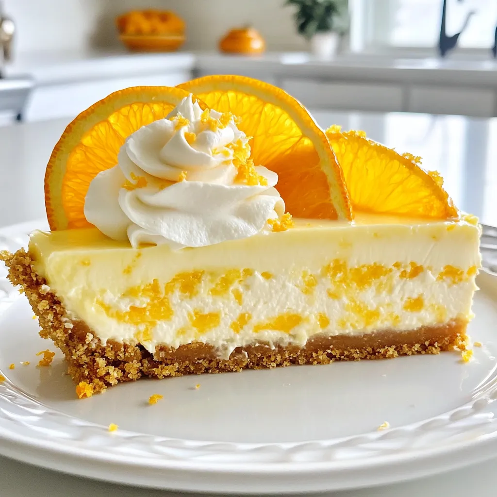 - 1 ½ cups graham cracker crumbs - ½ cup unsalted butter, melted - 1 cup cream cheese, softened - 1 cup Greek yogurt - ¾ cup granulated sugar - 2 large eggs - 1 tablespoon vanilla extract - Zest of 2 oranges - ½ cup fresh orange juice - 1 teaspoon orange extract - Pinch of salt To start, gather all your ingredients. The graham cracker crumbs create a tasty crust. Use unsalted butter to bind it all together. Cream cheese brings a rich, creamy texture. Greek yogurt adds a light touch and tang. Granulated sugar sweetens the cheesecake just right. Eggs help it set. Vanilla extract adds warmth. Zest of oranges gives a fresh pop. Fresh orange juice brings bright flavor. Lastly, orange extract boosts the citrus taste. Don’t forget a pinch of salt to balance the sweetness. - Whipped cream - Additional orange zest - Mint sprigs - Orange slices For garnishes, you can add whipped cream on top. It makes each slice look lovely. Extra orange zest adds a nice touch and flavor. A few mint sprigs bring freshness to the plate. Thin orange slices make the dessert feel special. These garnishes can turn your cheesecake into a showstopper! {{ingredient_image_1}} 1. Preheat the oven to 325°F (163°C). This helps the cheesecake bake evenly. 2. In a bowl, combine 1 ½ cups of graham cracker crumbs and ½ cup of melted unsalted butter. Mix well until all crumbs are coated. 3. Press the mixture firmly into the bottom of a greased 9-inch springform pan. This will be your crust. Bake for 10 minutes, then remove and let it cool. 1. In a large bowl, beat 1 cup of softened cream cheese until smooth. This creates a creamy base. 2. Gradually add ¾ cup of granulated sugar, mixing until it’s fluffy and well combined. 3. Next, add 1 cup of Greek yogurt and blend until it's mixed in well. 4. Add 2 large eggs, one at a time. Mix well after each egg. 5. Incorporate 1 tablespoon of vanilla extract, the zest of 2 oranges, ½ cup of fresh orange juice, and 1 teaspoon of orange extract. Mix until the batter is smooth and creamy. 1. Carefully pour the cheesecake batter over the cooled crust in the springform pan. 2. Bake in the preheated oven for about 50 to 60 minutes. Check if the center is set but still slightly jiggly. 3. Once baked, turn off the oven and leave the cheesecake inside for one more hour. This helps it cool evenly. 4. After an hour, remove the cheesecake from the oven and refrigerate for at least 4 hours, or overnight for best results. Using room temperature ingredients is key. When your cream cheese and eggs are at room temp, they mix better. This helps create a smooth batter. Smooth batter means a creamy cheesecake. If your cream cheese is cold, it can clump and affect texture. To prevent cracks in your cheesecake, watch the baking time. Don't overbake! The center should be slightly jiggly when you take it out. Cooling it slowly in the oven avoids sudden temperature changes. This slow cooling helps keep your cheesecake smooth and crack-free. For a lovely presentation, slice the cheesecake and place each piece on its own plate. Add a mint sprig for color. You can also garnish with orange slices or a drizzle of orange sauce. This adds freshness and brightens the dish. Pairing your cheesecake with fresh fruits works well too. Berries, such as strawberries or blueberries, add a nice contrast. You can also serve it with a scoop of vanilla ice cream for a fun twist! One common mistake is overmixing the batter. Mix just until smooth. Overmixing can incorporate too much air, which leads to cracks. Another mistake is not greasing the pan properly. Always grease your springform pan. This ensures easy release after baking. A well-greased pan helps keep your cheesecake intact when you remove the sides. Pro Tips Use Room Temperature Ingredients: Ensure your cream cheese and eggs are at room temperature for a smoother batter and better incorporation of ingredients. Prevent Cracking: To minimize cracks on the surface of the cheesecake, avoid overmixing and let it cool gradually in the oven after baking. Enhance Flavor: For a more intense orange flavor, consider adding a splash of orange liqueur to the batter. Perfect Slicing: Use a hot, dry knife to slice the cheesecake for clean edges. Wipe the knife with a damp cloth between cuts if needed. {{image_2}} You can easily switch things up with this cheesecake. Try a chocolate orange cheesecake by adding cocoa powder. Mix in about a third cup of cocoa with the cream cheese for a rich twist. For a fruity flair, swirl in fruit purees like raspberry or mango. This adds color and taste. You can also use flavored yogurt, such as vanilla or coconut, instead of Greek yogurt. This will change the flavor slightly but keeps it creamy. If you want a different crust, use crushed Oreo cookies. Simply replace the graham cracker crumbs with Oreos. Mix them with melted butter and press them into the pan. This gives a fun chocolate flavor. For those needing gluten-free options, use gluten-free graham crackers or almond flour. These alternatives keep the crust tasty and satisfying. You can easily make this cheesecake healthier. Use low-sugar substitutes like stevia or monk fruit for a sweet taste without extra sugar. If you want a vegan version, swap the cream cheese for a dairy-free cream cheese. Use silken tofu blended until smooth, and replace eggs with flax eggs. This way, you can enjoy a delicious treat that fits your needs. To store leftover cheesecake, wrap it tightly in plastic wrap. You can also use an airtight container. This keeps it fresh and tasty. Make sure the cheesecake cools completely before storing. The optimal chilling time is at least four hours. For the best flavor, let it chill overnight. To freeze cheesecake, first let it cool completely. Then, slice it into pieces. Wrap each slice in plastic wrap. Place the wrapped slices in a freezer bag or container. This helps avoid freezer burn. For best quality, eat within three months. To thaw, remove the cheesecake from the freezer. Place it in the fridge for several hours, or overnight. You can also thaw it at room temperature for about an hour. This keeps the texture smooth and creamy. Yes, you can make this cheesecake a day in advance. I often prepare it the night before a gathering. Just follow the steps and chill it overnight. This allows the flavors to blend well. It also helps the cheesecake to set properly. Remember to cover it well with plastic wrap. This keeps it fresh and prevents odors from the fridge. The Orange Creamsicle Cheesecake will last up to five days in the fridge. Store it in an airtight container for best results. After five days, it may lose its flavor and texture. If you can, enjoy it within the first three days for the best taste. You can use bottled orange juice, but fresh juice is best. Fresh juice gives the cheesecake a brighter flavor. Bottled juice often contains added sugars and preservatives. This can change how the cheesecake tastes. If you go for bottled juice, choose a high-quality brand. This helps keep the taste closer to fresh. This blog post has covered how to make a delightful Orange Creamsicle Cheesecake. We explored the key ingredients needed, including graham cracker crumbs, cream cheese, and fresh orange juice. I shared step-by-step instructions, plus tips to avoid common mistakes. We also discussed fun variations, storage methods, and answered frequent questions. Now you have the knowledge to create this tasty treat. Enjoy sharing your cheesecake with friends and family. Remember, fresh ingredients and careful preparation make all the difference in taste!