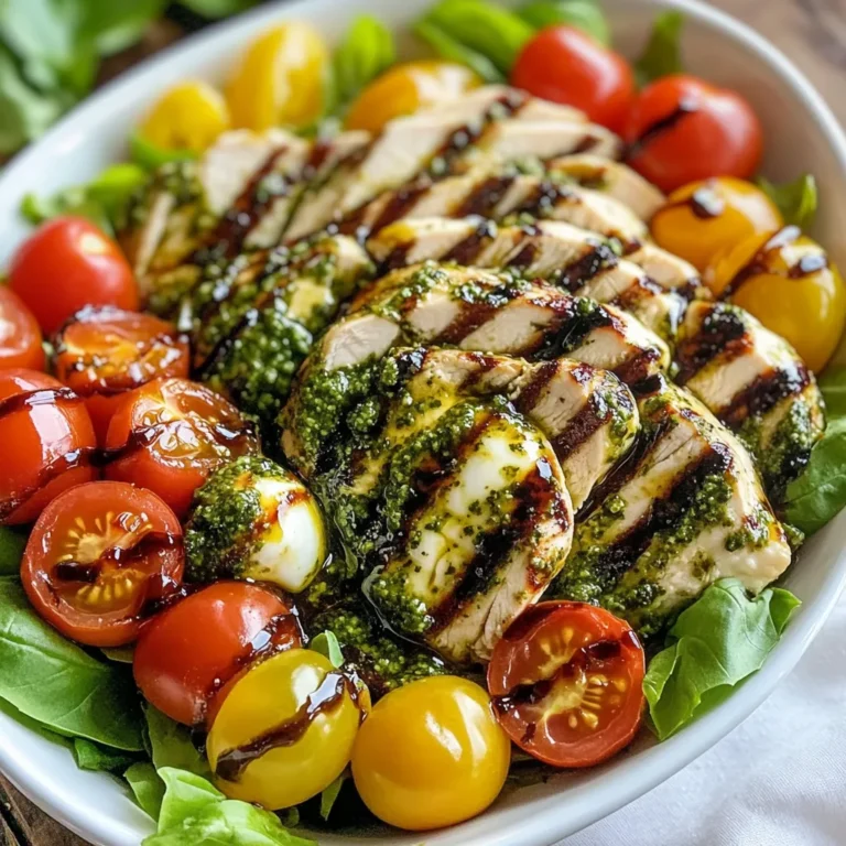 - 2 boneless, skinless chicken breasts - ½ cup basil pesto (store-bought or homemade) - 2 cups cherry tomatoes, halved - 1 cup fresh mozzarella balls (bocconcini) - 2 cups mixed greens (such as arugula and spinach) For this dish, I use fresh and bright ingredients. The chicken breasts are the star of the show, juicy and tender after grilling. I love using basil pesto for its rich flavor. Cherry tomatoes add a sweet burst, while fresh mozzarella brings a creamy touch. Mixed greens are essential for a crunchy base. - 1 tablespoon olive oil - Salt and pepper to taste - Fresh basil leaves for garnish - Balsamic glaze for drizzling (optional) I drizzle olive oil on the chicken to help it grill nicely. I season with salt and pepper to enhance the flavor. Fresh basil leaves make a lovely garnish. If you want extra flavor, balsamic glaze is a great choice! It adds sweetness and tang. {{ingredient_image_1}} First, preheat your grill or stovetop grill pan over medium-high heat. This step helps ensure even cooking. While the grill heats up, rub the chicken breasts with olive oil. This adds flavor and helps the spices stick. Next, season the chicken with salt and pepper on both sides. This simple seasoning will enhance the overall taste of the dish. Once your grill is ready, brush the chicken breasts generously with basil pesto on one side. Place the chicken pesto-side down on the grill. Grill the chicken for 6-7 minutes. Flip the chicken and brush the other side with more pesto. Grill for another 6-7 minutes. Your chicken is done when it reaches an internal temperature of 165°F (75°C). After grilling, let the chicken rest for 5 minutes before slicing it into strips. In a large bowl, combine the mixed greens, halved cherry tomatoes, and mozzarella balls. This mix adds color and freshness to your salad. Toss the salad gently with a drizzle of olive oil and season with salt and pepper to taste. Next, add the sliced chicken on top. Garnish with fresh basil leaves for added flavor. If you like, drizzle balsamic glaze over the salad for a touch of sweetness. Enjoy this fresh and flavorful dish! To make your chicken juicy, follow these steps: - Even Cooking: Start by preheating your grill. A hot grill cooks chicken evenly. - Use Oil and Seasoning: Rub the chicken with olive oil. This adds flavor and helps prevent sticking. - Check Doneness: Cook until the chicken reaches 165°F (75°C). Use a meat thermometer for best results. - Rest the Chicken: After grilling, let the chicken rest for five minutes. This keeps it juicy and flavorful. For the best salad, keep these tips in mind: - Washing Greens: Rinse your mixed greens under cold water. Use a salad spinner to dry them well. - Preparing Tomatoes and Mozzarella: Cut cherry tomatoes in half and ensure mozzarella balls are ready to go. - Drizzling Oil and Balsamic Glaze: When drizzling olive oil, do it slowly for even coverage. Apply balsamic glaze last for a beautiful finish. These tips will help you create a delicious and fresh Pesto Chicken Caprese Salad! Pro Tips Choose the Right Pesto: Using homemade basil pesto can elevate the flavor of your chicken. However, if you're pressed for time, a high-quality store-bought version will work just fine. Rest the Chicken: Allowing the grilled chicken to rest for 5 minutes before slicing helps retain its juices, ensuring each bite is tender and flavorful. Mix Greens Wisely: Combining a variety of greens like arugula and spinach not only adds texture but also a range of flavors, making the salad more interesting. Drizzle with Balsamic Glaze: A light drizzle of balsamic glaze adds a sweet and tangy finish to the salad, enhancing the overall flavor profile and presentation. {{image_2}} You can easily switch things up in your Pesto Chicken Caprese Salad. Instead of chicken, try grilled shrimp or tofu. Both options offer great protein and flavor. Shrimp cooks fast and adds a nice twist. Tofu is perfect for a lighter, vegetarian choice. You can also add more veggies to boost the salad. Crisp cucumbers bring a refreshing crunch. Bell peppers add sweetness and color. Feel free to mix and match your favorite veggies. This flexibility lets you create a unique dish each time. When it comes to pesto, you have choices! You can use store-bought pesto for quick prep or make your own for a fresh taste. Homemade pesto lets you control the flavor and ingredients. If you want something special, try flavor variations. Sun-dried tomato pesto gives a rich, tangy taste. Arugula pesto adds a peppery kick. Each type brings a new experience to your salad. Experiment with different pesto flavors to discover your favorite. To keep your Pesto Chicken Caprese Salad fresh, store the components separately. This way, the greens stay crisp, and the chicken remains juicy. Here’s how to do it: - Chicken: Place grilled chicken in an airtight container. It can last for up to 3 days in the fridge. - Salad: Store mixed greens, tomatoes, and mozzarella in another container. They will stay good for 2 days. - Pesto: If you have leftover pesto, keep it in a small jar with a thin layer of oil on top. It can last for about a week. Avoid mixing everything together until you’re ready to eat. This keeps the salad fresh and tasty. When reheating grilled chicken, you want it warm without drying it out. Here are some easy methods: - Microwave: Place chicken on a microwave-safe plate. Cover it with a damp paper towel. Heat in short bursts of 30 seconds until warm. - Stovetop: Heat a skillet on low. Add a splash of water. Place chicken in the skillet and cover. Cook for about 5 minutes or until heated through. - Oven: Preheat the oven to 350°F (175°C). Wrap chicken in foil and heat for 10-15 minutes. These methods keep the chicken moist and delicious, perfect for your salad! Yes, you can make this salad ahead. To keep it fresh, prep the ingredients separately. Store the mixed greens, cherry tomatoes, and mozzarella in airtight containers. Grill the chicken and let it cool before slicing. Keep the chicken in the fridge until you are ready to serve. Combine everything just before eating for the best taste. This salad goes well with many sides. Here are some ideas: - Garlic bread for a warm, crunchy bite. - A light soup, like minestrone, to balance the meal. - Roasted veggies for added flavor and color. - Quinoa or rice for a hearty touch. Check the chicken for a nice, golden color. The best way is to use a meat thermometer. The chicken should reach an internal temperature of 165°F (75°C). If you cut into it, the juices should run clear, not pink. Proper cooking ensures you enjoy a safe and tasty dish. This article covered how to make a tasty Pesto Chicken Caprese Salad. We discussed the key ingredients like chicken, pesto, and fresh veggies. I shared easy steps for cooking the chicken and assembling the salad. You also learned tips for perfecting your cooking and storing leftovers. Lastly, I provided ideas for variations to keep the recipe fresh. Enjoy making this healthy dish that’s full of flavor! It's a simple recipe you can customize any way you like.