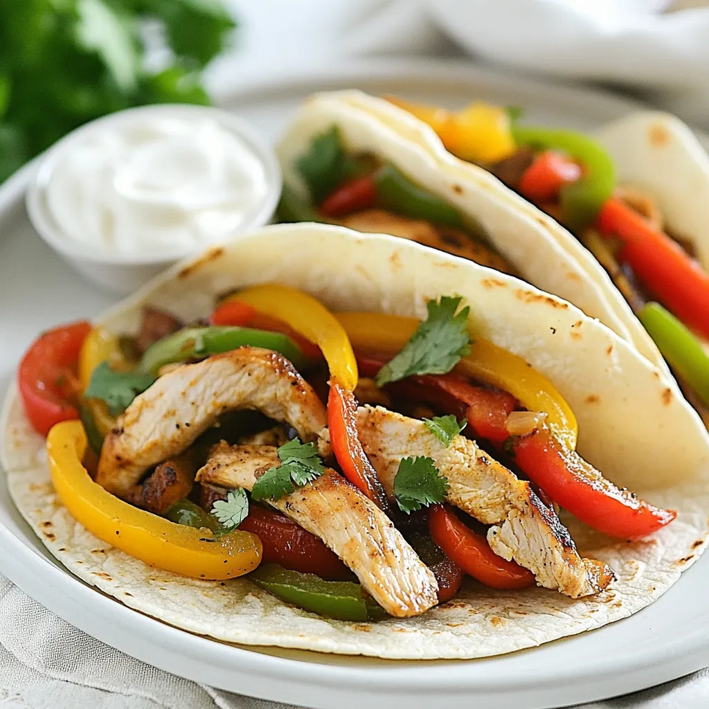 For these zesty lime chicken fajitas, you need some key items. Here’s what you will use: - 1 lb (450g) boneless, skinless chicken breasts, sliced into thin strips - 2 tablespoons olive oil - 1 red bell pepper, sliced - 1 green bell pepper, sliced - 1 yellow onion, sliced - 3 cloves garlic, minced - 8 small flour tortillas These ingredients create a tasty base for the dish. The chicken gives protein, while the peppers and onion add crunch. To bring out the flavor, use these spices: - 1 teaspoon ground cumin - 1 teaspoon smoked paprika - 1 teaspoon chili powder - Zest and juice of 2 limes - Salt and pepper to taste Cumin adds warmth, smoked paprika gives a hint of sweetness, and chili powder adds spice. The lime zest and juice brighten the dish with a fresh zing. Add some fun with a few toppings: - Fresh cilantro for garnish - Sour cream for creaminess - Salsa for extra flavor These toppings make the fajitas even more delicious. The cilantro adds freshness, while sour cream cools down any heat from the spices. {{ingredient_image_1}} First, grab a large bowl. Add 1 pound of sliced chicken. Pour in 2 tablespoons of olive oil. Then, add 3 cloves of minced garlic. Next, sprinkle in 1 teaspoon of ground cumin, smoked paprika, and chili powder. Don't forget the zest and juice of 2 limes! Mix all the ingredients. Make sure the chicken is well-coated in the mix. Cover the bowl and place it in the fridge. Let it marinate for at least 30 minutes. For extra flavor, you can marinate it for up to 2 hours. Heat a large skillet over medium-high heat. Once it’s hot, add the marinated chicken. Cook it for 5 to 7 minutes. Stir occasionally until the chicken is cooked through. It should have a nice char. Now, add the sliced red and green bell peppers, and the yellow onion. Cook everything for an additional 4 to 5 minutes. You want the veggies to be tender but still crisp. While the chicken and veggies cook, it's time to warm the tortillas. You can use a separate pan or the microwave. Just warm the 8 small flour tortillas until they are soft and easy to bend. This step is key for a great fajita experience. Once they are warm, you’re ready to serve. To boost flavor, always marinate your chicken. Use lime juice, garlic, cumin, and chili powder. These ingredients create a tangy and savory base. Let the chicken sit for at least 30 minutes. For best results, marinate for 2 hours. The longer it sits, the more intense the taste. Use a hot skillet or grill pan for cooking. This creates a nice char on the chicken. Stir the chicken often to cook evenly. Once it’s almost done, add the sliced peppers and onion. This keeps the veggies crisp and bright. Cook them just until tender, about 4-5 minutes. Serve your fajitas hot with warm tortillas. Layer chicken and veggies neatly on each tortilla. Top with fresh cilantro for color and flavor. A dollop of sour cream adds creaminess. Salsa gives it an extra kick. Don't forget to roll them up for easy eating! Pro Tips Marinate for Maximum Flavor: Allow the chicken to marinate for the full 2 hours if possible. This extra time enhances the flavors and makes the chicken more tender. Choose Your Peppers: Feel free to mix and match bell peppers. Adding a yellow or orange bell pepper can bring extra sweetness and color to the dish. High Heat for a Perfect Sear: Make sure your skillet or grill pan is hot before adding the chicken. A high temperature helps achieve a nice char and locks in the juices. Warm Your Tortillas: Warming your tortillas in a dry skillet or microwave before filling them makes them softer and easier to fold without tearing. {{image_2}} You can easily swap the chicken for other proteins. Shrimp works great. Just cook it for 3-5 minutes. Beef is another option. Use thin strips of flank steak, and cook until medium rare. Tofu is a good choice for a plant-based meal. Press and cube it before marinating. You can use the same spices for flavor. If you want a vegetarian dish, skip the meat. Use a mix of beans and veggies instead. Black beans or pinto beans add protein and texture. You can also add mushrooms for a meaty feel. For a vegan option, use the same bean mix. Add avocado for creaminess, and skip the sour cream. Feel free to play with the spices. Try adding oregano or coriander for a fresh twist. A dash of hot sauce can spice things up. For a smoky flavor, use chipotle powder. Experimenting with different seasonings can make the dish unique each time. Your taste buds will thank you! After enjoying your zesty lime chicken fajitas, store any leftovers in a sealed container. This keeps them fresh and safe. Place the container in the fridge. Leftovers stay good for about 3 to 4 days. If you want to enjoy them later, consider freezing them. To freeze your fajitas, first, cool them completely. Then, place them in a freezer-safe bag or container. Remove as much air as possible to prevent freezer burn. You can freeze the chicken and veggie mix separately from the tortillas. They will last for about 2 to 3 months in the freezer. To reheat, you have a few options. For best results, use a skillet over medium heat. Heat the chicken and veggies until warm, about 5 minutes. You can also use the microwave. Place the fajitas in a microwave-safe dish and cover them. Heat for 1 to 2 minutes, checking often. Warm tortillas on a skillet or microwave for 15 seconds. Enjoy your meal as if it were fresh! Yes, you can use beef, shrimp, or pork. Each option brings a unique taste. For beef, use flank steak or sirloin. For shrimp, make sure they are peeled and deveined before cooking. Adjust cooking time based on the meat you choose. Beef may need longer, while shrimp cooks fast. Fajitas pair well with rice and beans. You can also add a side of guacamole or corn salad. Chips and salsa make a great starter. If you want a fresh touch, serve with a simple green salad. These sides add color and flavor to your meal. To spice up your fajitas, add jalapeños or diced serrano peppers. You can also increase chili powder or add hot sauce to the marinade. Another option is to use spicy salsa as a topping. Adjust the spice level based on your taste. Enjoy the heat! In this blog post, we explored how to make delicious fajitas from scratch. We discussed the main ingredients, key spices, and optional toppings. I provided step-by-step instructions for marinating and cooking. Tips for enhancing flavor and using the best techniques were also shared. You learned about variations for proteins and vegetarian options, plus storage tips for leftovers. Now you have the tools to enjoy tasty fajitas any time. Cooking at home brings joy and great flavor to your table. Enjoy making these meals!