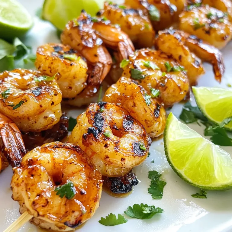 - 1 lb large shrimp, peeled and deveined - 1/4 cup honey - 2 tablespoons fresh lime juice - Zest of 1 lime - 2 tablespoons olive oil - 2 cloves garlic, minced - 1 teaspoon chili powder - 1/2 teaspoon salt - 1/4 teaspoon black pepper - 1/4 cup fresh cilantro, chopped (for garnish) - Lime wedges (for serving) When making Honey Lime Grilled Shrimp, fresh shrimp is key. You can use large or jumbo shrimp. If you want a twist, try using scallops instead. Honey adds sweetness. If you want less sugar, you can swap honey with agave syrup. Fresh lime juice gives a bright flavor. You can use bottled lime juice, but fresh is best. For the garlic, fresh cloves pack more punch than pre-minced. Using fresh ingredients makes a big difference. Fresh shrimp tastes better and cooks more evenly. Fresh lime juice brightens the dish and adds zest. The garlic gives a rich flavor. Each ingredient works together to create a balanced taste. This dish shines when you focus on quality. Always seek fresh herbs and spices for the best results. Fresh cilantro not only adds flavor but also color to your plate. When you use fresh ingredients, you elevate your cooking. {{ingredient_image_1}} To make Honey Lime Grilled Shrimp, start by making the marinade. In a medium bowl, mix together: - 1/4 cup honey - 2 tablespoons fresh lime juice - Zest of 1 lime - 2 tablespoons olive oil - 2 cloves garlic, minced - 1 teaspoon chili powder - 1/2 teaspoon salt - 1/4 teaspoon black pepper Whisk the ingredients until they blend well. Next, add 1 pound of peeled and deveined shrimp to the bowl. Toss the shrimp gently to coat them in the marinade. Cover the bowl and place it in the refrigerator. Let it sit for 30 minutes. This step helps the flavors soak into the shrimp. While the shrimp marinates, it's time to get your grill ready. Preheat your grill or grill pan to medium-high heat. If you use wooden skewers, soak them in water for 15 minutes. This prevents them from burning on the grill. Make sure your grill grates are clean and lightly oiled. This will help the shrimp cook evenly and prevent sticking. Once the grill is hot, it's time to cook the shrimp. Thread the marinated shrimp onto the skewers. Place the skewers on the grill and cook for 2-3 minutes on each side. Look for the shrimp to turn pink and opaque. Be careful not to overcook them, as they can become tough. Remove the skewers from the grill and let the shrimp rest for a couple of minutes. This allows the juices to settle, making each bite juicy and flavorful. Serve the grilled shrimp hot, garnished with fresh cilantro and lime wedges. Enjoy your meal! When picking shrimp, size matters. Look for large or jumbo shrimp. These hold up well on the grill. Check for a fresh smell, not fishy. The shells should be shiny and clean. If you can, buy shrimp that are wild-caught. They often taste better than farmed ones. Cooking shrimp takes just a few minutes. Grill them for 2-3 minutes on each side. They turn pink and opaque when done. Watch closely, so they don't overcook. Overcooked shrimp can turn rubbery and tough. Remove them from the grill as soon as they are done. Let the shrimp marinate for at least 30 minutes. This helps the flavors blend. You can marinate up to 2 hours for a stronger taste. Just don't go longer than that. The acid in lime juice can start to cook the shrimp. After marinating, they will have a nice honey-lime flavor that shines when grilled. Pro Tips Marinate Longer for Depth: For a more intense flavor, consider marinating the shrimp for up to 2 hours. This allows the honey and lime to penetrate the shrimp more deeply. Use Fresh Ingredients: Whenever possible, opt for fresh lime juice and garlic rather than bottled versions to enhance the overall flavor of the dish. Perfect Skewering Technique: When threading shrimp onto skewers, leave a little space between each piece to ensure even cooking and prevent them from steaming. Watch Cooking Time: Shrimp cook quickly; be attentive and remove them from the grill as soon as they turn pink and opaque to avoid overcooking. {{image_2}} You can add some heat to your honey lime shrimp. Just mix in some hot sauce or cayenne pepper. I like to use 1 teaspoon of cayenne for a nice kick. This adds bold flavor without losing the sweet and tangy notes. You still get the honey and lime, but now it has a fun twist. Turning this dish into tacos is easy and fun. Just grill the shrimp as usual. Then, place them in a warm tortilla. You can add toppings like diced avocado, shredded cabbage, and more lime juice. These tacos are fresh and perfect for lunch or dinner. They are sure to impress your friends at any gathering. For a lighter meal, try this shrimp salad. Start with mixed greens as your base. Grill the shrimp and let them cool slightly. Toss them on top of the greens. For the dressing, mix honey, lime juice, and olive oil. This dressing adds a zesty flavor that makes the salad burst with freshness. You can also add nuts or seeds for extra crunch! After a tasty meal, you might have shrimp left. To store it right, place the shrimp in an airtight container. Keep the container in the fridge. This keeps the shrimp fresh. Use it within two days for the best taste. If you wait too long, it might not taste great. When you want to eat the shrimp again, reheating is key. The best way to reheat shrimp is on the stove. Heat a pan over medium heat. Add a bit of olive oil to the pan. Once hot, add the shrimp. Stir gently until the shrimp are warm. This keeps them juicy and tasty. Avoid the microwave; it can make shrimp rubbery. If you want to save shrimp for a long time, freezing works well. First, let the shrimp cool to room temperature. Then, place them in a freezer-safe bag. Remove as much air as you can. This helps prevent freezer burn. Label the bag with the date. You can freeze the shrimp for up to three months. When ready to eat, thaw in the fridge overnight. After thawing, follow the reheating tips for the best flavor. Yes, you can use frozen shrimp. Just make sure to thaw them first. Place the shrimp in the fridge overnight or run them under cold water. This step helps the shrimp cook evenly. Frozen shrimp can still taste great with the honey-lime marinade. Shrimp are done when they turn pink and opaque. They should also curl into a C shape. If they remain gray or translucent, they need more time on the grill. Cooking shrimp too long can make them tough, so watch them closely. Many sides go well with these tasty shrimp. Here are some ideas: - Rice: White or brown rice soaks up the honey-lime flavor. - Salad: A fresh green salad adds crunch and color. - Grilled Veggies: Bell peppers, zucchini, or asparagus add great taste. - Corn on the Cob: Sweet corn complements the shrimp well. Try any of these sides to make a complete meal. Enjoy the bright flavors of the shrimp! This article covered how to make Honey Lime Grilled Shrimp. We discussed key ingredients and their substitutes. Fresh ingredients are crucial for good flavor. I shared step-by-step instructions to marinate and grill shrimp perfectly. You learned tips for choosing and timing shrimp cooking. We also explored tasty variations like tacos and salads. Finally, I provided storage tips for leftovers. With these insights, you can enjoy shrimp that tastes great every time. Happy cooking!