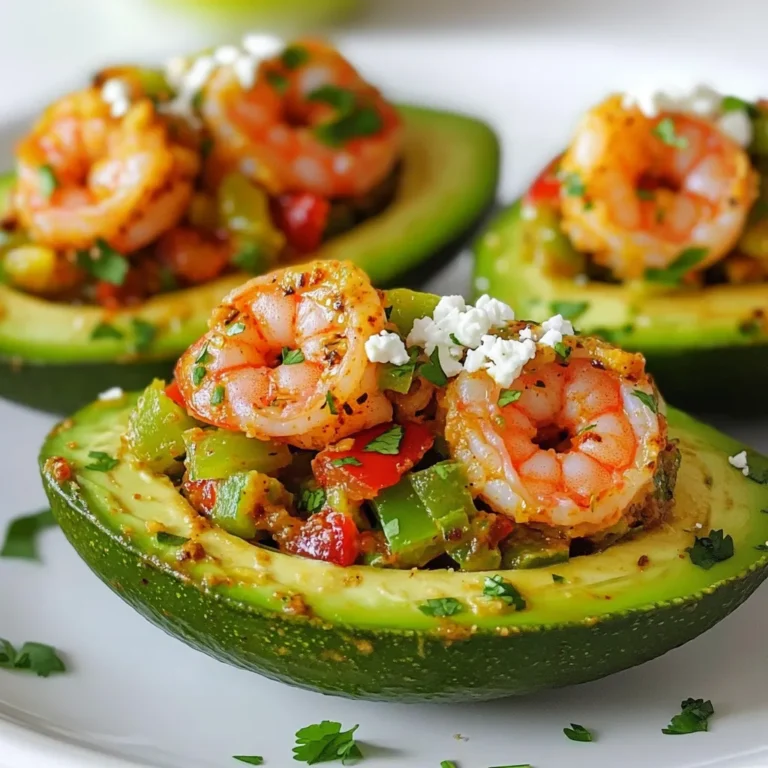 - 2 ripe avocados, halved and pitted - 1 pound medium shrimp, peeled and deveined - 2 tablespoons Cajun seasoning - 1 tablespoon olive oil - 1 small red bell pepper, diced - 1 small green bell pepper, diced - 1/4 cup red onion, finely chopped - 1 clove garlic, minced - 1/4 cup fresh cilantro, chopped - Juice of 1 lime - Salt and pepper to taste - Optional: Crumbled feta cheese for topping In this dish, I use ripe avocados as a creamy base. They give a rich flavor and a smooth texture. The medium shrimp brings a sweet taste that pairs well with spices. Cajun seasoning adds the heat and depth that makes this dish pop. I like to include colorful veggies, too. The red and green bell peppers add crunch and bright flavor. Red onion gives a nice sharpness, while garlic adds warmth. Fresh cilantro adds a burst of freshness that ties everything together. To finish, I squeeze lime juice over the filling. It brightens the dish and adds a tangy kick. Don’t forget the salt and pepper to taste. If you want more flavor, sprinkle feta cheese on top. It adds a salty, creamy touch that many enjoy. First, take your shrimp and toss them with Cajun seasoning. Use about two tablespoons of seasoning for one pound of shrimp. Make sure each piece is well-coated. This step is key for flavor. Marinating for at least 15 minutes helps the spices soak in. You can let it sit while you gather the other ingredients. Next, heat a skillet over medium-high heat. Add one tablespoon of olive oil and let it warm up. Then, add the seasoned shrimp to the skillet. Sauté the shrimp for about three to four minutes. Watch for them to turn pink and opaque. This means they are cooked properly. Remove them from heat and let them cool slightly. Now, it's time to mix the filling. In a large bowl, combine the cooked shrimp with diced red and green bell peppers, chopped red onion, minced garlic, and fresh cilantro. Squeeze the juice of one lime over the mix. Season with salt and pepper to taste. Gently mix everything until it’s well combined. Take your ripe avocados and spoon the shrimp mixture into each half. Fill them generously to the top. For a nice touch, sprinkle crumbled feta cheese over the stuffed avocados. This adds an extra burst of flavor and makes it look great. Enjoy your dish fresh for the best taste! To pick ripe avocados, gently squeeze them. They should feel slightly soft but not mushy. If they are hard, they need more time to ripen. You can leave them at room temperature for a few days. Once ripe, use them soon to avoid browning. When cutting avocados, use a sharp knife. First, slice down the middle, hitting the pit. Turn the avocado while holding the knife steady. Twist to separate the halves. Use a spoon to scoop out the pit carefully. Be gentle to keep the avocado intact. To boost flavor, try adding a dash of hot sauce or smoked paprika. You can also add fresh lime zest for more citrus notes. These simple tweaks can elevate your dish. For spice, adjust the Cajun seasoning. Add more for heat or less if you prefer mild flavors. Serve the stuffed avocados on a colorful platter. Arrange them with lime wedges and fresh cilantro for a pop of color. For garnishing, sprinkle crumbled feta cheese on top for extra texture. You can also drizzle with balsamic glaze for an elegant touch. {{image_2}} You can switch shrimp with chicken or tofu for a different taste. Both proteins work well with Cajun seasoning. If you want plant-based options, try using chickpeas or lentils. These add protein and fiber while keeping it fresh and delicious. Feel free to play with spices! Try adding smoked paprika or cayenne for extra heat. You can also mix in different vegetables like corn or zucchini. For a creamy twist, consider adding cheeses like goat cheese or pepper jack. Each change adds depth and keeps the dish exciting. Want to change it up? Turn this dish into a salad. Just chop the stuffed avocados and mix them with greens. You can also use the filling in wraps or tacos. It makes for a fun, handheld meal anytime. To keep your stuffed avocados fresh, store them in a sealed container. Place a piece of plastic wrap tightly over the top to reduce air exposure. This helps slow down browning. You can keep them in the fridge for about 1 to 2 days. After that, the avocados may get mushy and lose flavor. If you have leftover shrimp stuffing, you can safely reheat it. Use a microwave-safe dish and cover it with a damp paper towel. Heat in short intervals, stirring in between to ensure even warming. Avoid reheating the avocados. This keeps them firm and fresh. If you must, gently warm the shrimp stuffing and serve it in fresh avocados. You can freeze the shrimp stuffing if you need to save it for later. Place it in a freezer-safe container or bag. It will stay good for about 2 to 3 months. When you're ready to eat, thaw it overnight in the fridge. For fresh servings, I recommend preparing new avocados. This way, the texture stays nice and the flavor shines through. Yes, you can use frozen shrimp. To get the best results, thaw them properly. Here’s how: - Place the frozen shrimp in a bowl of cold water. - Let them sit for about 15 to 20 minutes. - Make sure to change the water halfway through to speed up the thawing. - Once thawed, pat the shrimp dry with a paper towel. This helps them absorb the Cajun seasoning better. If you can’t find Cajun seasoning, don’t worry! You can make your own. Here is a simple mix: - 1 teaspoon paprika - 1 teaspoon onion powder - 1 teaspoon garlic powder - 1/2 teaspoon cayenne pepper - 1/2 teaspoon thyme - 1/2 teaspoon oregano - Salt to taste Mix these spices together and enjoy the flavor. To keep avocados fresh, here are some tips: - Squeeze fresh lime juice on the cut side. The acid slows browning. - Cover the avocado tightly with plastic wrap. - Store it in an airtight container if you have one. - Place a piece of onion in with the avocado. The sulfur can help keep it green. These tricks keep your avocados looking bright and tasty! We explored how to make stuffed avocados with shrimp, avocados, and tasty seasonings. Each step, from prepping the shrimp to presenting the dish, is key for flavor. Remember, you can adapt the recipe with your favorite veggies or proteins. Store leftovers properly to keep them fresh, and don’t hesitate to experiment with flavors. Enjoy the simple steps to create a dish that impresses. Happy cooking!