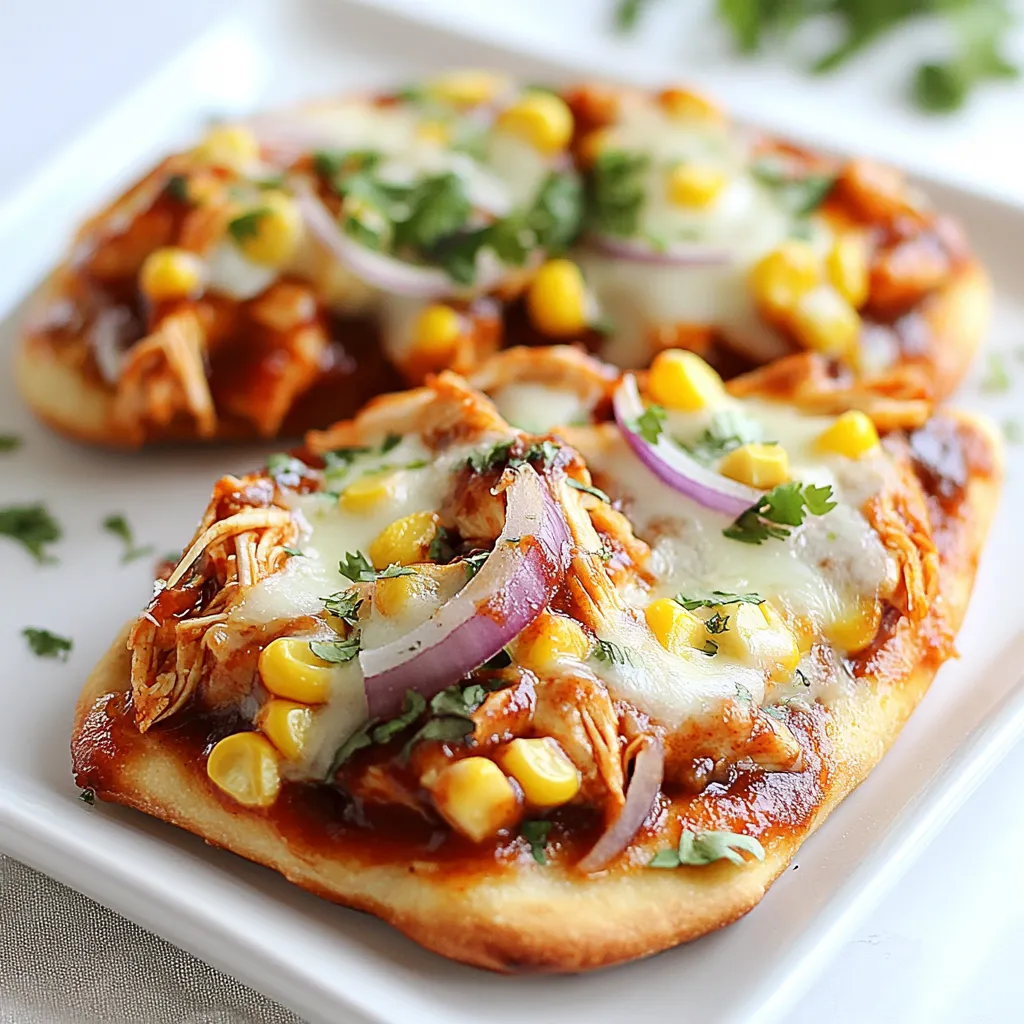 - 2 flatbreads (store-bought or homemade) - 1 cup cooked chicken, shredded - 1/2 cup BBQ sauce - 1 cup shredded mozzarella cheese - 1/2 red onion, thinly sliced - 1/2 cup corn kernels - 1/4 cup fresh cilantro, chopped - 1 tablespoon olive oil - Salt and pepper to taste For this BBQ Chicken Flatbread Pizza, you need fresh and simple ingredients. Start with two flatbreads. You can use store-bought ones for speed or make your own if you prefer. You will also need one cup of cooked chicken. Shredded chicken works best for this recipe. Next, grab half a cup of your favorite BBQ sauce. This sauce adds a sweet and tangy flavor that pairs well with chicken. You will also need one cup of shredded mozzarella cheese. This cheese melts perfectly and gives that gooey texture we all love. For crunch and flavor, slice half a red onion thinly. You will also need half a cup of corn kernels. Fresh corn is great, but frozen corn works too. Don’t forget a quarter cup of fresh cilantro for a nice touch at the end. Lastly, you should have one tablespoon of olive oil and some salt and pepper to taste. With these ingredients ready, you are set to make a delicious BBQ Chicken Flatbread Pizza. {{ingredient_image_1}} First, set your oven to 400°F (200°C). This preheating step warms the oven for a great bake. It helps the flatbreads get crispy and the cheese melt perfectly. In a bowl, mix the cooked, shredded chicken with the BBQ sauce. Make sure every piece gets a good coat. This step adds flavor and moisture to your pizza. Next, place the flatbreads on a baking sheet. Brush each one lightly with olive oil. This helps them crisp up nicely. Spread the BBQ chicken mix evenly over each flatbread. Leave a little space around the edges. Now, sprinkle the shredded mozzarella cheese on top. Make sure to spread it out well. Add the thinly sliced red onion and corn kernels. A pinch of salt and pepper adds a nice touch. Slide the baking sheet into your preheated oven. Bake for 12 to 15 minutes. Look for the cheese to melt and bubble. The edges of the flatbreads should turn golden brown. When they are ready, take them out and let cool for a minute. Finish with a sprinkle of fresh cilantro on top. Now, slice your BBQ Chicken Flatbread Pizza and enjoy each bite! Pick a BBQ sauce that matches your taste. Some sauces are sweet, while others are tangy. I love using a sauce with a kick. It adds a nice punch to the pizza. Test different brands until you find your favorite. You can also mix sauces for a unique flavor. Just remember, the sauce is key to your BBQ chicken flatbread pizza. Toppings can change your flatbread pizza game. I like to add fresh ingredients like thinly sliced red onions and corn. They bring crunch and sweetness. You can also try jalapeños for heat or bell peppers for color. Fresh herbs like cilantro add a pop of flavor too. Get creative! Mix and match toppings to suit your mood. Crispiness makes a flatbread pizza even better. Brush olive oil on the flatbreads before baking. This helps them crisp up nicely. Bake at 400°F (200°C) until the edges turn golden brown. Keep an eye on them! You want melted cheese and a crunchy base. If you like extra crunch, you can bake them a bit longer. Enjoy that perfect texture! Pro Tips Use Rotisserie Chicken: For a quicker option, use store-bought rotisserie chicken. It adds great flavor and saves time on cooking. Experiment with BBQ Sauces: Try different BBQ sauces to find your favorite flavor profile, such as sweet, smoky, or spicy. Add Extra Veggies: Feel free to add more toppings like bell peppers, jalapeños, or mushrooms for added flavor and nutrition. Perfect Cheese Melt: For an extra gooey cheese experience, switch half of the mozzarella for provolone or gouda. {{image_2}} You can easily make a vegetarian version of this flatbread pizza. Instead of chicken, use a mix of colorful veggies. Try bell peppers, mushrooms, or zucchini. Add black beans for protein. Use the same BBQ sauce to keep that great taste. Top it all with mozzarella cheese and bake. You will enjoy a fresh and tasty meal. If you like heat, spice up your BBQ chicken flatbread. Add sliced jalapeños on top of the chicken. You can also mix in some hot sauce with the BBQ sauce. This adds a nice kick. For an even bolder flavor, try a spicy BBQ sauce. This will make your flatbread pizza stand out. While mozzarella is a classic choice, you can switch it up. Use pepper jack cheese for a spicy twist. Feta cheese adds a tangy bite. If you prefer a creamier taste, try goat cheese. Each cheese brings a new flavor to your flatbread. Feel free to mix different cheeses to find your favorite combo. To store your BBQ Chicken Flatbread Pizza, allow it to cool first. Place leftovers in an airtight container. This keeps the pizza fresh for up to three days in the fridge. If you use foil or plastic wrap, make sure it’s tight. This helps avoid sogginess. When you’re ready to enjoy leftovers, preheat your oven to 350°F (175°C). Place the flatbread on a baking sheet. Heat for about 10 to 12 minutes. This method keeps the crust crispy. You can also use a microwave, but it may make the crust soft. If you choose the microwave, heat for 1-2 minutes. If you want to freeze your BBQ Chicken Flatbread Pizza, wrap it well in plastic wrap. Then, place it in a freezer bag. It can last up to two months in the freezer. To reheat, simply bake from frozen at 400°F (200°C) for about 15-20 minutes. This will bring back its fresh taste and texture. Yes, you can! Try shredded pork or beef. Both have great BBQ flavors. You can also use tofu for a tasty vegetarian option. Each protein adds its own twist to the flatbread. Making flatbreads is simple! Here’s a quick method: - Ingredients: - 2 cups all-purpose flour - 1 teaspoon salt - 3/4 cup water - 1 tablespoon olive oil - Instructions: 1. Mix flour and salt in a bowl. 2. Add water and oil. Stir until a dough forms. 3. Knead the dough for 5 minutes on a floured surface. 4. Divide into two balls. Roll each ball into a flat round shape. 5. Cook on a hot skillet for 2-3 minutes on each side. Now you have fresh, homemade flatbreads ready for your pizza! Many sides go great with this pizza! Here are some ideas: - Coleslaw: It adds crunch and freshness. - Corn on the cob: Simple and sweet, it pairs well. - Mixed greens salad: Use a light dressing for balance. - Grilled veggies: They add color and flavor. These sides will make your meal even more enjoyable! This blog post covered how to make delicious BBQ chicken flatbread pizza. We discussed the simple ingredients you need, like chicken, cheese, and BBQ sauce. I shared clear steps to prepare, bake, and enjoy this dish. You learned tips to choose sauce, add toppings, and get a crispy crust. Plus, we explored vegetarian options and ways to store any leftovers. I hope you feel inspired to try this easy recipe! Enjoy every bite.