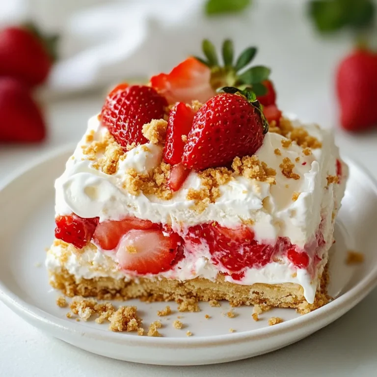 You need 2 cups of fresh strawberries. Make sure they are ripe and sweet. Hull and slice them into small pieces. This helps release their juices. The strawberries add a bright flavor to the bars. You will use 1 cup of heavy whipping cream. Whipping cream makes the bars creamy and rich. It forms stiff peaks when whipped well. This gives the bars a nice texture. You need 1 cup of crushed shortbread cookies. These cookies add crunch and sweetness. They mix well with the cream. You can use extra cookies for topping. - 1/4 cup granulated sugar - 1 cup sweetened condensed milk - 1 teaspoon vanilla extract - 1/2 cup white chocolate chips, melted - Pinch of salt The sugar helps sweeten the strawberries. Sweetened condensed milk makes the mixture creamy. Vanilla extract adds a warm flavor. Melted white chocolate gives a nice touch to the bars. A small pinch of salt balances the sweetness. {{ingredient_image_1}} To start, take 2 cups of fresh strawberries. Hull and slice them into small pieces. In a medium bowl, mix the strawberries with 2 tablespoons of granulated sugar. This helps the strawberries release their juices. Let them sit for about 15 minutes. You'll see them soften and become juicy. This sweet mix will add flavor to your bars. Next, grab a large mixing bowl. Pour in 1 cup of heavy whipping cream. Use a mixer to whip the cream until you see stiff peaks. This will take a few minutes. Once done, gently fold in 1 cup of sweetened condensed milk. Add 1 teaspoon of vanilla extract and a pinch of salt for taste. Mix well until everything blends smoothly. Now, fold in 1 cup of crushed shortbread cookies. This adds a nice crunch to your bars. For a fun twist, drizzle in some melted white chocolate. Fold gently to create a marbled look. Grab a rectangular dish lined with parchment paper. Spoon half of your cream mixture into the dish. Spread it evenly. Next, layer the juicy strawberries on top. Then, add the rest of the cream mixture over the strawberries. Cover the dish with plastic wrap. Place it in the freezer for at least 4 to 6 hours. This will help the bars set fully. When the bars are frozen, take them out of the dish. Cut them into bars. For a sweet finish, dip the top of each bar into melted white chocolate. Sprinkle extra crushed shortbread cookies on top for added crunch. Enjoy your delicious Strawberry Shortcake Ice Cream Bars right away. You can also store them in an airtight container in the freezer for later. When picking strawberries, look for bright red ones. They should feel firm and smell sweet. Avoid dull or mushy berries. Fresh strawberries will make your ice cream bars taste great. If you can, buy organic strawberries. They often have better flavor and fewer chemicals. To whip cream well, start with cold heavy cream. Use a clean bowl and beaters. Whip until stiff peaks form, but don’t overdo it. Over-whipped cream can turn grainy. Fold the whipped cream gently with the other ingredients. This keeps the mixture light and airy. To boost flavor, add a squeeze of lemon juice to the strawberries. This enhances their sweetness. Mix in a little extra vanilla extract in the cream for depth. You can also try adding a splash of almond extract. It adds a nice twist to the classic taste. Pro Tips Choose Ripe Strawberries: Make sure to select ripe, sweet strawberries for the best flavor in your ice cream bars. Whip Cream Properly: Whip the heavy cream until stiff peaks form to ensure a light and airy texture in the bars. Use Parchment Paper: Lining your dish with parchment paper will make it easier to remove the bars once frozen. Customize the Toppings: Feel free to add nuts or sprinkles as toppings along with the crushed cookies for extra texture and flavor. {{image_2}} You can swap strawberries for other fruits. Ripe peaches add a sweet twist. Fresh blueberries give a nice pop of color. Try raspberries for a tart bite. Each fruit brings its own flavor to the bars. Just make sure to adjust the sugar based on the fruit's sweetness. For a dairy-free version, use coconut cream instead of heavy cream. It still whips well and adds a light coconut flavor. Replace sweetened condensed milk with almond or oat milk. Use a dairy-free chocolate for a fun topping. These swaps make the dessert lighter and healthier. You can make your bars even more fun with toppings. Try crushed nuts for a crunchy bite. A drizzle of caramel sauce adds a sweet touch. You can also use sprinkles for a festive look. Mix in mini chocolate chips for extra sweetness. Let your imagination run wild! To keep your Strawberry Shortcake Ice Cream Bars fresh, use an airtight container. Wrap each bar in plastic wrap for extra protection. This step helps avoid freezer burn and keeps the flavor intact. Always store the bars in the coldest part of the freezer. Avoid placing them near the door, as the temperature can change often. Your bars will stay tasty for about three months in the freezer. After that, they may lose flavor and texture. To enjoy the best taste, try to eat them within this time frame. Mark the container with the date you made them to keep track of freshness. If your bars are too hard to eat, let them sit at room temperature for about five minutes. This time allows them to soften just enough without melting. Do not use a microwave, as it can ruin the texture. Enjoy your bars when they are creamy and delicious! Strawberry Shortcake Ice Cream Bars last about two months in the freezer. Make sure to store them in an airtight container. This helps keep them fresh and tasty. Yes, you can use frozen strawberries. Just thaw them first and drain excess juice. This keeps your bars from getting too watery. Fresh strawberries do give a better flavor, though. You can use coconut cream or full-fat Greek yogurt as a substitute. Both will give a creamy texture. If you want a lighter option, try low-fat milk, but the bars will be less rich. Yes, you can use gluten-free shortbread cookies. Many brands offer gluten-free cookies that are very tasty. Just check the label to ensure they fit your needs. To make these bars without condensed milk, use a mix of yogurt and sugar. Combine 1 cup of yogurt with 1/4 cup of sugar. This mix will keep the bars creamy and sweet. You learned about the key ingredients for Strawberry Shortcake Ice Cream Bars, including fresh strawberries and creamy components. I shared step-by-step instructions for making these tasty treats. Tips on choosing the best fruit and achieving perfect cream were also included. We explored fun variations for different diets and preferences. Proper storage info helps keep your bars fresh. Now, enjoy crafting this delicious dessert, knowing how to tweak it to fit your taste. Dive into your kitchen and get creative with your own bars!