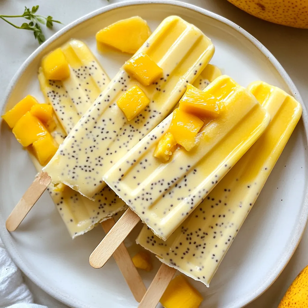 - 2 ripe mangoes, peeled and diced - 1 cup coconut milk (canned or carton) - 2 tablespoons honey or maple syrup (adjust to taste) - 1/4 cup chia seeds - 1 teaspoon vanilla extract - A pinch of salt Mango Coconut Chia Pops start with fresh, ripe mangoes. The sweetness of ripe mangoes brings joy. Coconut milk adds creaminess and a tropical flair. You can use canned or carton coconut milk. Sweeteners like honey or maple syrup help balance flavors. Adjust the sweetness to your taste; some like it sweeter. Chia seeds are key to the texture. They swell and create a fun, gel-like consistency. Vanilla extract adds warmth and depth. A pinch of salt enhances all the flavors. Each ingredient plays a role in making these pops a refreshing summer treat. When I make these pops, I feel excited to blend flavors. The process is simple but rewarding. You can share these with family and friends, making hot days enjoyable. {{ingredient_image_1}} Start by peeling and dicing the ripe mangoes. I use two large mangoes for a sweet taste. Place the mango pieces in a blender with one cup of coconut milk. Blend until it becomes smooth and creamy. Next, add in two tablespoons of honey or maple syrup. Adjust this amount to your taste. Also, throw in one teaspoon of vanilla extract and a pinch of salt. Blend it again briefly to mix everything well. Now, take a large bowl and combine the mango-coconut mixture with 1/4 cup of chia seeds. Stir it well. This step ensures that the chia seeds spread evenly throughout the mix. Let the mixture sit for about 10 to 15 minutes. This time allows the chia seeds to absorb the liquid and swell. Stir occasionally. This prevents the seeds from clumping together. When the seeds swell, they become slightly gelatinous, adding a nice texture to your pops. Once the chia seeds have expanded, it’s time to pour the mixture into popsicle molds. Fill each mold, but leave a little space at the top for expansion. If you want extra flavor and texture, add small pieces of mango into the molds. This step makes each bite even more delightful. Insert popsicle sticks into the molds. Place them in the freezer. Freeze your pops for at least 4 to 6 hours until they are completely solid. When it’s time to enjoy your mango coconut chia pops, run the molds under warm water for a few seconds. This will help loosen them. Then gently pull them out. Enjoy this refreshing treat! For a smooth and rich taste, use ripe mangoes. They should yield slightly when pressed. This softness gives the pops a creamy feel. If your mangoes are not ripe enough, the pops can taste too fibrous. For sweetness, add honey or maple syrup to your liking. Start with two tablespoons and taste the mix. Adjust based on your sweet tooth. To avoid clumping, mix chia seeds well with the mango-coconut blend right after combining. Stir until all seeds are soaked. Let the mix rest for 10-15 minutes. This step is key. It allows the chia seeds to swell and create that delightful texture. Stir again before pouring into molds to ensure even distribution. Removing the pops from molds can be tricky. To make it easier, run warm water over the outside of the molds. Just a few seconds will help loosen the pops. Then, gently pull them out. Avoid using too much force; you don’t want to break them. Enjoy these tasty treats fresh and cold! Pro Tips Use Ripe Mangoes: The riper the mangoes, the sweeter and more flavorful your pops will be. Look for mangoes with a slight give when gently squeezed. Sweetness Adjustment: Adjust the sweetness by adding more or less honey or maple syrup according to your taste preferences, especially if your mangoes are particularly sweet or tart. Chia Seed Soaking: Allowing the chia seeds to soak for 10-15 minutes is crucial for achieving the right texture. This prevents them from clumping together and ensures a smooth consistency. Freezing Tips: For the best results, freeze the popsicles for at least 6 hours to ensure they are completely solid before attempting to remove them from the molds. {{image_2}} You can mix things up with different fruits in your Mango Coconut Chia Pops. Adding pineapple gives a tropical twist. Berries, like strawberries or blueberries, add color and tartness. Each fruit brings a unique flavor to the pops. You can experiment with any fruit you love! Switching up the milk also offers more options. Almond milk or oat milk can replace coconut milk. Each milk alternative changes the taste and texture. For a creamier pop, stick with canned coconut milk. If you want to make these pops vegan, simply use maple syrup instead of honey. This keeps your pops sweet while fitting a vegan diet. You can also swap sweeteners for low-sugar options. Stevia or monk fruit work well and still taste great. For those watching sugar intake, reduce the sweetener amount. The natural sweetness of mangoes can often be enough. Taste the mixture before adding more sugar. To add more flavor, you can mix in yogurt or fruit puree. This creates tasty swirls in your pops. Use Greek yogurt for extra protein, or a fruit puree for more fruit flavor. Both options make the pops more fun and flavorful. Layering your flavors can make the pops look beautiful. Pour one flavor in the mold, freeze it for a bit, then add another layer. This method gives a cool visual effect. You can create a rainbow of colors and flavors! To keep your Mango Coconut Chia Pops fresh, store them in airtight containers. These containers prevent freezer odors from affecting your pops. You can also use freezer bags. If using bags, squeeze out all the air before sealing. This keeps the pops from getting freezer burn. These pops will stay fresh in the freezer for about three months. After that, they may lose taste and texture. Look out for signs of freezer burn, like dry spots or ice crystals. If you see these, the pops may not taste as good. When you're ready to eat your pops, the best way to thaw them is at room temperature. Leave them out for about 5-10 minutes. You can also run them under warm water for a few seconds. This method helps release the pops from the molds easily, making them ready to enjoy! The total time to make these pops is about six hours. You spend about 15 minutes preparing the mixture. After that, you freeze it for four to six hours. Yes, you can use frozen mango. Just let it thaw a bit before blending. This way, it blends nicely into a smooth mixture. Frozen mango gives you the same great taste. Make sure to check for added sugar in frozen fruit. Mango Coconut Chia Pops are healthy! Each pop is low in calories and packed with nutrients. Mangoes are rich in vitamins A and C. Chia seeds add fiber and omega-3 fatty acids. These ingredients make for a tasty, nutritious snack. You can use agave syrup or stevia instead of honey or maple syrup. Both are great for sweetening your pops. Adjust the amount based on how sweet you like your treats. In this blog post, we explored how to make tasty Mango Coconut Chia Pops. We discussed key ingredients and provided simple steps for mixing, freezing, and storing. I shared tips to ensure a creamy texture and avoid clumps. These pops are not only delicious but also nutritious. They offer fun ways to mix flavors and accommodate different diets. Enjoy your refreshing treats and get creative with your own variations!