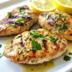 - 4 boneless, skinless chicken breasts - 1/4 cup olive oil - 3 tablespoons fresh lemon juice - Zest of 1 lemon - 2 teaspoons dried oregano - 2 teaspoons fresh thyme leaves - 2 cloves garlic, minced - Salt and pepper to taste For this recipe, I use boneless, skinless chicken breasts. They cook evenly and stay juicy. The marinade is key to great flavor. I combine olive oil, fresh lemon juice, and lemon zest. The lemon adds brightness and a fresh taste. Dried oregano and fresh thyme bring earthy notes. Minced garlic adds depth. Salt and pepper season the chicken perfectly. - Fresh parsley, chopped Garnishing is fun and adds color. I often use freshly chopped parsley. It looks nice and tastes great. You can also try cilantro or chives. For a twist, mix in some lemon slices. They add a fresh pop and make the dish look special. {{ingredient_image_1}} First, gather your ingredients. You will need olive oil, lemon juice, lemon zest, oregano, thyme, garlic, salt, and pepper. Place these in a medium bowl. Use a whisk to mix them well. This step combines all the flavors. Marinating is key. I suggest letting the chicken sit in the marinade for at least 30 minutes. If you have time, two hours will enhance the taste even more. It allows the chicken to soak up all those yummy flavors. Now, let’s get the grill ready. Preheat it to medium-high heat. This helps the chicken cook evenly. Remove the chicken from the marinade. Let any extra marinade drip off. Discard the leftover marinade to keep it safe. Place the chicken on the grill. Cook it for about 6 to 7 minutes on each side. The chicken is done when it reaches 165°F or 75°C. Look for nice grill marks too! After grilling, remove the chicken and let it rest for 5 minutes. Resting helps keep the juices inside. Slice the chicken into pieces. Arrange it on a plate and sprinkle with fresh parsley for a nice touch. Serve it with a side of vegetables or rice for a complete meal. You can also pair it with a salad for a fresh crunch! To boost the flavor of your Lemon Herb Grilled Chicken, marinate it well. Use a mix of olive oil, lemon juice, and herbs as the base. Let the chicken soak for at least 30 minutes. For deeper flavor, aim for two hours. This time allows the marinade to work its magic, making the chicken juicy and tasty. When grilling, choose a method that fits your style. A gas grill heats up fast and offers even cooking. Charcoal adds a smoky flavor but needs more time to heat. Both methods can give you great results. Just make sure your grill is ready before you start cooking. To check if your chicken is done, use a meat thermometer. The safe internal temperature is 165°F (75°C). Insert the thermometer into the thickest part of the chicken. This step ensures you avoid undercooking, which can be unsafe. To prevent your chicken from drying out, don’t overcook it. Keep an eye on the grill time, about 6-7 minutes per side. Letting the chicken rest for 5 minutes after grilling helps, too. This resting time allows the juices to redistribute, keeping your chicken moist and tender. Pro Tips Marinate Longer for More Flavor: For the best flavor, marinate the chicken for up to 2 hours. This allows the herbs and lemon to infuse deeply into the meat. Let It Rest: After grilling, let the chicken rest for at least 5 minutes before slicing. This helps the juices redistribute and keeps the chicken moist. Check the Temperature: Use a meat thermometer to ensure the chicken reaches an internal temperature of 165°F (75°C) for safe consumption. Customize Your Herbs: Feel free to experiment with different herbs. Fresh basil or rosemary can add a unique twist to the marinade. {{image_2}} You can change the marinade to make your lemon herb grilled chicken even better. - Adding spices for extra flavor: Try adding smoked paprika or cumin to the mix. These spices give a warm, rich taste. You can also use a pinch of cayenne for a kick. Just remember to keep it balanced with the lemon. - Swapping herbs for unique twists: Instead of thyme and oregano, use rosemary or basil. Each herb adds a special flavor. If you want a more Mediterranean vibe, go for rosemary. If you like a milder taste, basil works great. You can cook lemon herb grilled chicken in different ways if you don’t have a grill. - Oven-baking instructions: Preheat your oven to 400°F (200°C). Place the marinated chicken on a baking sheet. Bake for 20-25 minutes, or until the chicken is golden and reaches an internal temperature of 165°F (75°C). This method keeps the chicken juicy. - Pan-searing methods: Heat a skillet over medium heat. Add a bit of olive oil. Place the chicken in the pan and cook for about 7-8 minutes on each side. This method gives a nice sear and flavor. Use a meat thermometer to check that it has cooked through. You can store cooked chicken in the fridge for up to four days. Keep it in an airtight container. This helps keep the chicken fresh and safe to eat. If you want to keep it longer, consider freezing it. To avoid drying out, let the chicken cool before storing. Cover it well to keep moisture in. To freeze grilled chicken, wrap it tightly in plastic wrap or foil. Then, place it in a freezer bag. This helps prevent freezer burn. You can freeze it for up to three months. When you’re ready to eat, thaw the chicken in the fridge overnight. This keeps the texture nice and juicy. Avoid thawing it in the microwave, as it can cook unevenly. You can pair this chicken with many tasty sides. Some great options are: - Grilled vegetables: Zucchini, bell peppers, and asparagus are perfect. - Rice: A light lemon rice or wild rice goes well. - Potatoes: Roasted or mashed potatoes add comfort. - Salads: A fresh garden salad or a Greek salad brightens the meal. - Grains: Quinoa or couscous can add texture and flavor. A colorful plate makes it fun to eat! Yes, you can use bone-in chicken. It adds a richer flavor. However, you will need to adjust the cooking time. Bone-in chicken takes longer to cook than boneless. - Cooking time: Grill for about 10-12 minutes on each side. - Flavor: The bones add moisture and depth to the taste. - Texture: It may be juicier and more tender compared to boneless. Just make sure it reaches an internal temperature of 165°F (75°C). You want to check the chicken's internal temperature. Use a meat thermometer for an accurate read. - Internal temperature: The chicken should be at least 165°F (75°C). - Visual signs: The juices should run clear, and the meat should not be pink inside. - Feel: Properly cooked chicken feels firm but springy when pressed. These tips ensure you serve safe and delicious chicken. This blog post covered how to make Lemon Herb Grilled Chicken. We discussed the main and additional ingredients, emphasizing marinades and garnish options. I provided clear steps for preparing, grilling, and serving the chicken. You also learned tips for enhancing flavor and ensuring perfect grilling. In closing, with the right techniques and ingredients, your chicken will be tasty and tender. Enjoy the process and experiment with variations to suit your tastes. Happy grilling!