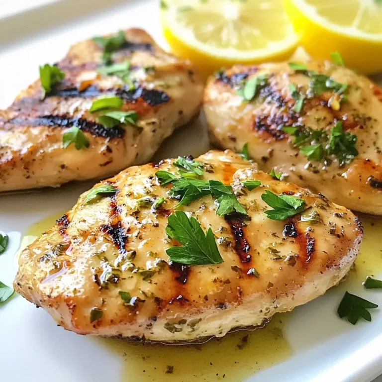 - 4 boneless, skinless chicken breasts - 1/4 cup olive oil - 3 tablespoons fresh lemon juice - Zest of 1 lemon - 2 teaspoons dried oregano - 2 teaspoons fresh thyme leaves - 2 cloves garlic, minced - Salt and pepper to taste For this recipe, I use boneless, skinless chicken breasts. They cook evenly and stay juicy. The marinade is key to great flavor. I combine olive oil, fresh lemon juice, and lemon zest. The lemon adds brightness and a fresh taste. Dried oregano and fresh thyme bring earthy notes. Minced garlic adds depth. Salt and pepper season the chicken perfectly. - Fresh parsley, chopped Garnishing is fun and adds color. I often use freshly chopped parsley. It looks nice and tastes great. You can also try cilantro or chives. For a twist, mix in some lemon slices. They add a fresh pop and make the dish look special. {{ingredient_image_1}} First, gather your ingredients. You will need olive oil, lemon juice, lemon zest, oregano, thyme, garlic, salt, and pepper. Place these in a medium bowl. Use a whisk to mix them well. This step combines all the flavors. Marinating is key. I suggest letting the chicken sit in the marinade for at least 30 minutes. If you have time, two hours will enhance the taste even more. It allows the chicken to soak up all those yummy flavors. Now, let’s get the grill ready. Preheat it to medium-high heat. This helps the chicken cook evenly. Remove the chicken from the marinade. Let any extra marinade drip off. Discard the leftover marinade to keep it safe. Place the chicken on the grill. Cook it for about 6 to 7 minutes on each side. The chicken is done when it reaches 165°F or 75°C. Look for nice grill marks too! After grilling, remove the chicken and let it rest for 5 minutes. Resting helps keep the juices inside. Slice the chicken into pieces. Arrange it on a plate and sprinkle with fresh parsley for a nice touch. Serve it with a side of vegetables or rice for a complete meal. You can also pair it with a salad for a fresh crunch! To boost the flavor of your Lemon Herb Grilled Chicken, marinate it well. Use a mix of olive oil, lemon juice, and herbs as the base. Let the chicken soak for at least 30 minutes. For deeper flavor, aim for two hours. This time allows the marinade to work its magic, making the chicken juicy and tasty. When grilling, choose a method that fits your style. A gas grill heats up fast and offers even cooking. Charcoal adds a smoky flavor but needs more time to heat. Both methods can give you great results. Just make sure your grill is ready before you start cooking. To check if your chicken is done, use a meat thermometer. The safe internal temperature is 165°F (75°C). Insert the thermometer into the thickest part of the chicken. This step ensures you avoid undercooking, which can be unsafe. To prevent your chicken from drying out, don’t overcook it. Keep an eye on the grill time, about 6-7 minutes per side. Letting the chicken rest for 5 minutes after grilling helps, too. This resting time allows the juices to redistribute, keeping your chicken moist and tender. Pro Tips Marinate Longer for More Flavor: For the best flavor, marinate the chicken for up to 2 hours. This allows the herbs and lemon to infuse deeply into the meat. Let It Rest: After grilling, let the chicken rest for at least 5 minutes before slicing. This helps the juices redistribute and keeps the chicken moist. Check the Temperature: Use a meat thermometer to ensure the chicken reaches an internal temperature of 165°F (75°C) for safe consumption. Customize Your Herbs: Feel free to experiment with different herbs. Fresh basil or rosemary can add a unique twist to the marinade. {{image_2}} You can change the marinade to make your lemon herb grilled chicken even better. - Adding spices for extra flavor: Try adding smoked paprika or cumin to the mix. These spices give a warm, rich taste. You can also use a pinch of cayenne for a kick. Just remember to keep it balanced with the lemon. - Swapping herbs for unique twists: Instead of thyme and oregano, use rosemary or basil. Each herb adds a special flavor. If you want a more Mediterranean vibe, go for rosemary. If you like a milder taste, basil works great. You can cook lemon herb grilled chicken in different ways if you don’t have a grill. - Oven-baking instructions: Preheat your oven to 400°F (200°C). Place the marinated chicken on a baking sheet. Bake for 20-25 minutes, or until the chicken is golden and reaches an internal temperature of 165°F (75°C). This method keeps the chicken juicy. - Pan-searing methods: Heat a skillet over medium heat. Add a bit of olive oil. Place the chicken in the pan and cook for about 7-8 minutes on each side. This method gives a nice sear and flavor. Use a meat thermometer to check that it has cooked through. You can store cooked chicken in the fridge for up to four days. Keep it in an airtight container. This helps keep the chicken fresh and safe to eat. If you want to keep it longer, consider freezing it. To avoid drying out, let the chicken cool before storing. Cover it well to keep moisture in. To freeze grilled chicken, wrap it tightly in plastic wrap or foil. Then, place it in a freezer bag. This helps prevent freezer burn. You can freeze it for up to three months. When you’re ready to eat, thaw the chicken in the fridge overnight. This keeps the texture nice and juicy. Avoid thawing it in the microwave, as it can cook unevenly. You can pair this chicken with many tasty sides. Some great options are: - Grilled vegetables: Zucchini, bell peppers, and asparagus are perfect. - Rice: A light lemon rice or wild rice goes well. - Potatoes: Roasted or mashed potatoes add comfort. - Salads: A fresh garden salad or a Greek salad brightens the meal. - Grains: Quinoa or couscous can add texture and flavor. A colorful plate makes it fun to eat! Yes, you can use bone-in chicken. It adds a richer flavor. However, you will need to adjust the cooking time. Bone-in chicken takes longer to cook than boneless. - Cooking time: Grill for about 10-12 minutes on each side. - Flavor: The bones add moisture and depth to the taste. - Texture: It may be juicier and more tender compared to boneless. Just make sure it reaches an internal temperature of 165°F (75°C). You want to check the chicken's internal temperature. Use a meat thermometer for an accurate read. - Internal temperature: The chicken should be at least 165°F (75°C). - Visual signs: The juices should run clear, and the meat should not be pink inside. - Feel: Properly cooked chicken feels firm but springy when pressed. These tips ensure you serve safe and delicious chicken. This blog post covered how to make Lemon Herb Grilled Chicken. We discussed the main and additional ingredients, emphasizing marinades and garnish options. I provided clear steps for preparing, grilling, and serving the chicken. You also learned tips for enhancing flavor and ensuring perfect grilling. In closing, with the right techniques and ingredients, your chicken will be tasty and tender. Enjoy the process and experiment with variations to suit your tastes. Happy grilling!