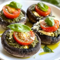 For the Pesto Ricotta Stuffed Portobello Mushrooms, gather these key items: - 4 large Portobello mushrooms, stems removed - 1 cup ricotta cheese - 1/2 cup prepared pesto - 1/4 cup grated Parmesan cheese - 1/2 teaspoon garlic powder - Salt and pepper to taste - 1/4 cup cherry tomatoes, halved - 1/4 cup fresh basil leaves, for garnish - 2 tablespoons olive oil These ingredients combine to create a rich, creamy filling. The mushrooms serve as a delicious base that holds all the flavors together. The ricotta cheese adds creaminess, while the pesto adds a burst of fresh taste. The cherry tomatoes give a nice pop of color and sweetness, making the dish even more appealing. When preparing, make sure to use fresh ingredients for the best results. Fresh basil adds a lovely aroma and flavor. If you want to try different flavors, consider using homemade pesto. It can elevate your dish even more. As you gather your ingredients, think about how each one plays a role in this delightful meal. Enjoy the process and get ready to create a dish that impresses everyone! {{ingredient_image_1}} 1. Preheat the oven and prepare baking sheet Start by preheating your oven to 375°F (190°C). This step is key for even cooking. Next, grab a baking sheet. Line it with parchment paper for easy cleanup. 2. Clean the mushrooms and remove stems Take your large Portobello mushrooms and clean them with a damp cloth. This helps remove dirt. Gently twist and pull off the stems to create space for stuffing. 3. Create and mix the ricotta filling In a bowl, mix 1 cup of ricotta cheese, 1/2 cup of pesto, 1/4 cup of grated Parmesan, 1/2 teaspoon of garlic powder, salt, and pepper. Stir until everything blends well. This filling will be creamy and flavorful. 1. Fill the mushrooms with the ricotta mixture Use a spoon to fill each mushroom cap with the ricotta mixture. Pack it in well, so it does not spill out during baking. 2. Add cherry tomatoes and drizzle olive oil Halve 1/4 cup of cherry tomatoes and place them on top of the stuffed mushrooms. This adds freshness and color. Drizzle 2 tablespoons of olive oil over each mushroom to enhance the flavor. 3. Bake and let cool before serving Place the baking sheet in the oven. Bake for 20-25 minutes until the mushrooms are tender and the top is golden. Once done, take them out and let them cool for a few minutes. This helps the flavors settle before serving. When you pick Portobello mushrooms, look for ones that are firm and smooth. The caps should be dark brown and not have any bruises. A good mushroom has a strong, earthy smell. You want fresh mushrooms, as they taste better. To clean your mushrooms, use a damp cloth. Gently wipe the caps to remove any dirt. Avoid soaking them in water. Water can make mushrooms soggy. If you see any tough stems, trim them off carefully to keep the caps intact. To make your Pesto Ricotta Stuffed Portobello Mushrooms even tastier, think about adding more herbs or spices. A pinch of red pepper flakes adds a nice kick. You can also try a sprinkle of Italian seasoning for depth. Choosing the right pesto is key. If you use homemade pesto, it can taste richer and fresher. Store-bought pesto works too, but check the label for quality. Look for one with high-quality olive oil and fresh herbs. This will give your mushrooms the best flavor! Pro Tips Choose Fresh Mushrooms: Select Portobello mushrooms that are firm and have a smooth surface for the best flavor and texture. Customize Your Pesto: Experiment with different nuts or herbs in your pesto to create a unique flavor profile that complements the ricotta. Make Ahead: Prepare the stuffed mushrooms a few hours in advance and refrigerate them until you're ready to bake for a quick meal option. Serve with a Side Salad: Pair these stuffed mushrooms with a light salad for a complete and balanced meal that enhances the flavors. {{image_2}} You can switch up the cheese in your stuffed mushrooms. Try using goat cheese for a tangy twist. It adds a creamy texture and pairs well with pesto. You can also add other ingredients for more flavor. Chopped spinach or roasted red peppers work great in the mix. For proteins, consider diced cooked chicken or crumbled sausage. Each choice brings its own unique taste. To enhance your dish, serve the mushrooms with a fresh salad. A light Caesar or arugula salad complements the rich flavors. You can also serve warm crusty bread on the side. The bread is perfect for dipping into any sauce left on your plate. For sauces, a drizzle of balsamic glaze adds sweetness. You can also use a simple marinara for a classic touch. These options will elevate your meal and impress your guests. After you enjoy your Pesto Ricotta Stuffed Portobello Mushrooms, store any leftovers in the fridge. Place them in an airtight container. This keeps them fresh and tasty. They will last for about 3-4 days. To reheat, use the oven or microwave. If using the oven, set it to 350°F (175°C). Heat for about 10-15 minutes. If you choose the microwave, heat for 1-2 minutes. Check to ensure they are warm all the way through. Can you freeze the stuffed mushrooms? Yes, you can! Freezing keeps them for up to 3 months. To freeze, first let them cool completely. Then, place them on a baking sheet in a single layer. Freeze until solid, then transfer to a freezer bag or container. To thaw, put them in the fridge overnight. You can also bake them straight from the freezer. Just add a few extra minutes to the cooking time. Can I use homemade pesto for this recipe? Yes, homemade pesto works great here! Fresh flavors shine through. Just make sure it's well-blended for the best taste. How long do stuffed mushrooms last in the fridge? Stuffed mushrooms can last about 3-5 days in the fridge. Store them in an airtight container to keep them fresh. Can I make these mushrooms in advance? Absolutely! You can prepare them ahead of time. Just fill the mushrooms and keep them covered in the fridge. Bake them when you're ready to serve. What can I substitute for ricotta cheese? You can use cottage cheese or cream cheese as a substitute. Both bring a creamy texture. Adjust the seasonings to match your taste. Are Pesto Ricotta Stuffed Portobello Mushrooms healthy? Yes, they are quite healthy! They are low in carbs and have good protein from the cheese. Plus, mushrooms are packed with nutrients. Caloric content per serving? Each serving has about 220 calories. This number can change based on the specific brands and amounts of cheese you use. In this post, we explored how to make Pesto Ricotta Stuffed Portobello Mushrooms. We went through the ingredients, preparation steps, and cooking methods. I shared tips on choosing fresh mushrooms and enhancing flavor. We also looked at different filling options and storage tips. Remember, these stuffed mushrooms are not just easy to make; they are tasty and versatile. So, get creative with your ingredients and enjoy a delicious meal! Your kitchen can be filled with flavor and fun.