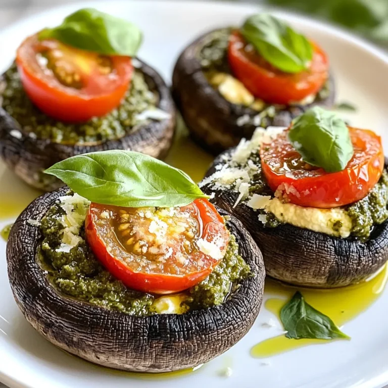 For the Pesto Ricotta Stuffed Portobello Mushrooms, gather these key items: - 4 large Portobello mushrooms, stems removed - 1 cup ricotta cheese - 1/2 cup prepared pesto - 1/4 cup grated Parmesan cheese - 1/2 teaspoon garlic powder - Salt and pepper to taste - 1/4 cup cherry tomatoes, halved - 1/4 cup fresh basil leaves, for garnish - 2 tablespoons olive oil These ingredients combine to create a rich, creamy filling. The mushrooms serve as a delicious base that holds all the flavors together. The ricotta cheese adds creaminess, while the pesto adds a burst of fresh taste. The cherry tomatoes give a nice pop of color and sweetness, making the dish even more appealing. When preparing, make sure to use fresh ingredients for the best results. Fresh basil adds a lovely aroma and flavor. If you want to try different flavors, consider using homemade pesto. It can elevate your dish even more. As you gather your ingredients, think about how each one plays a role in this delightful meal. Enjoy the process and get ready to create a dish that impresses everyone! {{ingredient_image_1}} 1. Preheat the oven and prepare baking sheet Start by preheating your oven to 375°F (190°C). This step is key for even cooking. Next, grab a baking sheet. Line it with parchment paper for easy cleanup. 2. Clean the mushrooms and remove stems Take your large Portobello mushrooms and clean them with a damp cloth. This helps remove dirt. Gently twist and pull off the stems to create space for stuffing. 3. Create and mix the ricotta filling In a bowl, mix 1 cup of ricotta cheese, 1/2 cup of pesto, 1/4 cup of grated Parmesan, 1/2 teaspoon of garlic powder, salt, and pepper. Stir until everything blends well. This filling will be creamy and flavorful. 1. Fill the mushrooms with the ricotta mixture Use a spoon to fill each mushroom cap with the ricotta mixture. Pack it in well, so it does not spill out during baking. 2. Add cherry tomatoes and drizzle olive oil Halve 1/4 cup of cherry tomatoes and place them on top of the stuffed mushrooms. This adds freshness and color. Drizzle 2 tablespoons of olive oil over each mushroom to enhance the flavor. 3. Bake and let cool before serving Place the baking sheet in the oven. Bake for 20-25 minutes until the mushrooms are tender and the top is golden. Once done, take them out and let them cool for a few minutes. This helps the flavors settle before serving. When you pick Portobello mushrooms, look for ones that are firm and smooth. The caps should be dark brown and not have any bruises. A good mushroom has a strong, earthy smell. You want fresh mushrooms, as they taste better. To clean your mushrooms, use a damp cloth. Gently wipe the caps to remove any dirt. Avoid soaking them in water. Water can make mushrooms soggy. If you see any tough stems, trim them off carefully to keep the caps intact. To make your Pesto Ricotta Stuffed Portobello Mushrooms even tastier, think about adding more herbs or spices. A pinch of red pepper flakes adds a nice kick. You can also try a sprinkle of Italian seasoning for depth. Choosing the right pesto is key. If you use homemade pesto, it can taste richer and fresher. Store-bought pesto works too, but check the label for quality. Look for one with high-quality olive oil and fresh herbs. This will give your mushrooms the best flavor! Pro Tips Choose Fresh Mushrooms: Select Portobello mushrooms that are firm and have a smooth surface for the best flavor and texture. Customize Your Pesto: Experiment with different nuts or herbs in your pesto to create a unique flavor profile that complements the ricotta. Make Ahead: Prepare the stuffed mushrooms a few hours in advance and refrigerate them until you're ready to bake for a quick meal option. Serve with a Side Salad: Pair these stuffed mushrooms with a light salad for a complete and balanced meal that enhances the flavors. {{image_2}} You can switch up the cheese in your stuffed mushrooms. Try using goat cheese for a tangy twist. It adds a creamy texture and pairs well with pesto. You can also add other ingredients for more flavor. Chopped spinach or roasted red peppers work great in the mix. For proteins, consider diced cooked chicken or crumbled sausage. Each choice brings its own unique taste. To enhance your dish, serve the mushrooms with a fresh salad. A light Caesar or arugula salad complements the rich flavors. You can also serve warm crusty bread on the side. The bread is perfect for dipping into any sauce left on your plate. For sauces, a drizzle of balsamic glaze adds sweetness. You can also use a simple marinara for a classic touch. These options will elevate your meal and impress your guests. After you enjoy your Pesto Ricotta Stuffed Portobello Mushrooms, store any leftovers in the fridge. Place them in an airtight container. This keeps them fresh and tasty. They will last for about 3-4 days. To reheat, use the oven or microwave. If using the oven, set it to 350°F (175°C). Heat for about 10-15 minutes. If you choose the microwave, heat for 1-2 minutes. Check to ensure they are warm all the way through. Can you freeze the stuffed mushrooms? Yes, you can! Freezing keeps them for up to 3 months. To freeze, first let them cool completely. Then, place them on a baking sheet in a single layer. Freeze until solid, then transfer to a freezer bag or container. To thaw, put them in the fridge overnight. You can also bake them straight from the freezer. Just add a few extra minutes to the cooking time. Can I use homemade pesto for this recipe? Yes, homemade pesto works great here! Fresh flavors shine through. Just make sure it's well-blended for the best taste. How long do stuffed mushrooms last in the fridge? Stuffed mushrooms can last about 3-5 days in the fridge. Store them in an airtight container to keep them fresh. Can I make these mushrooms in advance? Absolutely! You can prepare them ahead of time. Just fill the mushrooms and keep them covered in the fridge. Bake them when you're ready to serve. What can I substitute for ricotta cheese? You can use cottage cheese or cream cheese as a substitute. Both bring a creamy texture. Adjust the seasonings to match your taste. Are Pesto Ricotta Stuffed Portobello Mushrooms healthy? Yes, they are quite healthy! They are low in carbs and have good protein from the cheese. Plus, mushrooms are packed with nutrients. Caloric content per serving? Each serving has about 220 calories. This number can change based on the specific brands and amounts of cheese you use. In this post, we explored how to make Pesto Ricotta Stuffed Portobello Mushrooms. We went through the ingredients, preparation steps, and cooking methods. I shared tips on choosing fresh mushrooms and enhancing flavor. We also looked at different filling options and storage tips. Remember, these stuffed mushrooms are not just easy to make; they are tasty and versatile. So, get creative with your ingredients and enjoy a delicious meal! Your kitchen can be filled with flavor and fun.