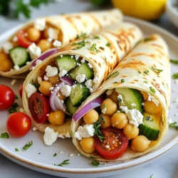 - 1 can (15 oz) chickpeas, drained and rinsed - 1 cup cucumber, diced - 1 cup cherry tomatoes, halved - 1/2 red onion, thinly sliced - 1/2 cup feta cheese, crumbled - 1/4 cup Kalamata olives, pitted and sliced - 2 tablespoons fresh parsley, chopped - 2 tablespoons fresh mint, chopped - Juice of 1 lemon - 3 tablespoons olive oil - 1 teaspoon dried oregano - Salt and pepper to taste - 4 whole wheat or spinach wraps The key ingredients for Greek chickpea wraps are chickpeas, fresh veggies, and feta cheese. Chickpeas give protein and texture. Fresh cucumber and tomatoes add crunch and color. Red onion brings a mild bite. Feta cheese adds creaminess and saltiness, while Kalamata olives offer a briny flavor that makes your wraps pop. Fresh herbs are vital for these wraps. Parsley and mint brighten the dish. They add freshness and enhance the flavors. When you use fresh herbs, you create a more vibrant and tasty experience. You can also play with herbs based on your taste. Try dill or basil for a twist. If you have allergies or dietary preferences, you can swap some ingredients. Use a dairy-free cheese if you're vegan. You can replace chickpeas with black beans for a different flavor. If you are gluten-free, use lettuce leaves instead of wraps. This keeps the meal light and fresh. {{ingredient_image_1}} - Combining Ingredients in a Bowl Start by draining and rinsing one can of chickpeas. In a large bowl, mix the chickpeas with 1 cup of diced cucumber, 1 cup of halved cherry tomatoes, and 1/2 of a thinly sliced red onion. Add 1/2 cup of crumbled feta cheese and 1/4 cup of sliced Kalamata olives. Finally, toss in 2 tablespoons each of chopped parsley and mint. This mix gives a fresh taste. - Making the Dressing In a separate small bowl, whisk together the juice of one lemon, 3 tablespoons of olive oil, 1 teaspoon of dried oregano, and add salt and pepper to taste. This dressing adds flavor and richness. - Tossing and Coating All Ingredients Pour the dressing over the chickpea mixture. Gently toss everything together. Ensure all ingredients are well coated. This step is key for flavor. - Laying Out the Wraps Lay out your whole wheat or spinach wraps on a clean, flat surface. Make sure they are ready to fill. - Portioning the Chickpea Filling Spoon an equal amount of the chickpea mixture onto the center of each wrap. Leave some space at the edges. This space helps with folding. - Folding and Rolling the Wraps Fold the sides of each wrap inward. Then, roll the wrap from the bottom up tightly. This secures the filling inside. - Reasons to Grill the Wraps Grilling adds a nice crunch and warmth to the wraps. It enhances the flavors and makes them even more enjoyable. - Tips for Achieving Perfect Crispiness If you choose to grill, heat a pan on medium. Grill each wrap for 2-3 minutes on each side. Look for a light golden color. This gives you a crispy outside while keeping the filling warm. Fresh ingredients make all the difference. Use ripe tomatoes, crisp cucumbers, and vibrant herbs. This gives your wraps a bright taste. You can also try adding spices. A pinch of smoked paprika or a dash of cumin can add warmth. Experiment with different herbs, like dill or basil, for a unique twist. To save time, prep your chickpea mixture a day in advance. Store it in the fridge. This lets the flavors blend well. When you are ready to eat, just wrap it up. For storing wraps, place them in an airtight container. They will stay fresh longer. If you make them early, keep the filling separate. This helps prevent sogginess. Pair your wraps with sides like a small Greek salad or hummus. This gives you more flavor and texture. You can also serve them with tzatziki for a refreshing dip. For presentation, slice the wraps in half before serving. Arrange them on a colorful plate. Garnish with extra herbs for a pop of color. Pro Tips Use Fresh Herbs: Fresh parsley and mint elevate the flavor of your wraps. Always opt for fresh over dried when possible for a vibrant taste. Customize Your Wraps: Feel free to add other vegetables like bell peppers or avocados for extra nutrition and flavor. Tailor the wraps to your liking! Grilling Option: Grilling the wraps adds a nice crunch and enhances the flavors. If you choose to grill, keep an eye on them to prevent burning. Make Ahead: Prepare the chickpea mixture in advance and store it in the fridge. This makes for a quick assembly when you're ready to enjoy your wraps! {{image_2}} For those who eat meat, you can add grilled chicken or shrimp. Both options give more protein. You can also use turkey for a leaner choice. For a heartier wrap, consider adding cooked quinoa. It adds great texture and helps fill you up. If you're vegan, keep the chickpeas as your main filling. You can also include other veggies like roasted peppers or zucchini. Avocado is a great addition for creaminess. Try adding a touch of tahini for an extra flavor boost. You can use lettuce leaves if you want a lighter option. They add crunch and freshness. Romaine or butter lettuce works best. If you prefer flatbreads, whole wheat or spinach wraps are tasty choices. They hold the filling well. For those who need gluten-free options, try brown rice wraps. They are flexible and easy to find. Corn tortillas are also a great choice. They add a nice flavor and keep everything together. Instead of a wrap, you can turn this dish into a salad. Use a bowl as your base and layer in all your favorite ingredients. Start with a bed of fresh greens. Then, add the chickpea mixture on top. For a fresh twist, drizzle the dressing over the salad. Toss it gently before serving. This way, you keep all the flavors while enjoying a different texture. It’s a great way to enjoy your meal without using any wraps. To store leftover wraps, wrap them tightly in plastic wrap or parchment paper. Place them in the fridge. They stay fresh for about 2-3 days. Check the wraps for any signs of spoilage before eating. Ingredients like chickpeas, cucumbers, and tomatoes remain tasty for this time. Feta and olives can last longer, but they add a unique flavor to the wraps. To freeze wraps, first, prepare them as usual. Then, wrap each one in plastic wrap. Place the wrapped wraps in a freezer-safe bag. They will stay fresh for up to 3 months. When you want to eat one, remove it from the freezer. Thaw it in the fridge overnight. Reheat in a pan for a few minutes until warm. I recommend using airtight containers for storing leftover wraps. This helps keep them fresh. Glass containers work great because they do not stain. To avoid sogginess, add a paper towel in the container. It absorbs extra moisture. This way, your wraps stay crisp and delicious! Yes, you can use other beans. Black beans, kidney beans, or white beans work well. Each type has its own taste. Black beans add a richer flavor. Kidney beans give a hearty texture, while white beans are mild and creamy. Serve these wraps cold or warm. They taste great right after you make them. If you want a warm touch, grill them for a few minutes. Pair them with a side of tzatziki or a fresh salad for extra flavor. Yes, you can prepare the filling a day ahead. Store it in the fridge. This saves time on busy days. Just wrap them right before serving. You can also pack them in lunch boxes for a tasty meal. You can add your favorite veggies, like bell peppers or spinach. Swap feta for another cheese, like goat cheese. Add spices like cumin or chili for a kick. Make it your own by mixing different flavors and textures. Greek chickpea wraps are easy to make, tasty, and healthy. We covered the key ingredients, fresh herbs, and substitutions for different diets. The step-by-step guide helps you prepare the chickpea mixture and perfect your wrapping technique. I shared tips to boost flavor, meal prep advice, and serving ideas. You can also explore variations like salad bowls or gluten-free options. In the end, these wraps offer many ways to enjoy nutritious meals. Get creative, have fun, and make them your own!