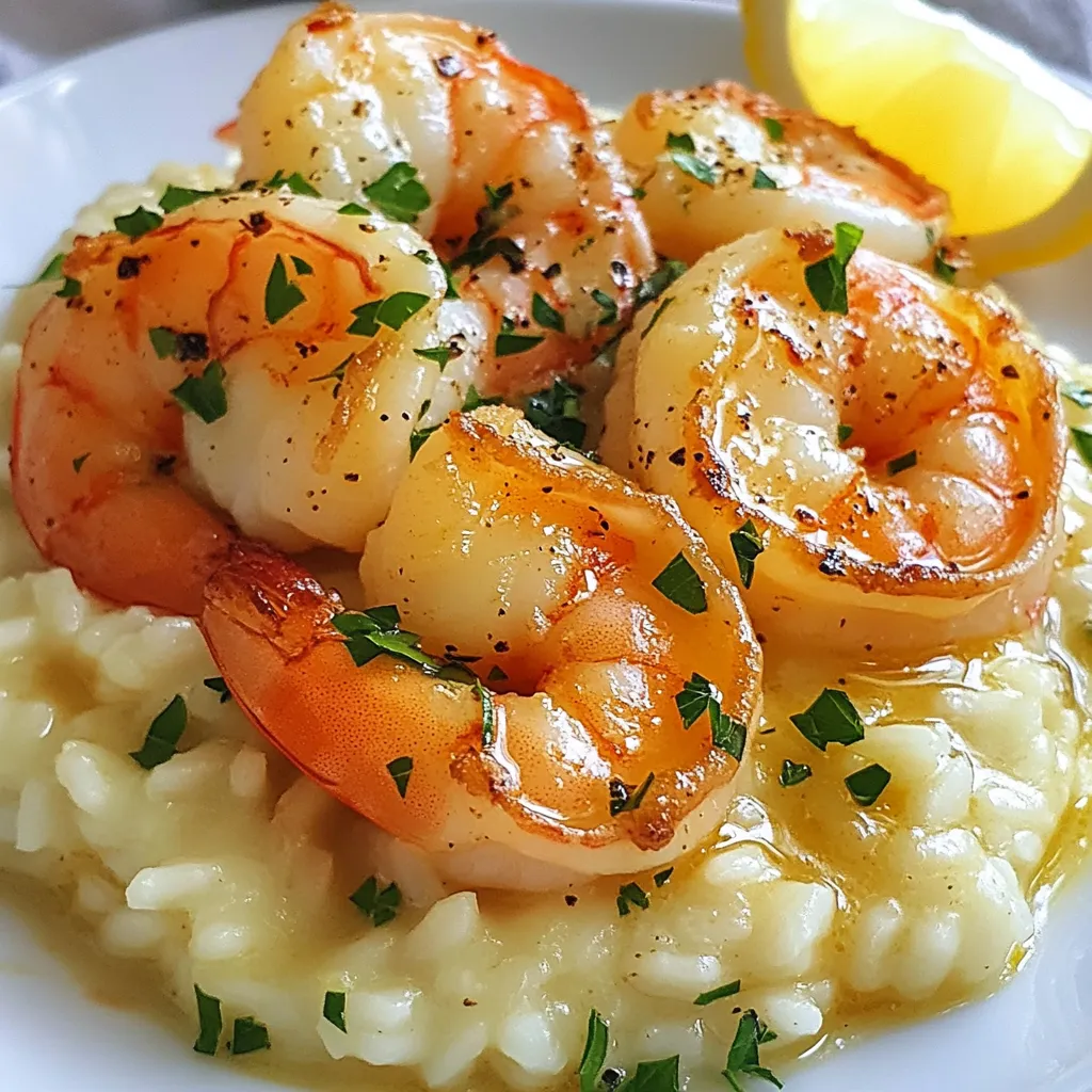To make Garlic Butter Shrimp Risotto, you need: - 1 cup Arborio rice - 1 pound large shrimp, peeled and deveined - 4 cups low-sodium chicken broth - 1 small onion, finely chopped - 3 cloves garlic, minced - 1/2 cup grated Parmesan cheese - 3 tablespoons unsalted butter - 2 tablespoons olive oil - Salt and pepper to taste These ingredients work together to create a creamy and rich dish. Arborio rice gives the risotto its creamy texture. The shrimp adds a sweet and savory flavor. For a final touch, consider these garnishes: - Fresh parsley, chopped - Juice of 1 lemon Chopped parsley adds a pop of color and freshness. Lemon juice brightens the dish and adds a tangy flavor. You will need a few tools to make this dish: - Large skillet - Saucepan - Wooden spoon or spatula - Ladle A large skillet helps cook the risotto evenly. A saucepan keeps the broth warm. A wooden spoon is great for stirring and mixing the rice. {{ingredient_image_1}} Start by heating 4 cups of low-sodium chicken broth in a saucepan. Keep it on low heat. It should be warm but not boiling. This warm broth helps the risotto cook evenly. If the broth is cold, it will slow down cooking. In a large skillet, heat 1 tablespoon of olive oil and 1 tablespoon of butter over medium heat. Once hot, add 1 pound of large shrimp, peeled and deveined. Season them with salt and pepper. Cook for about 2-3 minutes, until they turn pink. Remove the shrimp from the skillet and set them aside. This step brings out the shrimp's best flavor. In the same skillet, add another tablespoon of olive oil. When it is hot, add 1 finely chopped onion. Sauté the onion for about 5 minutes until it is soft and translucent. Stir in 3 minced garlic cloves. Cook for another minute until it smells great. Next, add 1 cup of Arborio rice. Stir it for about 2 minutes until the rice looks a bit clear. Now, pour in a ladleful of warm chicken broth. Stir the rice until most of the broth is absorbed. Keep adding broth gradually. Stir often to help the rice release its starch. This will take about 18-20 minutes. When the rice is creamy and tender, it’s ready. When the rice is almost done, mix in the sautéed shrimp, the remaining butter, and 1/2 cup of grated Parmesan cheese. Stir well until everything is creamy and heated through. Finally, squeeze in the juice of 1 lemon for brightness. Adjust the seasoning if needed. Serve hot, garnished with chopped parsley. Enjoy your tasty Garlic Butter Shrimp Risotto! To make creamy risotto, choose Arborio rice. This rice has a high starch content. Start by adding warm chicken broth slowly. Stir the rice often as you add broth. This helps release the starches. Keep stirring until the rice absorbs the liquid. Do this for about 18-20 minutes. The rice should be tender but still have a slight bite. Cooking shrimp takes just a few minutes. Heat oil and butter in a skillet. Add the shrimp and cook until they turn pink, about 2-3 minutes. Do not overcook them. Overcooked shrimp can become tough. Remove them from the skillet while the rice cooks. You can add them back in at the end. This way, they stay juicy and flavorful. For extra flavor, use fresh garlic and lemon juice. Garlic adds a rich taste that complements the shrimp. Lemon juice gives a fresh zing. You can also sprinkle in fresh herbs like parsley. This adds color and freshness. For a deeper flavor, try adding a splash of white wine when cooking the rice. This enhances the overall taste of the dish. Pro Tips Use Fresh Shrimp: Fresh shrimp will provide a better flavor and texture compared to frozen. If using frozen, ensure they are completely thawed and patted dry before cooking. Stir Constantly: For the best creamy risotto, stir continuously while adding the broth. This helps release the starches from the Arborio rice, creating that signature creamy texture. Broth Temperature Matters: Always use warm broth when making risotto. Adding cold broth will slow down the cooking process and can affect the creaminess of the dish. Finish with Butter and Cheese: For a rich and luxurious finish, stir in additional butter and Parmesan cheese just before serving. This adds depth of flavor and creaminess to your risotto. {{image_2}} You can easily add veggies to your garlic butter shrimp risotto. Think about adding peas, spinach, or asparagus. These vegetables add color and nutrition. Start by sautéing them with the onion. This will give them a nice flavor. You can also add roasted bell peppers for a sweet touch. Just remember to chop them small so they cook well. The taste will be fresh and vibrant! Not a shrimp fan? No problem! You can swap shrimp for chicken or scallops. If you pick chicken, use bite-sized pieces and cook them until golden. For scallops, just sear them for a few minutes. They cook quickly and add a sweet flavor. Tofu is another great option for a plant-based meal. Make sure to season it well for the best taste. Each protein brings its special flavor to the dish. Changing herbs and spices can make your risotto unique. Try adding fresh basil or thyme for a fresh taste. You can also sprinkle in some red pepper flakes for heat. For a deeper flavor, consider adding smoked paprika. This adds a nice, smoky touch. If you want a more Asian twist, use ginger and green onions. Each change will make your risotto a new experience. Experimenting is part of the fun! After enjoying your Garlic Butter Shrimp Risotto, store any leftovers in a tight container. Let the risotto cool to room temperature first. Keep it in the fridge for up to three days. The creamy texture may change a bit, but the flavor stays great. For best results, cover it well to avoid drying out. To reheat the risotto, add a little chicken broth or water. This helps restore its creamy texture. Use a pan over low heat and stir often. You want it warm but not boiling. It should take about 5 to 10 minutes to heat through. If you prefer, you can also reheat it in the microwave. Use a microwave-safe dish and cover it loosely. Heat in short bursts, stirring in between. You can freeze Garlic Butter Shrimp Risotto, but it's best to do so without the shrimp. Freeze it in an airtight container for up to two months. When you're ready to eat, thaw it in the fridge overnight. Then, reheat on the stove, adding fresh shrimp if you like. This keeps the shrimp tender and tasty. Yes, you can use other types of rice. However, Arborio rice is best for risotto. It has a high starch content. This gives the dish its creamy texture. If you use long-grain rice, the dish may not be as creamy. Basmati or jasmine rice also work but change the flavor and texture. Stick to Arborio for a true risotto experience. Shrimp cook quickly, usually in 2-3 minutes. They are done when they turn pink. The flesh should be firm and opaque. If they are still translucent or feel soft, cook them a bit longer. Avoid overcooking, as this can make them tough. Garlic Butter Shrimp Risotto is rich and flavorful. It pairs well with light side dishes. Here are some great options: - A simple green salad with lemon dressing - Steamed asparagus or green beans - Garlic bread for a fun crunch - Roasted vegetables for added flavor These sides balance the richness of the risotto and make your meal complete. In this blog post, we explored how to make Garlic Butter Shrimp Risotto. We covered essential ingredients, step-by-step cooking instructions, and tips for creamy results. I shared ways to mix in vegetables, swap proteins, and add unique flavors. We discussed how to store leftovers and answered common questions. Final thoughts: Making risotto may seem tricky, but you can master it with practice. Enjoy cooking!