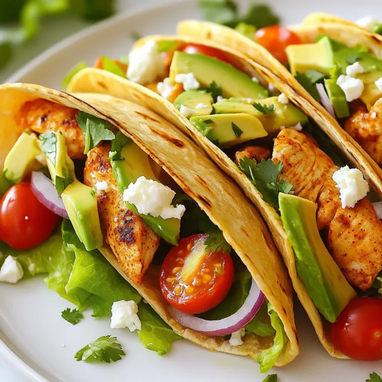 - 2 large chicken breasts, cut into thin strips - 2 tablespoons chipotle sauce - 1 teaspoon smoked paprika - 1 teaspoon garlic powder - 1 teaspoon cumin - 1 tablespoon olive oil - Salt and pepper to taste - 4 large whole wheat tortillas - 1 cup romaine lettuce, shredded - 1 cup cherry tomatoes, halved - ½ cup red onion, thinly sliced - ½ cup corn (fresh or frozen) - ½ cup black beans, rinsed and drained - ½ cup avocado, sliced - ½ cup feta cheese, crumbled - Fresh cilantro leaves, for garnish - Large bowl for mixing - Skillet for cooking - Cutting board and knife - Plate for assembling wraps - Grill or panini press (optional) {{ingredient_image_1}} Start by cutting two large chicken breasts into thin strips. In a bowl, mix the chicken with 2 tablespoons of chipotle sauce, 1 teaspoon of smoked paprika, 1 teaspoon of garlic powder, and 1 teaspoon of cumin. Add 1 tablespoon of olive oil, salt, and pepper to taste. Make sure to coat the chicken evenly. Let it sit for about 15 minutes. This step gives the chicken flavor and spice. Next, heat a skillet over medium-high heat. Add the marinated chicken strips to the hot skillet. Cook for 6-8 minutes, stirring often. You want the chicken to be brown and cooked through. Once done, remove the chicken from heat. This step ensures you get juicy and tender chicken for the wraps. Now, it’s time to build your wraps. Lay a large whole wheat tortilla flat on a clean surface. Start with a generous amount of shredded romaine lettuce in the center. Then, layer the cooked chicken strips on top. Next, add cherry tomatoes, red onion, corn, black beans, and avocado slices. Finish with crumbled feta cheese and a few fresh cilantro leaves. This step adds crunch and freshness to the wrap. To make your wraps crispy, use a panini press or a skillet. Grill each wrap for 2-3 minutes on each side. Look for a golden brown color. This step gives you a delightful crunch with every bite. If you want, cut the wraps in half diagonally for presentation. Serve with a dollop of sour cream or extra chipotle sauce for dipping. Enjoy! To marinate chicken well, use a bowl. Add chicken strips, chipotle sauce, and spices. I like smoked paprika, garlic powder, and cumin for flavor. Drizzle in olive oil, then mix it all together. Make sure each strip is covered. Let the chicken marinate for at least 30 minutes. For best results, marinate overnight in the fridge. This helps the flavors soak in deeply. For wraps, I prefer large whole wheat tortillas. They are sturdy and hold the filling well. You can also use spinach or tomato tortillas for color. If you want a low-carb choice, try lettuce wraps instead. They add a fresh crunch and are great for a lighter meal. Garnishing can make your wraps look more appealing. I like to cut the wraps in half diagonally. This shows off the colorful layers inside. Place them on a nice platter and add fresh cilantro on top. You can also serve with sour cream or extra chipotle sauce for dipping. This adds a fun touch and enhances the meal. Pro Tips Marinate for More Flavor: For an even deeper flavor, allow the chicken to marinate in the chipotle sauce and spices for at least 30 minutes, or up to overnight in the refrigerator. Use Fresh Ingredients: Opt for fresh corn and ripe avocados to enhance the taste and texture of your wraps. Fresh ingredients make a noticeable difference! Grill for Extra Crispiness: If you have a grill pan or a panini press, grilling the wraps for a few minutes adds a delightful crispy texture and beautiful grill marks. Customize Your Fillings: Feel free to swap in your favorite vegetables or proteins. Bell peppers, spinach, or even tofu can make great additions to these wraps! {{image_2}} You can easily make these wraps vegetarian. Swap the chicken for tofu or tempeh. Both options soak up the chipotle sauce well. For tofu, press it to remove extra water. Cut it into strips or cubes. Tempeh can be sliced thinly. Marinate them just like the chicken. Cook until golden brown and crispy. This makes a great meat-free meal that still packs a punch. If you want to kick up the spice, try different hot sauces. Sriracha or jalapeños add great heat. You can mix these with the chipotle sauce. For a smoky flavor, add a dash of cayenne pepper. Always taste as you go. This way, you find the right heat level for you. Don't be afraid to experiment with spices. For a low-carb option, use large lettuce leaves. Romaine or butter lettuce works best. Simply replace tortillas with the leaves. They make a fresh and crunchy wrap. Just fill them with the same tasty ingredients. This keeps the flavor while cutting carbs. You can enjoy a light and healthy meal without missing out. To store leftover wraps, place them in an airtight container. Make sure to keep them in the fridge. They stay fresh for about three days. If you want to avoid sogginess, wrap each one in foil or wax paper. This helps keep the tortillas soft and intact. You can freeze these wraps for future meals. First, wrap each one in plastic wrap. Then, place them in a freezer bag. Label the bag with the date. They can last up to three months in the freezer. When you're ready to eat, just take one out and let it thaw in the fridge overnight. To reheat the wraps and keep them crispy, use a skillet over medium heat. Cook each side for about 2-3 minutes. You can also use an oven. Preheat it to 350°F (175°C) and place the wraps on a baking sheet. Bake for about 10-15 minutes. This way, the wrap stays crunchy and delicious. Enjoy your tasty meal! Yes, you can use other proteins. Try turkey or shrimp. Both will work well. You can also use tofu for a vegetarian option. Just make sure to adjust cooking times. For chicken, cook until it reaches 165°F for safety. If you don't have feta cheese, use goat cheese or queso fresco. Both add great flavor. You can also skip cheese entirely for a lighter wrap. Just add more veggies for texture. Chipotle sauce gives these wraps a nice kick. They are spicy but not overwhelming. If you like mild flavors, use less chipotle sauce. You can also add sour cream to cool down the heat. Yes, you can prepare wraps ahead of time. Just assemble and wrap them tightly. Store in the fridge for up to one day. If you want them crispy, grill right before serving. You learned how to make tasty spicy chipotle chicken wraps from start to finish. We covered ingredients, cooking steps, and creative ideas for variations. Remember, marinating is key for flavor. Choose your tortillas wisely, and don’t forget garnishes. You can switch proteins or make it vegetarian too. Store leftovers properly to enjoy later. With these tips, you can make great wraps anytime. Enjoy your cooking journey and let your wraps shine!