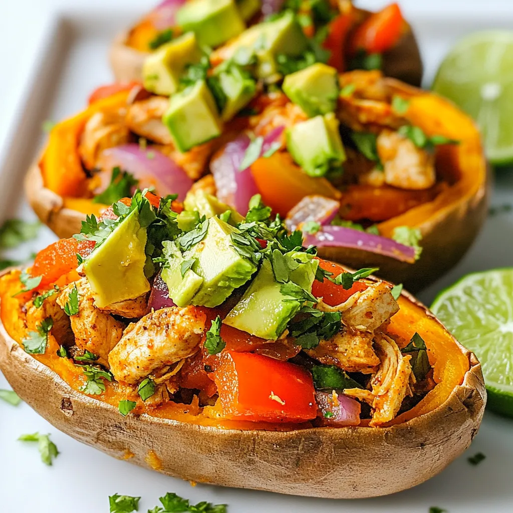 - 2 large sweet potatoes - 1 lb boneless, skinless chicken breast, diced - 1 red bell pepper, sliced - 1 green bell pepper, sliced - 1 small red onion, sliced - 2 tablespoons olive oil - 2 teaspoons chili powder - 1 teaspoon cumin - 1 teaspoon paprika - 1/2 teaspoon garlic powder - Salt and pepper to taste - 1 avocado, diced - Fresh cilantro, chopped (for garnish) - 1 lime, cut into wedges You need simple, fresh ingredients to make Chicken Fajita Stuffed Sweet Potatoes. Start with sweet potatoes. They add natural sweetness and fiber. Next, you will want chicken breast. It is lean and cooks quickly. The bell peppers and red onion add color and crunch. For flavor, use olive oil and spices like chili powder, cumin, and paprika. These give the dish a nice kick. Garlic powder adds depth. Don't forget salt and pepper to taste. Finally, top your stuffed sweet potatoes with diced avocado and fresh cilantro. This adds creaminess and freshness. Serve with lime wedges for a zesty touch. Each bite bursts with flavor! {{ingredient_image_1}} - Preheat your oven to 400°F (200°C). - Pierce the sweet potatoes with a fork. This helps them cook well. Place them on a baking sheet and bake for 45-50 minutes. They should be soft when done. - While the sweet potatoes bake, heat 2 tablespoons of olive oil in a large skillet over medium-high heat. - Add 1 pound of diced chicken to the skillet. Season with 2 teaspoons of chili powder, 1 teaspoon of cumin, 1 teaspoon of paprika, 1/2 teaspoon of garlic powder, salt, and pepper. Cook for about 5 minutes. Stir often until the chicken gets a nice brown color. - Next, add 1 sliced red bell pepper, 1 sliced green bell pepper, and 1 small sliced red onion to the skillet. Cook for another 5-7 minutes. The veggies should be tender, and the chicken should be fully cooked. - Once the sweet potatoes are done, take them out of the oven and let them cool for a bit. - Cut each sweet potato lengthwise to create an opening for the filling. - Use a fork to fluff the insides of each sweet potato. This makes them light and fluffy. - Now, stuff each sweet potato with the chicken fajita mixture. - Top with diced avocado and a sprinkle of fresh cilantro for a burst of flavor. - Serve with lime wedges on the side. Squeeze lime over the top for a zesty finish. To get the best texture for your sweet potatoes, start by picking the right ones. Look for large, firm sweet potatoes without any soft spots. When you bake them, pierce each potato with a fork several times. This helps steam escape and ensures they cook evenly. Bake at 400°F (200°C) for 45-50 minutes, or until they feel soft. The inside should be fluffy and sweet, which makes a perfect base for your fajitas. To kick up the flavor, consider adding more spices. Try a pinch of cayenne pepper for heat or smoked paprika for a rich taste. You can also add a bit of oregano or even some lime zest for a fresh twist. Mixing in these spices helps boost the dish's overall flavor profile. Experiment and find what you enjoy the most! If you have a busy week ahead, meal prep can save you time. You can bake the sweet potatoes a day in advance. Store them in the fridge until you are ready to use them. You can also cook the chicken and veggies ahead of time. Just reheat them when you're ready to stuff the sweet potatoes. This way, you can enjoy a quick, healthy meal without the fuss! Pro Tips Use Fresh Ingredients: Fresh bell peppers and onions will enhance the flavor of your fajita mixture, providing a vibrant taste and texture. Customize Your Spices: Feel free to adjust the spices according to your heat preference; adding cayenne pepper can give it an extra kick! Perfectly Cooked Chicken: Ensure the chicken is cooked through but not overcooked to maintain juiciness; it should reach an internal temperature of 165°F (75°C). Make Ahead: You can prepare the chicken and veggie filling in advance and store it in the refrigerator for a quick meal on busy days. {{image_2}} You can easily make this dish vegetarian. Just swap the chicken for black beans. Black beans add protein and fiber. They also have a nice, creamy texture that works well with sweet potatoes. Use one can of black beans, drained and rinsed. Add them to the skillet after the peppers and onions. Cook until heated through. This change keeps the flavor and makes it plant-based. You can also use different proteins. Shrimp or ground turkey are great options. If you choose shrimp, cook them until pink and firm. This usually takes about three to five minutes. For ground turkey, brown it in the skillet before adding the spices. Both options keep the dish tasty while mixing up the flavors. Feel free to get creative with flavors. You can add different types of peppers, like yellow or poblano. Each pepper brings its unique taste. You can also try different sauces, such as hot sauce or salsa. Adding lime juice gives a fresh zing. These tweaks can make each meal a fun new experience. To keep your Chicken Fajita Stuffed Sweet Potatoes fresh, place them in a sealed container. Store them in the fridge for up to four days. Make sure they cool down to room temperature first. This way, you avoid extra moisture. To reheat without losing flavor, use your oven. Preheat it to 350°F (175°C). Place the stuffed sweet potatoes on a baking sheet. Cover them with foil to keep them moist. Heat for about 15-20 minutes until warm. You can also use a microwave. Heat them on medium power for 2-3 minutes. Check if they are hot all the way through. If you want to freeze stuffed sweet potatoes, wrap each one in plastic wrap. Then, place them in a freezer bag. They can last up to three months in the freezer. When ready to eat, thaw them in the fridge overnight. Reheat them as mentioned above for best results. Yes, you can prepare these stuffed sweet potatoes in advance. Cook the sweet potatoes and chicken filling separately. Store each in airtight containers in the fridge. You can do this up to two days ahead. When you're ready to eat, simply reheat the sweet potatoes in the oven and warm the filling on the stove. This method keeps the flavors fresh and delicious. These stuffed sweet potatoes pair well with many side dishes. Consider serving them with a fresh green salad or some corn on the cob. You can also add tortilla chips with salsa for a fun crunch. If you want something creamy, guacamole or sour cream makes a great dip too. To bake sweet potatoes evenly, pierce them with a fork several times before cooking. This step allows steam to escape, preventing them from bursting. Place the sweet potatoes on a baking sheet, spacing them apart. Baking them at 400°F (200°C) for 45-50 minutes works well. Check for tenderness by inserting a fork. If it goes in easily, they're done! In this blog post, we explored how to create delicious Chicken Fajita Stuffed Sweet Potatoes. We covered ingredients, step-by-step instructions, and helpful tips. You learned how to prepare sweet potatoes and cook a tasty chicken filling. Plus, we shared storage tips to keep leftovers fresh. Enjoying this dish can be easy and fun. With your new skills, you can try different proteins and flavors. Dive in and make this recipe your own for a tasty meal!