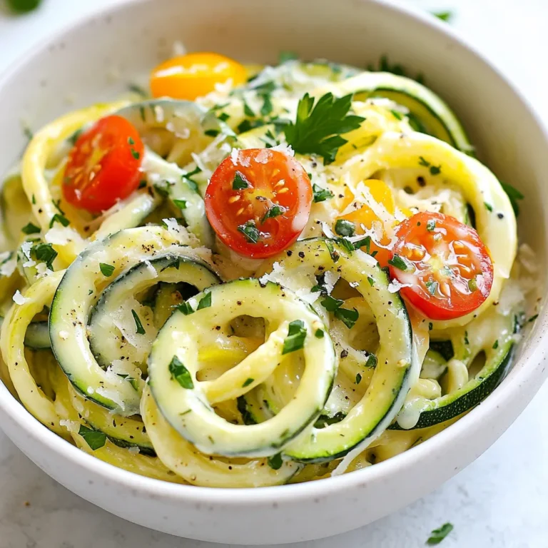 - 4 medium zucchini, spiralized into noodles - 1 cup heavy cream - 1 cup grated Parmesan cheese - 2 tablespoons unsalted butter - 3 cloves garlic, minced - 1 teaspoon garlic powder - Salt and pepper to taste - 1/4 teaspoon nutmeg - Fresh parsley, chopped (for garnish) - Cherry tomatoes, halved (for garnish) This dish shines with fresh, simple ingredients. The zucchini noodles serve as a light base. They soak up all the creamy goodness of the Alfredo sauce. The heavy cream gives the sauce its rich texture. Grated Parmesan adds a wonderful flavor and depth. Butter and garlic create a fragrant foundation. The nutmeg adds a hint of warmth. You can adjust the salt and pepper to your taste. Lastly, fresh parsley and cherry tomatoes brighten the dish. They add color and a burst of freshness. Using these ingredients, you can create a delicious meal. Each bite is full of flavor and satisfying. This recipe also offers a great way to enjoy vegetables in a fun form. {{ingredient_image_1}} To start, you need to spiralize the zucchini. This makes long, fun noodles. Use a spiralizer for this. It’s easy and quick. Just wash the zucchini, cut off the ends, and twist it into noodles. Once you finish, set the zucchini noodles aside. They need to wait until the sauce is ready. Next, grab a large skillet. Melt the butter over medium heat. Add the minced garlic and sauté it for about 1-2 minutes. You want it fragrant and slightly golden. Then, lower the heat. Pour in the heavy cream while stirring. Mix it well with the garlic. Gradually add in the grated Parmesan cheese. Keep whisking until it melts. This makes the sauce creamy and smooth. Season the sauce with garlic powder, salt, pepper, and nutmeg. Let it simmer for about 3-5 minutes. This helps the sauce thicken a bit. Now it’s time to add the zucchini noodles. Toss them gently in the sauce. Make sure all the noodles get coated. Cook for an additional 2-3 minutes. You want the noodles to be tender but still slightly crisp. Remove the pan from the heat and serve right away. Enjoy your creamy Alfredo zucchini noodles! To make a smooth Alfredo sauce, melt the butter over medium heat. Add minced garlic and cook it until fragrant. Next, pour in the heavy cream and stir well. This step helps blend the flavors together. Gradually add the Parmesan cheese while whisking constantly. This ensures no lumps form. For extra flavor, add garlic powder, salt, pepper, and nutmeg. Taste as you season to get it just right. Zucchini noodles can turn soggy if not handled well. To prevent this, cook them for a short time. Toss them in the sauce for about 2-3 minutes. This keeps them tender yet crisp. If you spiralize your zucchini ahead of time, place them on paper towels to absorb excess moisture. Plating plays a big role in how appetizing your dish looks. Serve the creamy Alfredo zucchini noodles in deep bowls. Top with extra Parmesan cheese and a sprinkle of parsley for color. Add some halved cherry tomatoes for a pop that draws the eye. This simple touch makes your dish feel special and inviting. Pro Tips Use Fresh Zucchini: Choose firm, fresh zucchini for the best texture. Avoid any that are soft or have blemishes. Adjust Creaminess: For a lighter sauce, substitute half of the heavy cream with chicken or vegetable broth. Perfectly Cooked Noodles: Be careful not to overcook the zucchini noodles; they should remain al dente for the best bite. Enhance Flavor: Add a pinch of red pepper flakes to the sauce for an extra kick of flavor! {{image_2}} You can make creamy Alfredo zucchini noodles even better with add-ins. Try these extra vegetables: - Spinach - Bell peppers - Mushrooms - Broccoli These veggies add flavor and nutrients. You can also add protein for a fuller meal. Here are some options: - Grilled chicken - Shrimp - Tofu - Bacon Adding protein makes this dish more filling. You can mix and match to find your favorite combo. If you want to try other creamy sauces, here are some ideas: - Carbonara sauce for a smoky flavor - Pesto for a fresh taste - Creamy garlic sauce for more garlic goodness For those who prefer dairy-free options, consider these alternatives: - Coconut cream for a tropical twist - Cashew cream for a rich texture - Almond milk with nutritional yeast for a cheesy flavor These options ensure everyone can enjoy this dish. Creamy Alfredo zucchini noodles pair well with side dishes. Try these: - Garlic bread for a tasty crunch - A green salad for freshness - Steamed vegetables for added color You can also serve this dish with proteins or salads. Here are some ideas: - Grilled salmon for healthy fats - A simple chicken salad for lightness - Roasted veggies for a hearty side These pairings enhance your meal and make it more exciting. Enjoy experimenting with different options! After you enjoy your creamy Alfredo zucchini noodles, you may have some left. Store them in the fridge for up to three days. Use an airtight container to keep them fresh. If you want, you can divide the noodles into smaller portions. This makes it easy to grab a quick meal later. When it's time to reheat, avoid the microwave if you can. Instead, use a skillet over low heat. Add a splash of cream or a bit of water to keep the sauce creamy. Stir gently to warm the noodles without losing their texture. This helps the dish stay flavorful and delicious! Creamy Alfredo zucchini noodles are low in carbs. One serving has about 7 grams of carbs. Zucchini is a great veggie for low-carb diets. It is light and keeps the dish fresh. The heavy cream adds some carbs, but not too many. Parmesan cheese also adds a bit, but it is still a smart choice for many diets. Yes, you can make this dish ahead of time. To prep, spiralize the zucchini early. Keep them in an airtight container in the fridge. You can also make the Alfredo sauce ahead. Store it in a separate container. When you are ready to eat, just heat the sauce and add the zucchini noodles. This way, you can enjoy a quick meal without much fuss. If you want a lighter option, use half-and-half instead of heavy cream. It gives a nice creaminess but with fewer calories. For a dairy-free choice, try coconut milk. It adds a different flavor but still keeps it rich. You can also use cashew cream for a nutty taste. Just blend soaked cashews with water until smooth. Each option changes the dish slightly but keeps it tasty. In this post, we explored how to make creamy Alfredo zucchini noodles. We discussed the ingredients, from zucchini and sauce components to seasonings. I shared step-by-step instructions for preparing the noodles, making the sauce, and combining them. You learned tips for achieving the perfect creaminess and how to avoid soggy noodles. Variations allow for extra veggies or proteins. With proper storage and reheating techniques, your leftovers will stay tasty. Enjoy this delicious dish any day!