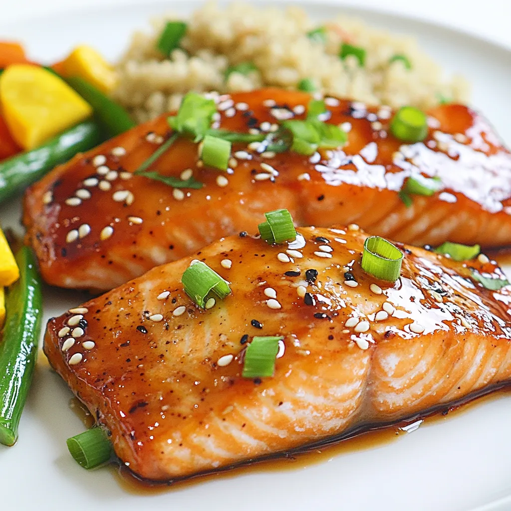 To make Honey Sriracha Glazed Salmon, you will need: - 4 salmon fillets (6 oz each) - 3 tablespoons honey - 2 tablespoons Sriracha sauce - 1 tablespoon soy sauce (or tamari for gluten-free) - 1 tablespoon fresh ginger, grated - 2 cloves garlic, minced - 1 tablespoon lime juice - 2 tablespoons olive oil - Salt and pepper to taste - 2 green onions, sliced for garnish - Sesame seeds for garnish You can swap some ingredients if you want. Here are a few ideas: - Use maple syrup instead of honey for a different sweetness. - Try chili paste if you want more spice instead of Sriracha. - For a low-sodium option, use coconut aminos instead of soy sauce. - Fresh herbs like cilantro can be used instead of green onions for garnish. Choosing fresh salmon is key for great taste. Here are some tips: - Look for bright, shiny skin with no dull spots. - Check for a fresh ocean smell, not a fishy one. - The flesh should be firm and bounce back when pressed. - If possible, ask your fishmonger when the salmon was caught. - Wild-caught salmon often has better flavor than farmed salmon. Getting good salmon makes the dish even better. Enjoy the process! {{ingredient_image_1}} To make the marinade, you start by mixing some simple ingredients. In a mixing bowl, whisk together: - 3 tablespoons honey - 2 tablespoons Sriracha sauce - 1 tablespoon soy sauce (or tamari for gluten-free) - 1 tablespoon fresh ginger, grated - 2 cloves garlic, minced - 1 tablespoon lime juice This mixture gives the salmon a sweet and spicy kick. Whisk until everything blends well. The honey adds sweetness, while Sriracha brings heat. This balance makes the salmon really tasty. Next, it's time to marinate the salmon. Take 4 salmon fillets and place them in a large resealable bag or a shallow dish. Pour the marinade over the salmon. Make sure each fillet gets coated well. Seal the bag or cover the dish and put it in the fridge for 30 minutes. This step is key. It lets the flavors soak into the fish, making it more delicious. Now, you can choose how to cook your salmon. You can grill or bake it. - Grilling: If you grill, preheat your grill to medium-high heat. Lightly oil the grill grates. Remove the salmon from the marinade, but keep the marinade. Grill the salmon for 4-5 minutes on each side. It’s done when it flakes easily with a fork. - Baking: If you prefer baking, preheat your oven to 400°F (200°C). Place the salmon on a parchment-lined baking sheet. Bake for 12-15 minutes. Just like grilling, it's done when it flakes easily. In the last minute of cooking, brush the reserved marinade over the salmon. This adds more flavor and makes it shine. Remember, always cook the marinade to ensure it is safe to eat. To make the glaze shine, use fresh ingredients. Fresh ginger adds a nice zing. Minced garlic enhances the flavor too. Mix honey and Sriracha well for a balanced taste. You want it sweet, spicy, and a bit tangy. The soy sauce adds depth, so don’t skip it. If you like more heat, add extra Sriracha. For a thicker glaze, let it cook a bit longer. Cooking time is key for perfect salmon. If grilling, aim for medium-high heat. Grill each side for 4-5 minutes. You want it to flake easily. If baking, set your oven to 400°F (200°C). Bake the salmon for 12-15 minutes. Always check for doneness. The internal temperature should reach 145°F (63°C). This ensures it's safe and tasty. Presentation makes your dish pop. Serve the salmon on a bed of quinoa or rice. Add some steamed veggies on the side. This adds color and nutrition. Drizzle any extra glaze over the salmon for extra flavor. Garnish with sliced green onions and sesame seeds. It makes the dish look gourmet. Enjoy the compliments from your guests! Pro Tips Choose Fresh Salmon: Opt for wild-caught salmon if possible as it has a richer flavor and better texture compared to farmed salmon. Adjust Spice Level: If you prefer a milder dish, reduce the amount of Sriracha in the marinade or add more honey for sweetness. Marinate Longer: For an even deeper flavor, consider marinating the salmon for up to 2 hours in the refrigerator. Rest Before Serving: Allow the salmon to rest for a few minutes after cooking to let the juices redistribute for better flavor and moisture. {{image_2}} You can make a fun bowl with this salmon. Start with a base of rice or quinoa. Add your cooked salmon on top. Then, pile on fresh veggies like cucumbers, carrots, and avocado. Drizzle more honey Sriracha sauce over the top. This adds a sweet and spicy kick. You can even garnish with sesame seeds and green onions for color. If you want a different flavor, try adding garlic. Mix honey, Sriracha, and minced garlic for a new glaze. This adds a rich, savory layer to your dish. Just follow the same steps to marinate and cook. You’ll love the extra depth of flavor. For a gluten-free option, swap regular soy sauce with tamari. This keeps the dish safe for those with gluten issues. All other ingredients remain the same. Enjoy the same delicious taste while being mindful of dietary needs. After enjoying your Honey Sriracha Glazed Salmon, you may have leftovers. Store them in an airtight container. Place the salmon in the fridge. It will stay fresh for up to three days. Make sure to keep the glaze separate if you can. This keeps the salmon from getting soggy. If you want to save your salmon for later, freezing works great. Wrap each fillet tightly in plastic wrap. Then place them in a freezer bag. Make sure to remove as much air as possible. You can freeze the salmon for up to three months. For best results, freeze it before cooking. When it's time to eat your leftover salmon, reheat it gently. You can use the oven, microwave, or stovetop. To reheat in the oven, set it to 350°F (175°C). Place the salmon on a baking sheet and cover it with foil. Heat for about 10-15 minutes. If using a microwave, heat it in short bursts. This way, it won’t dry out. Enjoy your tasty salmon warm! You need to marinate the salmon for 30 minutes. This time allows the flavors to soak in. If you have more time, you can marinate it longer, up to two hours. Just remember, if you go overboard, the fish may become too salty. Yes, you can use frozen salmon. Just make sure to thaw it completely first. You can do this overnight in the fridge or in cold water for a quicker option. After thawing, pat the salmon dry before marinating. This step helps the glaze stick better. You can serve this salmon with many sides. Here are some great options: - Steamed rice or quinoa for a healthy base - Roasted or steamed vegetables like broccoli or asparagus - A fresh salad with a light dressing - Noodles tossed with sesame oil and veggies These sides will complement the sweet and spicy flavors of the salmon nicely! You now know how to prepare Honey Sriracha Glazed Salmon from start to finish. We discussed key ingredients, preparation tips, and cooking methods. You also learned about fun variations and storage options. Remember, fresh salmon makes a big difference in taste. Don't be afraid to experiment with flavors and sides. Enjoy your cooking and impress your friends and family with this tasty dish!