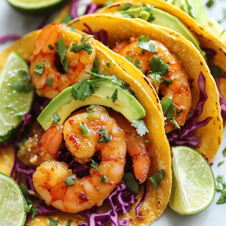 - 1 pound large shrimp, peeled and deveined - 4 cloves garlic, minced - 2 tablespoons olive oil - 1 teaspoon smoked paprika - 1 teaspoon cayenne pepper (adjust based on spice preference) - 1 teaspoon cumin - 8 small corn tortillas - 1 cup shredded red cabbage - 1 ripe avocado, sliced - Fresh cilantro, chopped (for garnish) - Lime wedges (for serving) For this dish, I always choose large shrimp. They provide a great bite and cook fast. Fresh garlic adds a robust flavor. I love using olive oil for its fruity notes. The spices elevate the shrimp. Smoked paprika gives it depth. Cayenne pepper adds heat, but you can adjust it. Cumin rounds out the flavor and adds warmth. For the tacos, I like small corn tortillas. They hold the filling well. Shredded red cabbage adds crunch and color. A ripe avocado makes the dish creamy. Fresh cilantro provides a fresh touch. Lime wedges add zing when served. These ingredients come together for a tasty meal. {{ingredient_image_1}} To start, grab a large mixing bowl and combine the shrimp with minced garlic, olive oil, smoked paprika, cayenne pepper, cumin, lime juice, salt, and pepper. Mix the shrimp well so every piece gets coated with the spices. Let the shrimp marinate for at least 15 minutes. This time helps the flavors mix and soak into the shrimp. You can marinate longer if you want stronger flavors. Next, heat a non-stick skillet over medium-high heat. Once it is hot, add the shrimp in a single layer. Make sure not to crowd the pan; cook in batches if needed. Cook the shrimp for about 2-3 minutes on each side. They are done when they turn pink and opaque. Remove them from the heat to keep them tender. Now, let’s warm up those corn tortillas. In the same skillet, lightly toast them for about 30 seconds on each side. This step is important; warm tortillas are more pliable and easier to fold. Warming the tortillas also adds a nice flavor, making your tacos even better. To cook shrimp well, avoid overcooking it. Shrimp cooks fast. When it turns pink and opaque, it’s done. If you cook it too long, it will be tough and rubbery. Remember, cook it for just 2-3 minutes on each side. Choosing the right shrimp is also key. Look for large shrimp that are fresh or frozen. Buy shrimp that is peeled and deveined for ease. If buying fresh, check for a clean, salty smell. For more flavor, consider adding spices. Try adding chili powder or garlic powder to boost the taste. You can also use fresh herbs like parsley or dill. These can add a nice touch to your shrimp. Marinating time can change the flavor. A quick 15-minute marinate is enough, but if you want a deeper taste, try marinating for up to an hour. This gives the shrimp time to soak up the spices. For a pretty plate, stack your tacos neatly. Use a colorful plate to show off the bright toppings. Add lime wedges for a pop of color. Some great sides to pair with tacos include rice or black beans. You can also serve a fresh salad to balance the meal. Don’t forget a spicy salsa for extra zing! Pro Tips Marination Time: Allow the shrimp to marinate for at least 30 minutes for a deeper flavor infusion. Adjusting Spice Level: Feel free to adjust the cayenne pepper according to your spice tolerance; you can also use a milder pepper if preferred. Tortilla Tips: Warm your tortillas on a dry skillet to enhance their flavor and flexibility before filling them. Fresh Garnish: Always use fresh cilantro and lime wedges for serving to elevate the dish's freshness and flavor. {{image_2}} You can switch the shrimp for chicken or fish. Chicken works great with the same spices. Just cut it into small pieces and cook until it's done. For fish, try a firm type like tilapia or cod. If you want a vegetarian option, use mushrooms or tofu. Cook them with the same seasonings for a tasty twist. Both options keep the dish flavorful and exciting. Toppings make these tacos special. You can create unique salsa recipes to try. A mango salsa adds sweetness. Just mix diced mango, red onion, lime juice, and cilantro. For garnishes, use sliced radishes or pickled onions. These add crunch and flavor. Don't forget to sprinkle extra cilantro on top. It brings freshness to every bite. Corn tortillas are classic for tacos. They bring a nice texture and flavor. You can warm them in a skillet for a few seconds. If you prefer flour tortillas, they work too. They are soft and easy to fold. Looking for low-carb options? Try lettuce wraps instead of tortillas. They are light and fresh, perfect for a healthy meal. To keep leftover shrimp fresh, store it quickly. Place the shrimp in an airtight container. This helps lock in flavor and moisture. Set your fridge to 40°F or below. Shrimp can last about 2-3 days this way. If you have extra marinade, keep it in a separate container. It can add flavor when you reheat the shrimp. To reheat shrimp, use a skillet or microwave. If using a skillet, add a little olive oil over low heat. Cook for 1-2 minutes, stirring gently. This keeps the shrimp moist. If using a microwave, place shrimp in a safe dish. Heat in 30-second intervals until warm. Be careful not to overheat, as shrimp can become rubbery. You can freeze shrimp tacos for later use. First, let the shrimp cool completely. Then, pack them in a freezer-safe bag or container. Remove as much air as possible to prevent freezer burn. They will last about 3 months. To thaw, place the shrimp in the fridge overnight. For quick thawing, put the bag under cold running water. This keeps the shrimp fresh and tasty. Yes, you can prepare some parts ahead. Marinate the shrimp in advance and store it in the fridge. You can do this up to 24 hours before cooking. This helps the flavors blend well. You can also chop the veggies and store them in airtight containers. Warm the tortillas just before serving for the best taste. If you do not want shrimp, try chicken or fish. Chicken breast works well when cut into small pieces. For a vegetarian option, use mushrooms or tofu. Both can soak up the flavors of the spices. Just adjust the cooking time based on what you choose. The spice level can change based on your taste. The recipe uses cayenne pepper for heat. You can start with less if you prefer milder tacos. For more kick, add extra cayenne or a dash of hot sauce. Always taste as you go to find your perfect level of spice. In this blog post, we explored making spicy garlic shrimp tacos. We covered the key ingredients like shrimp, garlic, and spices. Then, I shared step-by-step instructions for marinating and cooking the shrimp, plus toasting tortillas. You learned best practices, flavor tips, and variations, including proteins and toppings. In the end, these tacos are versatile and full of flavor. Experimenting with different ingredients can make your meals exciting. Enjoy your cooking journey!