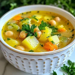 - 2 cups cooked chickpeas (canned or boiled) - 1 medium onion, finely chopped - 3 cloves garlic, minced - 2 medium carrots, diced - 2 stalks celery, diced - 6 cups vegetable broth - 1 large potato, cubed - 1 teaspoon ground cumin - 1 teaspoon dried thyme - 1 bay leaf - Juice of 1 lemon - Zest of 1 lemon - 2 tablespoons olive oil - Salt and pepper to taste - Fresh parsley for garnish You can add a few optional ingredients to make the soup even better. Try adding: - A pinch of red pepper flakes for heat - A splash of coconut milk for creaminess - Fresh spinach or kale for extra greens - A dash of smoked paprika for a unique flavor This soup is not just tasty; it's also healthy! Each serving offers: - Calories: 220 - Protein: 10g - Carbohydrates: 36g - Fiber: 9g - Fat: 6g - Vitamins and minerals from the veggies make this soup a nutrient powerhouse! Lemon Garlic Chickpea Soup is a great meal choice. It is packed with protein and fiber, making it filling. You can enjoy this as a meal or a side! {{ingredient_image_1}} 1. Start by gathering all your ingredients. This makes cooking easier. 2. If using dried chickpeas, soak them overnight. Cook them until tender before using. 3. Chop the onion, garlic, carrots, and celery. Cube the potato to ensure even cooking. 4. Measure out the spices and lemon juice. This will help you stay organized. 1. Heat 2 tablespoons of olive oil in a large pot over medium heat. 2. Add the chopped onion, minced garlic, and a pinch of salt. Sauté for 5 minutes. 3. Stir in the diced carrots and celery. Cook for an extra 3-4 minutes while stirring. 4. Add the cubed potato, cooked chickpeas, cumin, thyme, and bay leaf. Mix well. 5. Pour 6 cups of vegetable broth into the pot. Bring the mixture to a boil. 6. Once boiling, reduce the heat to low. Cover the pot and let it simmer for 20 minutes. 7. Remove the bay leaf. Use an immersion blender to blend the soup to your desired texture. 8. Stir in the juice and zest of 1 lemon. Adjust the seasoning with salt and pepper. 9. Let the soup simmer for another 5 minutes to meld the flavors together. 10. Serve the soup hot, garnished with freshly chopped parsley. - For a creamy soup, blend until smooth but leave some whole chickpeas. - If you don’t have an immersion blender, transfer some soup to a regular blender. - Blend in batches if needed. Always be careful with hot liquids. - Adjust the thickness by adding more broth or blending less. Enjoy the texture you love! To make your Lemon Garlic Chickpea Soup stand out, use fresh ingredients. Fresh garlic and herbs add depth. When you sauté the onion and garlic, let them sweat until soft. This step enhances the flavor. Don’t skip the lemon juice and zest; they add brightness. If you love heat, add a pinch of red pepper flakes for a kick. Taste often and adjust the salt and pepper to your liking. Store leftover soup in an airtight container. It stays fresh in the fridge for up to five days. You can freeze it for up to three months. To freeze, let the soup cool completely. Then, pour it into freezer-safe bags or containers. Leave some space at the top, as it will expand. When you’re ready to eat, thaw it in the fridge overnight. A common mistake is overcooking the vegetables. Keep an eye on them, so they stay tender, not mushy. Also, don’t skip blending the soup partially. This creates a creamy texture while keeping some whole chickpeas. Lastly, remember to remove the bay leaf before serving; it’s not meant to be eaten. These tips will help you create a bowl of soup that’s both tasty and satisfying. Pro Tips Enhance Flavor: Add a splash of white wine during the sautéing of the onions and garlic for an extra layer of flavor. Texture Control: For a thicker soup, blend more of the chickpeas and potatoes, adjusting the consistency to your preference. Fresh Herbs: In addition to parsley, consider adding fresh dill or cilantro for a vibrant twist. Make Ahead: This soup tastes even better the next day! Make a big batch and store leftovers in the refrigerator for a quick meal. {{image_2}} You can switch out some ingredients for what you have. Use other beans like white beans or black beans instead of chickpeas. If you don’t have vegetable broth, chicken broth works too. A sweet potato can replace the regular potato for a different taste. If you want a creamy soup, try adding coconut milk. Feel free to explore your spice rack. You can add a pinch of smoked paprika for a smoky flavor. Fresh herbs like basil or cilantro can add a nice twist. Try adding some red pepper flakes for a spicy kick. You can also use fresh thyme instead of dried for a brighter taste. This soup pairs well with crusty bread or a fresh salad. You can top it with a dollop of yogurt for creaminess. Serve it with a side of grilled cheese for a comforting meal. For a fresh touch, add a squeeze of lemon juice right before serving. After cooking the soup, let it cool. Store it in an airtight container. In the fridge, this soup lasts for about 4 to 5 days. Make sure to keep it sealed to prevent it from absorbing other odors. If you want to save some for later, freezing is a great option. Pour the cooled soup into freezer-safe containers. Leave some space at the top for expansion. The soup can stay frozen for up to 3 months. When you're ready to eat it, just thaw it overnight in the fridge. To reheat the soup, pour it into a pot over medium heat. Stir often to ensure even heating. If it seems too thick, add a splash of broth or water. You can also microwave it in a bowl, covering it to prevent splatters. Heat in short bursts, stirring in between, until hot. Enjoy your warm and tasty soup! Yes, you can use dried chickpeas. Soak them overnight in water. Then, boil them until tender. This might take longer than using canned chickpeas, but it adds great flavor. The soup lasts about 3 to 4 days in the fridge. Store it in an airtight container. Make sure it cools down before putting it in the fridge. Absolutely! Just add all the ingredients to your slow cooker. Set it on low and cook for 6 to 8 hours. This will make the flavors blend nicely. You can serve this soup with crusty bread or a fresh salad. A sprinkle of lemon zest on top adds a nice touch. Yes, this soup is vegan-friendly. It uses vegetable broth and no animal products. Enjoy it guilt-free! This blog post covered the essential ingredients and steps for making Lemon Garlic Chickpea Soup. I shared tips for perfecting flavor and storage, along with variations to customize your dish. Remember, experimenting with herbs and spices can elevate the taste. Keep in mind the storage tips for leftovers, so nothing goes to waste. Enjoy the comfort of this easy, tasty soup anytime. You'll impress yourself and those you share it with. Cooking can be simple and fun. Dive in, and savor every bite!