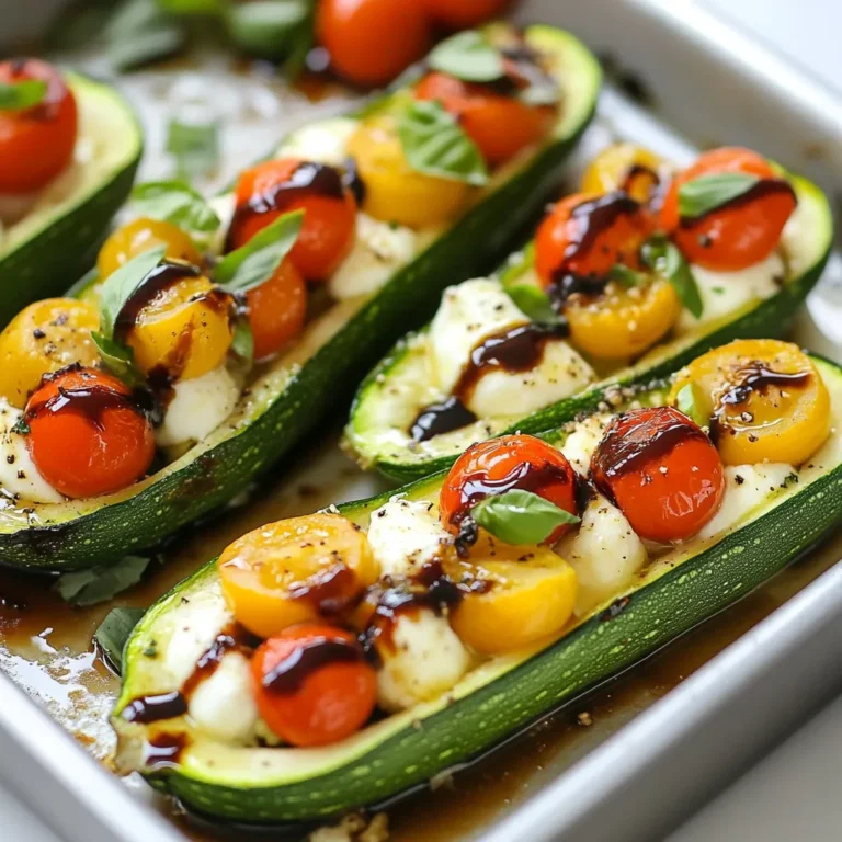 - 4 medium zucchinis - 1 cup cherry tomatoes, halved - 1 cup fresh mozzarella balls, quartered - 1/4 cup fresh basil, chopped - 2 tablespoons balsamic glaze - 2 tablespoons olive oil - Salt and pepper to taste - 1/4 teaspoon garlic powder When I make Caprese Zucchini Boats, I focus on fresh ingredients. Quality ingredients make a big difference in taste. - Choosing ripe tomatoes: Look for bright, smooth cherry tomatoes. They should feel firm but not hard. A sweet aroma means they are ripe and ready to eat. - Selecting the best mozzarella: Choose mozzarella that is fresh and packed in water. It should be soft and slightly springy. This gives the best texture and flavor. - Importance of fresh basil: Fresh basil adds a fragrant touch. Look for bright green leaves that are not wilted. Smell them to ensure a strong, sweet scent. This basil will elevate your dish. These simple tips will help you select the best ingredients. They ensure your Caprese Zucchini Boats taste fresh and delicious. {{ingredient_image_1}} 1. Preheating the oven: Start by setting your oven to 375°F (190°C). This heat will help cook the zucchinis evenly. 2. Washing and slicing zucchinis: Rinse the zucchinis under cold water. Cut each zucchini in half lengthwise. This will create the perfect boat shape. 3. Scooping out the zucchini flesh: Use a spoon to scoop out the center of each half. Leave a small edge to hold the filling. Save the flesh for later use, like in a stir-fry. 1. Mixing cherry tomatoes, mozzarella, and basil: In a bowl, add the halved cherry tomatoes, quartered mozzarella balls, and chopped basil. Stir gently until the ingredients blend well. This mix gives the dish its fresh taste. 1. Drizzling and seasoning the zucchinis: Place the hollowed zucchinis in a baking dish with the cut side up. Drizzle olive oil over them. Sprinkle with salt, pepper, and garlic powder for flavor. 2. Filling and baking time: Spoon the tomato and mozzarella mix into each zucchini boat. Fill them well. Bake for 20-25 minutes. The zucchinis should be tender, and the cheese should melt and bubble. After baking, drizzle balsamic glaze for a tasty finish. Let them cool for a few minutes, then enjoy your delicious Caprese Zucchini Boats! - How to avoid soggy zucchinis To prevent soggy zucchinis, choose firm ones. Bake them just until tender. You can also sprinkle salt on the inside after scooping. Let them sit for a few minutes. This draws out excess moisture. - Adjusting seasoning for personal preference Taste your filling before baking. Add more salt, pepper, or garlic powder as needed. You can also mix in other herbs like oregano or thyme. This way, the flavors fit your taste. - Pairing with side dishes These boats pair well with a light salad. Try a simple green salad with vinaigrette. Grilled chicken or fish also make great sides. They add protein and complement the flavors. - Garnishing ideas Fresh basil leaves add a nice touch. You can also sprinkle some grated Parmesan on top. For a kick, a dash of red pepper flakes works well. These garnishes enhance the dish's look and flavor. - Grilling vs. baking Grilling adds a smoky flavor. Preheat your grill to medium heat. Cook the zucchini boats for about 10-15 minutes. Keep an eye on them to avoid burning. Baking is easier and requires less attention. - Air fryer instructions For an air fryer, set it to 375°F (190°C). Cook the filled zucchini boats for about 12-15 minutes. They will be crispy and tasty. This method saves time and energy. Pro Tips Choose Firm Zucchinis: Select zucchinis that are firm and evenly shaped for better texture and presentation. Mix Up Your Cheeses: Experiment with different types of cheese, like feta or goat cheese, to add a unique flavor twist. Use Fresh Ingredients: Fresh basil and high-quality mozzarella will elevate the dish's flavor significantly. Customize the Toppings: Feel free to add other toppings like olives or prosciutto for added depth and variety. {{image_2}} You can mix up the cheese in your Caprese zucchini boats. If you want a tangy twist, try goat cheese. Its creamy texture adds depth. Feta cheese is another great choice. It has a salty kick that contrasts well with the sweet tomatoes. Both cheeses melt nicely, giving a rich flavor. For a heartier dish, add protein to your zucchini boats. Cooked chicken is a great option. Shred it and mix it with the tomatoes and cheese. Ground turkey works well too. It adds a satisfying texture and fills you up. Just make sure to season the protein well before adding it in. If you need a vegan option, don’t worry! You can use vegan cheese. Many brands offer tasty choices that melt nicely. Replace balsamic glaze with a splash of lemon juice for brightness. You can also use nut-based dressings to add flavor. This way, everyone can enjoy the dish! To keep your cooked Caprese zucchini boats fresh, start by letting them cool. Once cooled, place them in an airtight container. You can store them in the fridge for up to three days. This method helps keep their flavor and texture intact. If you want to store them longer, freezing works too. Wrap each boat tightly in plastic wrap and then place them in a freezer bag. They can last up to three months in the freezer. When you’re ready to enjoy them, just thaw in the fridge overnight. Reheating your zucchini boats can be easy and quick. For the best results, use an oven. Preheat it to 350°F (175°C). Place the zucchini boats on a baking sheet and cover with foil. This step helps keep them moist. Bake for about 15-20 minutes, or until heated through. You can also use a microwave if you are short on time. Just place one or two boats on a microwave-safe plate and heat for 1-2 minutes. Enjoy the same great taste with these methods! Caprese Zucchini Boats last about 3 to 5 days in the fridge. Store them in an airtight container. They taste best when fresh, but you can enjoy them later. Yes, you can prepare the zucchini boats ahead of time. Scoop the zucchini and mix the filling a few hours before baking. Just keep everything in the fridge until you are ready to bake. This saves time on busy days. You can use leftover zucchini flesh in many ways. Add it to a stir-fry for extra flavor. Blend it into a smoothie for a healthy boost. You can also mix it into sauces or soups for added nutrition. Yes, Caprese Zucchini Boats are healthy. They are low in calories and high in nutrients. Zucchini is a great source of fiber. Fresh tomatoes and basil add vitamins and antioxidants. The mozzarella provides protein, making this dish balanced and nutritious. Caprese zucchini boats are a tasty, fresh dish you can make easily. We covered all the key ingredients and how to pick the best ones. You learned the steps for prep, baking, and options for storing leftovers. Don’t forget to try different cheeses or proteins to mix things up. This dish is healthy and fun for everyone. Enjoy your next meal with these tasty boats!