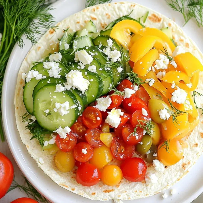 - 4 large whole wheat wraps - 1 cup classic hummus - 1 cup cucumber, thinly sliced - 1 cup bell peppers (red, yellow, or orange), thinly sliced - 1 cup cherry tomatoes, halved - 1 cup kalamata olives, pitted and sliced - 1 cup mixed greens (spinach, arugula, or romaine) - ½ cup red onion, thinly sliced - ¼ cup feta cheese, crumbled (optional) - 2 tablespoons olive oil - 1 tablespoon lemon juice - Salt and pepper to taste - Fresh dill or parsley for garnish (optional) Each ingredient plays a key role in making these wraps pop with flavor and nutrition. The whole wheat wraps offer a hearty and wholesome base. The classic hummus adds creaminess and richness, making each bite satisfying. Fresh vegetables bring crunch and freshness. I love using cucumbers and bell peppers for their vibrant colors and crisp textures. Cherry tomatoes add a burst of sweetness, while kalamata olives bring a salty bite that enhances the whole dish. Mixed greens add a healthy touch, and red onion brings sharpness. If you want a creamy twist, sprinkle feta cheese on top. The olive oil and lemon juice dressing not only brightens the flavors but also adds a zesty zing. Feel free to add fresh herbs like dill or parsley as a finishing touch. This not only looks great but also boosts flavor. With these ingredients, you set the stage for a flavorful and healthy meal that’s easy to prepare! {{ingredient_image_1}} - Wash and slice vegetables: Start by washing the cucumber, bell peppers, cherry tomatoes, and red onion. Thinly slice these veggies and put them aside in a bowl. This makes them easy to grab later. - Prepare the dressing: In a small bowl, mix together 2 tablespoons of olive oil and 1 tablespoon of lemon juice. This dressing adds flavor to the greens. Toss the mixed greens in the bowl, adding a pinch of salt and pepper to taste. - Spread hummus on the wrap: Lay a whole wheat wrap flat on a clean surface. Use about 1 cup of classic hummus and spread it evenly across the wrap. Leave about an inch of space from the edges. - Layer the fillings: Start at one end of the wrap. Add a handful of mixed greens, followed by the sliced cucumber, bell peppers, cherry tomatoes, and kalamata olives. If you like, sprinkle ¼ cup of crumbled feta cheese on top for some extra taste. - Roll the wrap: Carefully roll the wrap tightly. Tuck in the sides as you go to keep the filling inside. When it’s fully rolled, slice the wrap in half diagonally using a sharp knife. - Slice the wraps: If you made more than one wrap, repeat the rolling and slicing steps for the rest. Each wrap should look colorful and appetizing. - Garnish with herbs: For a nice touch, you can garnish each wrap with fresh dill or parsley. This adds flavor and makes the wraps look pretty when served. - Best practices for slicing vegetables: Use a sharp knife for clean cuts. Slice cucumbers, bell peppers, and red onions thinly. This helps them fit well in the wrap. For cherry tomatoes, cut them in half for easy eating. - Choosing the right wraps: Whole wheat wraps work best for flavor and nutrition. They add fiber and keep the wraps sturdy. You can also try spinach or herb wraps for a fun twist. - Presentation ideas: Serve the wraps on a colorful platter. Add a small bowl of extra hummus for dipping. You can also place lemon wedges and fresh herbs around the wraps for a bright look. - Pairing options: These wraps pair well with a side of fresh fruit or a light salad. You can also enjoy them with a glass of iced tea or sparkling water for a refreshing meal. Pro Tips Fresh Ingredients: Use the freshest vegetables available for the best flavor and texture in your wraps. Customize Your Fillings: Feel free to add or substitute other veggies like shredded carrots or avocado to suit your taste. Make Ahead: Prepare the fillings in advance and store them in the fridge to save time on busy days. Perfect Rolling Technique: Roll the wraps tightly and tuck in the sides as you go to keep everything secure and prevent spills. {{image_2}} You can change the veggies in your Greek hummus veggie wraps to fit your taste. Try adding shredded carrots or sliced radishes for a crunchy twist. Zucchini or roasted eggplant can also make a tasty filling. If you want a dairy-free option, use plant-based cheese. Many brands offer feta-style cheese made from almonds or cashews. These options still give you that creamy taste without dairy. Adding herbs and spices can take your wraps to the next level. Fresh dill or parsley adds a bright flavor. You can also sprinkle some oregano or basil for extra zest. For a kick, consider adding crushed red pepper or a pinch of cumin. These flavors enhance the hummus and veggies, making each bite exciting. Experiment with different spices to find your perfect mix! To store your Greek hummus veggie wraps, wrap each one tightly in plastic wrap. This keeps them fresh longer. You can also use a reusable container. Just make sure the lid is secure. Place the wraps in the fridge. They will stay good for about 2 days. For best taste, enjoy them soon after making. To keep them fresh, avoid adding wet ingredients too early. If you want to reheat your wraps, use a skillet over medium heat. This method warms them without making them soggy. Cook each wrap for about 2-3 minutes on each side. If you prefer using a microwave, wrap the veggie wrap in a damp paper towel. Heat for about 30-45 seconds. This helps maintain moisture. Just remember, reheating may change the texture a bit. Enjoy your wraps warm or cold! Can I make these wraps ahead of time? Yes, you can make these wraps ahead of time. Just wrap them tightly in plastic wrap. Store them in the fridge. They will stay fresh for up to two days. How do I keep the wraps from getting soggy? To keep the wraps from getting soggy, spread hummus only on the area you'll fill. Use a thin layer of hummus. Avoid putting wet veggies in the wrap. This will help keep everything crisp. Can I use gluten-free wraps? Absolutely! You can find gluten-free wraps at most stores. Look for ones made from rice or corn. They work well and taste great in this recipe. Calories per serving Each wrap has about 250 calories. This can vary based on toppings and portion sizes. Health benefits of ingredients These wraps are packed with healthy ingredients. Here are some benefits: - Whole wheat wraps provide fiber and help with digestion. - Hummus is rich in protein and healthy fats. - Fresh veggies add vitamins and minerals. - Olive oil has heart-healthy fats. - Kalamata olives are good for your skin and heart. - Feta cheese (if used) adds calcium and flavor. Enjoy these Greek hummus veggie wraps for a tasty and healthy meal! In this post, we explored how to create tasty whole wheat wraps. We covered key ingredients, like fresh veggies and hummus, and shared simple steps for preparation and assembly. Tips on storing and serving your wraps will ensure they remain fresh and delicious. You can also swap ingredients for fun variations. Remember, making wraps can be easy and enjoyable. With a little creativity, you can craft meals that taste great and are healthy. Enjoy your wrap-making journey!