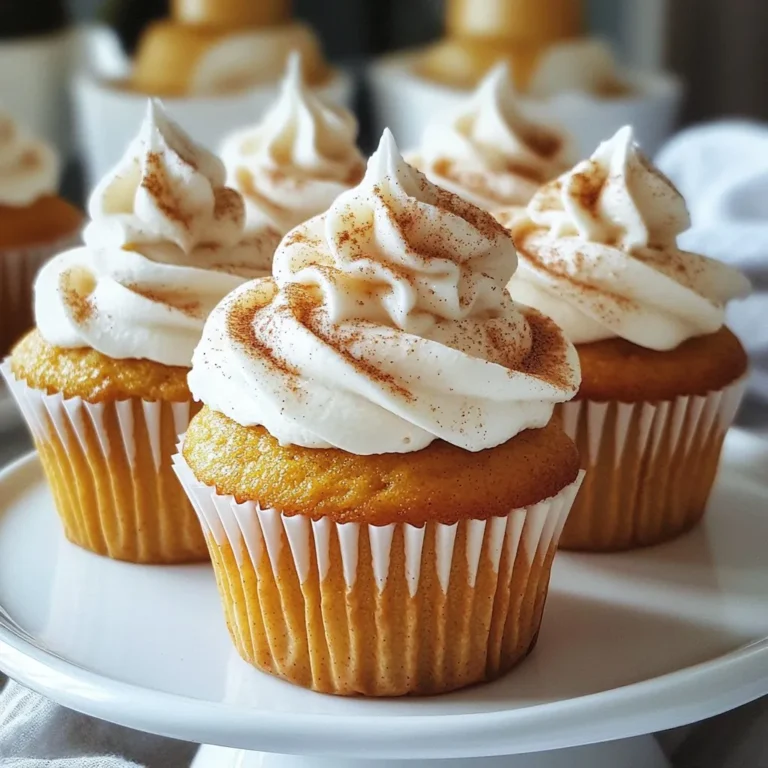 Let’s gather the ingredients for these tasty Pumpkin Spice Latte Cupcakes. This recipe combines warm spices and coffee flavors, creating a delightful treat. Dry Ingredients - 1 cup all-purpose flour - 1/2 teaspoon baking powder - 1/2 teaspoon baking soda - 1/4 teaspoon salt - 1 teaspoon ground cinnamon - 1/2 teaspoon ground nutmeg - 1/4 teaspoon ground ginger Wet Ingredients - 1/2 cup unsalted butter, softened - 1 cup brown sugar, packed - 2 large eggs - 1/2 cup canned pumpkin puree - 1/2 teaspoon vanilla extract - 1/2 cup brewed coffee, cooled Frosting Ingredients - 1 cup powdered sugar - 1/4 cup unsalted butter, softened - 1 teaspoon espresso powder (optional) - Milk, as needed for frosting consistency These ingredients work together to create a perfect balance of flavors. The pumpkin puree adds moisture and a hint of sweetness. The spices bring warmth, while the coffee gives a nice kick. Don't forget to have fun while baking! {{ingredient_image_1}} - Preheating the Oven Begin by preheating your oven to 350°F (175°C). This step is crucial for even baking. - Mixing Dry Ingredients In a mixing bowl, whisk together the dry ingredients. Combine 1 cup of all-purpose flour, 1/2 teaspoon baking powder, 1/2 teaspoon baking soda, 1/4 teaspoon salt, and spices: 1 teaspoon ground cinnamon, 1/2 teaspoon ground nutmeg, and 1/4 teaspoon ground ginger. Set this mixture aside. - Creaming Butter and Sugar In a separate large bowl, take 1/2 cup of softened unsalted butter and mix it with 1 cup of packed brown sugar. Beat them together until the mixture is light and fluffy. This process adds air and helps the cupcakes rise. - Incorporating Wet Ingredients Next, add 2 large eggs to the butter and sugar mixture, one at a time. Mix well after each addition. After that, stir in 1/2 cup of canned pumpkin puree and 1/2 teaspoon of vanilla extract until everything is well combined. - Baking Process Gradually mix the dry ingredients into the wet ingredients. Alternate adding the dry mix with 1/2 cup of cooled brewed coffee. Mix until just combined; be careful not to over-mix. Once ready, divide the batter evenly among cupcake liners, filling each about two-thirds full. Bake for 18 to 20 minutes. Check with a toothpick; it should come out clean. - Cooling Procedures Allow the cupcakes to cool in the pan for 5 minutes. Then, transfer them to a wire rack to cool completely. This step prevents sogginess and helps maintain their fluffy texture. Ensuring Cupcake Moisture To keep your cupcakes moist, use room temperature butter. Softened butter blends well with sugar. This creates air pockets that help your cupcakes rise. Add canned pumpkin puree for extra moisture and flavor. Avoiding Over-mixing Mix your batter until just combined. Over-mixing can make cupcakes tough. Stir gently when adding dry ingredients to wet ones. This helps maintain a light texture. Perfecting Baking Time Bake your cupcakes for 18-20 minutes. Check them with a toothpick. If it comes out clean, they are ready. Let them cool in the pan for five minutes before moving them to a wire rack. Achieving Desired Consistency When making frosting, beat softened butter and powdered sugar together. Add milk little by little until you reach the right thickness. Your frosting should spread easily but hold its shape. Adding Flavor Enhancements For a coffee boost, mix in espresso powder. This adds depth to your frosting. You can also add a pinch of cinnamon for extra warmth. Decorative Suggestions Frost your cooled cupcakes with a swirl pattern. Top with a sprinkle of cinnamon or a whole coffee bean. This adds a nice touch. Arrange them on a pretty platter for a festive look. Pro Tips Use Fresh Spices: For the best flavor, opt for freshly ground spices instead of pre-ground ones. This will enhance the aromatic quality of your cupcakes. Chill Your Coffee: Allow your brewed coffee to cool completely before adding it to the batter. This prevents the butter from melting and ensures a fluffy texture. Don’t Overmix: Mix the batter until just combined to keep the cupcakes light and airy. Overmixing can lead to dense and tough cupcakes. Frosting Consistency: Adjust the thickness of your frosting by adding milk gradually. A thicker frosting is great for decorative piping, while a thinner consistency is easier to spread. {{image_2}} Adding Chocolate Chips You can make these cupcakes even better by adding chocolate chips. Just fold in a half cup of chocolate chips into the batter before baking. This adds a rich taste and a fun texture. Using Different Spices Feel free to switch up the spices. You can try allspice or cardamom for a new twist. These spices can give your cupcakes a unique flavor that sets them apart. Gluten-Free Alternatives If you need a gluten-free option, use a gluten-free flour blend. Just make sure it is a one-to-one substitute. This way, you keep the same great taste without the gluten. Cream Cheese Frosting For a tangy twist, try cream cheese frosting. Mix 8 ounces of cream cheese with 1/2 cup of softened butter and powdered sugar. This frosting pairs well with pumpkin flavors. Whipped Cream Garnish You can skip the frosting and use whipped cream instead. Just whip heavy cream with a bit of sugar until it forms peaks. This light topping is perfect for a cozy touch. Dairy-Free Options If you want a dairy-free frosting, use coconut cream. Beat it with powdered sugar and vanilla. This gives a rich and creamy texture that is also dairy-free. - Room Temperature Storage: Keep your cupcakes in an airtight container. They stay fresh for up to 3 days at room temperature. Make sure they cool completely before sealing. - Refrigeration Guidelines: If you want to keep them longer, place them in the fridge. They can last up to a week. Just remember to cover them well to prevent drying out. - Freezing Instructions: For longer storage, freeze the cupcakes. Wrap each cupcake in plastic wrap, then place them in a freezer bag. They can last up to 3 months. Thaw them in the fridge overnight before serving. - Best Consumption Period: Enjoy your pumpkin spice latte cupcakes within the first 3 days for the best flavor and texture. After that, they may start to lose moisture. - Signs of Spoilage: Look for mold or an off smell. If the frosting seems hard or grainy, it's time to toss them. Always trust your senses! Can I make these cupcakes ahead of time? Yes, you can make the cupcakes ahead. Bake them and cool them completely. Store them in an airtight container for up to three days. For longer storage, freeze them. Just thaw before frosting. What can I substitute for pumpkin puree? If you need a substitute, use applesauce or mashed bananas. Both add moisture and sweetness. You can also use sweet potato puree for a different flavor. How can I make these cupcakes vegan? To make the cupcakes vegan, swap the butter for a plant-based butter. Use flax eggs in place of regular eggs. Mix one tablespoon of ground flaxseed with three tablespoons of water. Let it sit until it thickens. Are Pumpkin Spice Latte Cupcakes gluten-free? These cupcakes are not gluten-free. To make them gluten-free, use a gluten-free flour blend. Ensure all other ingredients are gluten-free too. Can I use instant coffee instead of brewed? Yes, you can use instant coffee. Mix one tablespoon of instant coffee with half a cup of hot water. Let it cool before adding it to the batter. What’s the best way to decorate these cupcakes? For decoration, pipe the frosting high for a beautiful look. Add a sprinkle of cinnamon or a whole coffee bean on top. You can also add mini pumpkin decorations for fun. This blog post covered how to make delicious pumpkin spice latte cupcakes. We discussed ingredients, step-by-step instructions, and useful tips. You learned how to keep your cupcakes moist and flavorful. We also explored variations and storage tips. In conclusion, baking is fun and easy. With the right ingredients and techniques, you can create tasty treats. Don’t hesitate to experiment with flavors and frostings. Enjoy the process and share your cupcakes with friends!