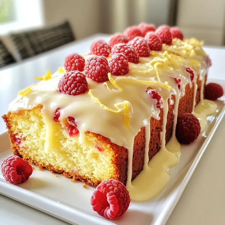- 1 ½ cups all-purpose flour - 1 tsp baking powder - ½ tsp baking soda - ½ tsp salt - ½ cup unsalted butter, softened - 1 cup granulated sugar - 2 large eggs - 1 tsp vanilla extract - Zest of 1 lemon - ½ cup fresh lemon juice - 1 cup fresh raspberries (plus extra for topping) To make this loaf cake, you need some key items. First, all-purpose flour acts as the base. Baking powder and baking soda help it rise, while salt adds flavor. Next, you want to use unsalted butter for a creamy texture. Granulated sugar gives it sweetness. Then, mix in two large eggs to bind everything together. Vanilla extract brings a warm touch. Don’t forget the lemon! Zest from one lemon gives bright flavor. Fresh lemon juice adds tang. Finally, the stars of the show are fresh raspberries. They bring a burst of sweetness and color. - ½ cup powdered sugar - 1-2 tbsp lemon juice For a sweet finish, you need powdered sugar and lemon juice. The glaze adds a nice shine and a bit more lemon flavor. Mix these until smooth, and drizzle over the cooled loaf. This adds a lovely touch and makes the cake even more appealing. {{ingredient_image_1}} Preheat your oven to 350°F (175°C). This step ensures your cake bakes evenly. Next, grease and flour a 9x5-inch loaf pan. Greasing helps the cake come out easily after baking. In a medium bowl, whisk together 1 ½ cups of all-purpose flour, 1 teaspoon of baking powder, ½ teaspoon of baking soda, and ½ teaspoon of salt. Mixing these dry ingredients first helps them blend well. Set this bowl aside. In a large mixing bowl, cream ½ cup of softened unsalted butter with 1 cup of granulated sugar. Mix until it's light and fluffy, about 3 to 4 minutes. This process adds air to your batter. Now, add 2 large eggs, one at a time, and mix well after each. Stir in 1 teaspoon of vanilla extract and the zest of 1 lemon. This adds flavor and brightness. Gradually add your dry mixture to the creamed butter. Alternate this with ½ cup of fresh lemon juice. Start and end with the flour mixture. Mix until just combined. Then, gently fold in 1 cup of fresh raspberries. Be careful not to crush them as you mix. Pour the batter into your prepared loaf pan. Smooth the top with a spatula. Bake for 50 to 60 minutes. Check for doneness by inserting a toothpick into the center. If it comes out clean, your cake is ready. Once the cake cools in the pan for 10 minutes, transfer it to a wire rack. For the glaze, whisk together ½ cup of powdered sugar with 1 to 2 tablespoons of lemon juice until smooth. Drizzle this glaze over the cooled cake. Top with extra fresh raspberries for a lovely touch. Using room temperature ingredients helps the cake mix well. It lets the butter and sugar blend smoothly, giving the cake a light feel. For a fluffier cake, beat the butter and sugar for a full 3-4 minutes. This step adds air to the batter, making it rise nicely in the oven. When picking fresh raspberries, look for bright color and firmness. Avoid berries that feel mushy or have dark spots. If fresh raspberries are not available, you can use frozen ones. Just make sure they are thawed and drained before adding them to the batter. This prevents excess moisture in your cake. To boost the flavor of your loaf, try adding a splash of almond extract. You can also mix in a bit of vanilla extract for extra warmth. Both will make the cake taste even better while pairing perfectly with the lemon and raspberries. Pro Tips Use Room Temperature Ingredients: Ensure your butter and eggs are at room temperature for better incorporation and a fluffier texture. Handle Raspberries Gently: When folding in the raspberries, be gentle to avoid crushing them, which can affect the loaf's appearance and texture. Adjust Glaze Consistency: If the glaze is too thick, add more lemon juice a teaspoon at a time until you reach the desired drizzling consistency. Store Properly: To keep your loaf moist, wrap it in plastic wrap and store it in an airtight container at room temperature for up to 3 days. {{image_2}} You can change the flavor of your Raspberry Lemon Loaf Cake easily. Adding other fruits can enhance the taste. Try blueberries or strawberries for a fun twist. These fruits mix well with lemon and add a new layer of flavor. You can also incorporate nuts for a crunchy texture. Almonds or walnuts are great options. They give the cake a rich flavor and a delightful bite. Just chop them roughly and fold them in gently. If you want a healthier version, consider using whole wheat flour. It adds more fiber to your cake. You can also use sugar substitutes if you prefer less sugar. Options like honey or maple syrup work well. For vegan adaptations, replace regular eggs with flax eggs. Mix one tablespoon of flaxseed meal with three tablespoons of water. Let it sit until it thickens. You can also use vegan butter instead of unsalted butter. This keeps the cake moist while making it plant-based. Pair your loaf cake with lemon curd for a zesty kick. The tartness of the curd complements the sweetness of the cake. Whipped cream is another great choice. It adds creaminess and balances the flavors. Think about the occasion when serving your cake. It’s perfect for brunch, tea time, or dessert. You can slice it into thick pieces or serve it as small bites for guests. Each slice can be topped with extra raspberries for a beautiful finish. To keep your raspberry lemon loaf cake fresh, wrap it well. Use plastic wrap or aluminum foil. This keeps moisture in and prevents it from drying out. If you have a cake dome, that works great too. Store it at room temperature for short-term storage. However, for longer storage, the fridge is a better option. Just remember that the cake can dry out in the fridge, so wrap it tightly. You can freeze this cake to enjoy later. First, let the loaf cool completely. Then, wrap it in plastic wrap, followed by aluminum foil. This double layer helps avoid freezer burn. You can freeze the cake for up to three months. When you’re ready to eat it, take it out and let it thaw at room temperature. This keeps the texture nice and soft. The shelf life of your loaf cake is about three to four days at room temperature if stored well. In the fridge, it lasts about a week. If you freeze it, as mentioned, you can keep it for up to three months without losing flavor. Always check for any signs of spoilage, like mold or off smells, before eating. Yes, you can use frozen raspberries. They work well in this loaf cake. To use frozen berries, first, let them thaw. Then, gently pat them dry with a paper towel. This step helps reduce excess moisture. When adding them to the batter, fold them in slowly to avoid breaking them apart. This way, you will still have nice chunks of fruit in your cake. If you don’t have fresh lemon juice, bottled juice is a good option. Just use the same amount. You can also use lemon zest with water for flavor. Mix one tablespoon of zest with two tablespoons of water for each tablespoon of juice needed. This may change the taste slightly, but it still adds a nice lemon flavor. You can tell the cake is done by checking the edges. They should be lightly golden brown. Use a toothpick to test it. Insert it in the center of the cake. If it comes out clean or with just a few crumbs, the loaf is ready. If the toothpick has wet batter, give it more time in the oven. Yes, you can turn this loaf cake into cupcakes! Use a muffin pan and line it with cupcake liners. Fill each liner about two-thirds full with batter. Bake them for 18-22 minutes. Keep an eye on them, as they bake faster than the loaf. Use the toothpick test to check for doneness. This blog post shared a clear path to creating a delicious lemon raspberry loaf cake. We covered essential ingredients, step-by-step instructions, and helpful tips for the perfect bake. Remember, the right temperature for your ingredients is key. Feel free to experiment with fruit and flavors. Store your cake properly to enjoy it longer. Whether you serve it at brunch or with tea, this cake will delight everyone. Now, you have all the tools to bake something truly special!
