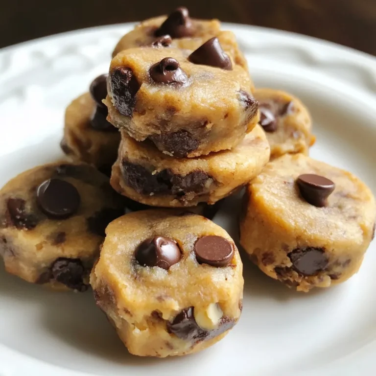 To make Chocolate Chip Cookie Dough Bites, you need these key ingredients: - 1 cup almond flour - 1/4 cup coconut flour - 1/3 cup maple syrup - 1/4 cup coconut oil, melted - 1 teaspoon vanilla extract - 1/2 teaspoon baking soda - 1/4 teaspoon salt - 1/2 cup mini chocolate chips These ingredients create a soft, sweet, and chewy bite. Almond flour gives a nice texture. Coconut flour adds flavor and helps bind the mix. Maple syrup sweetens the dough naturally. Coconut oil makes it rich and smooth. Baking soda helps the bites rise slightly, while vanilla extract adds a lovely scent. Finally, mini chocolate chips bring that classic cookie taste. You can also add extra ingredients for fun variations: - 1/4 cup chopped walnuts (optional) Adding walnuts gives a nice crunch. You can also try different nuts like pecans or almonds. For a fun twist, mix in some dried fruit or other chocolate types. These changes let you customize the flavors to your liking. These bites are not just tasty; they also offer some health benefits. Each bite is made with wholesome ingredients. Almond flour is high in protein and fiber. Coconut flour helps with digestion. Maple syrup is a natural sweetener with minerals. Here’s a quick look at the benefits: - Almond flour: Low in carbs, high in healthy fats. - Coconut flour: Good source of fiber, supports gut health. - Maple syrup: Provides antioxidants, contains vitamins. These bites are a great snack choice, offering a good balance of nutrients. Enjoy them as a sweet treat without the guilt! {{ingredient_image_1}} Start by gathering your dry ingredients. You will need almond flour, coconut flour, baking soda, and salt. In a large mixing bowl, add 1 cup of almond flour and 1/4 cup of coconut flour. Next, sprinkle in 1/2 teaspoon of baking soda and 1/4 teaspoon of salt. Mix these well with a whisk or a spoon. This step helps avoid clumps in your dough. The blend of flours gives a great texture. Now, let’s move to the wet ingredients. In a separate bowl, measure out 1/4 cup of melted coconut oil. Add 1/3 cup of maple syrup and 1 teaspoon of vanilla extract. Whisk them together until well combined. This mixture adds sweetness and flavor to your bites. Coconut oil gives a nice richness to the dough. After mixing both bowls, pour the wet ingredients into the dry mix. Stir until a dough forms. This part is fun! Now fold in 1/2 cup of mini chocolate chips and 1/4 cup of chopped walnuts if you like. To shape the bites, use your hands to scoop small amounts of dough. Roll them into balls about 1 inch in size. Place these on a parchment-lined baking sheet. Once you finish, put them in the fridge for at least 30 minutes. Chilling firms them up and makes them easy to eat. Enjoy your tasty snacks! To get the right texture, use both almond and coconut flour. Almond flour keeps the bites soft. Coconut flour helps them hold shape. Make sure you mix the dry ingredients well. This avoids clumps and makes a smooth dough. When you roll the dough into balls, keep them about 1 inch wide. This size helps them chill evenly. You can swap almond flour for oat flour if needed. If you want a different sweetener, try honey instead of maple syrup. Coconut oil can be replaced with butter for a richer taste. If you want to skip nuts, leave out the walnuts. You can also add more chocolate chips or use dark chocolate ones for a twist. Avoid adding too much liquid to your dough. This can make the bites too sticky. If the dough feels too dry, add a teaspoon of coconut oil. Don't skip chilling the bites. This step helps them firm up and hold shape. Lastly, ensure you use mini chocolate chips. Regular chips can weigh down your bites and make them fall apart. Pro Tips Chilling the Dough: Refrigerating the dough for at least 30 minutes helps the bites hold their shape and enhances the flavors. Experiment with Flavors: Feel free to add different mix-ins like dried fruits, seeds, or other types of chocolate for variety. Perfect Portioning: Use a small cookie scoop to ensure all your bites are uniform in size for even chilling and presentation. Storage Tips: Store the bites in an airtight container in the refrigerator to keep them fresh and tasty for longer. {{image_2}} To make these bites vegan, you only need to swap a few ingredients. Use maple syrup as your sweetener. It is plant-based and works great. The coconut oil you need is already vegan. So, you are almost there! Just ensure that your chocolate chips are dairy-free. Many brands offer vegan options that taste just as good. These cookie dough bites are naturally gluten-free! The almond flour and coconut flour make a great base. Both flours are free from gluten and give a nice texture. Just double-check that your chocolate chips do not contain any gluten. This way, you can enjoy these bites worry-free. You can easily change the flavor of your cookie dough bites. Try adding spices like cinnamon or nutmeg for warmth. A dash of sea salt can enhance the sweetness, too. You can also stir in extracts like almond or maple for a twist. Another fun idea is adding a scoop of peanut butter for extra richness. The choices are endless, so get creative! Store your cookie dough bites in an airtight container. This keeps them fresh and tasty. Place them in the fridge for the best flavor and texture. They taste great cold! To freeze your cookie dough bites, first, place them on a baking sheet. Make sure they are not touching each other. Freeze them for about an hour. Once they are firm, transfer them to a freezer-safe bag. They will stay good for up to three months. In the fridge, your cookie dough bites will last about a week. If you freeze them, they can last much longer. Just remember to label your bag with the date. This way, you won’t forget how old they are! No, you cannot bake these cookie dough bites. They are meant to be eaten raw. Baking will change their texture and flavor. You’ll lose that soft, chewy goodness that makes them so fun. Enjoy them as a sweet treat straight from the fridge! Yes, these bites are safe to eat raw. We use heat-treated flours, which means they do not carry the risk of harmful bacteria. The almond flour and coconut flour are safe choices. Enjoy them without worry. The cookie dough bites are tasty and a great snack option. If you need a substitute for almond flour, try using oat flour. It has a similar texture and flavor. You can also use all-purpose flour, but it won't be gluten-free. Make sure to adjust the amount as needed. This will keep your cookie dough bites delicious and satisfying! In this article, we explored how to make chocolate chip cookie dough bites. We covered main and optional ingredients, plus their health benefits. I shared step-by-step instructions, tips for perfect texture, and common mistakes. We also discussed tasty variations, including vegan and gluten-free options. In conclusion, these bites are fun to make and enjoy. With the right tips, anyone can create tasty treats at home. Happy cooking!
