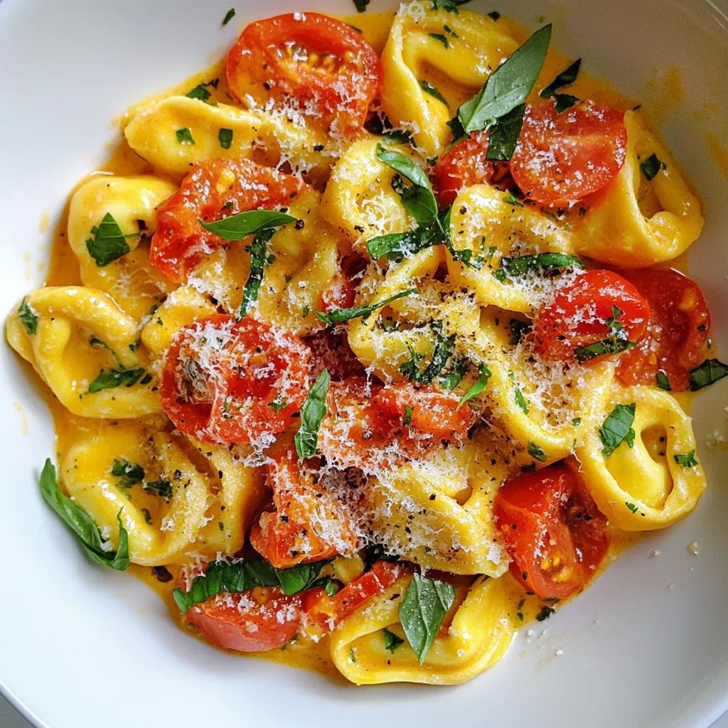 - 12 oz cheese tortellini (fresh or frozen) - 2 tablespoons olive oil - 3 cloves garlic, minced - 1 can (14 oz) diced tomatoes (with juices) - 1 cup heavy cream - 1 teaspoon dried oregano - Salt and pepper to taste - 1 cup fresh basil, torn - ½ cup grated Parmesan cheese - Red pepper flakes (optional) To create a creamy tomato basil tortellini dish, you need simple, fresh ingredients. The cheese tortellini serves as the star of your meal. You can choose fresh or frozen tortellini, depending on what you have on hand. I love the rich taste of fresh tortellini, but frozen works just as well. Next, olive oil and minced garlic add depth to the flavor. Heating the oil lets the garlic release its aroma, which is so inviting. You’ll also need diced tomatoes. I prefer using canned tomatoes with their juices, as they blend well into the sauce. The heavy cream brings the rich, creamy texture we all crave. Dried oregano adds a hint of warmth and earthiness to your dish. Don't forget the finishing touches: fresh basil, salt, pepper, and Parmesan cheese. The fresh basil adds a burst of color and flavor. The Parmesan cheese gives that nice umami kick. If you like a little heat, sprinkle some red pepper flakes on top. With these ingredients, you are ready to make a pasta dish that is both simple and rich. Each bite will be full of flavor and comfort. {{ingredient_image_1}} First, fill a large pot with water and add salt. Bring it to a boil. Add the cheese tortellini to the pot. Cook the tortellini according to the package instructions until they are al dente. This usually takes about 3-5 minutes. Once done, drain the tortellini and set them aside. Next, grab a large skillet and heat the olive oil over medium heat. Add the minced garlic to the pan. Sauté the garlic for about one minute. You want it to smell fragrant but not burn. This step adds a great flavor base to your dish. After the garlic is fragrant, stir in the diced tomatoes, along with their juices. Sprinkle in the dried oregano. Let this mixture cook for about 5-7 minutes. You want it to simmer and let the flavors mix well. Season with salt and pepper. If you like some heat, add red pepper flakes. Now, lower the heat and pour in the heavy cream. Stir the cream into the tomato mix until it blends well. Let it simmer gently for about 3-4 minutes. This will help the sauce thicken a bit. Finally, add the cooked tortellini to the skillet. Toss everything together so the tortellini gets coated in the creamy sauce. Cook for another 2-3 minutes. This allows the tortellini to absorb all the tasty flavors. Finish off by removing the skillet from the heat. Fold in the torn fresh basil and grated Parmesan cheese. Stir until the cheese melts and everything is well mixed. To make a smooth cream sauce, keep the heat low. High heat can cause the cream to curdle. Stir gently as you add the cream to the pan. This helps it blend well with the other ingredients. Always taste your sauce before serving. You can add more seasoning if it needs it. A pinch of salt or pepper can change the flavor. If you like heat, sprinkle in some red pepper flakes. This adds a nice kick! If you want a thicker sauce, add more cheese or cream. Parmesan cheese melts well and adds great flavor. You can also let the sauce simmer longer. It will thicken naturally as it cooks. Just stir occasionally to prevent sticking. Pro Tips Use Fresh Basil: For the best flavor, always opt for fresh basil instead of dried. Add it at the end of cooking to maintain its vibrant taste and aroma. Choose Quality Tomatoes: Using high-quality canned tomatoes can significantly enhance the taste of your sauce. Look for brands that use San Marzano tomatoes for a richer flavor. Adjust the Cream: If you prefer a lighter sauce, you can substitute half of the heavy cream with low-fat milk or even a plant-based cream alternative. Spice it Up: If you like a bit of heat, add red pepper flakes to taste, or consider incorporating some chopped jalapeños for a fresh kick. {{image_2}} You can make this dish even more vibrant. Simply swap out cheese tortellini for vegetable-based varieties. Look for options made from spinach, beet, or even whole wheat. These add fun colors and nutrients. Fresh vegetables also work well. Try adding zucchini, bell peppers, or spinach for extra crunch and flavor. Need a gluten-free option? You can find gluten-free tortellini made from rice or chickpeas. These are tasty and work well in this creamy sauce. Always check the package for cooking instructions. This way, you can enjoy the dish without worries about gluten. Want to take your dish to the next level? Mix in extra veggies or proteins. Chicken and shrimp are great choices. Cook them in the skillet before adding the tomatoes. You can also toss in mushrooms or peas for more texture. Feel free to adjust the spice with red pepper flakes for a kick. Store your leftovers in an airtight container. This keeps the creamy tomato basil tortellini fresh for up to 3 days. When you’re ready to enjoy it again, just remember to check for any signs of spoilage. To freeze this dish, let it cool completely. Then, transfer it into a freezer-safe container. Make sure to leave some space at the top, as the sauce may expand when it freezes. This dish can stay good in the freezer for about 2 months. When you're ready to eat, thaw it overnight in the fridge. For the best flavor, reheat the tortellini on the stove over low heat. Stir often until it’s hot. You can add a splash of cream or water to keep it creamy. If you're short on time, you can use the microwave, but be sure to cover it. Heat in short bursts and stir in between. Enjoy your tasty dish! To make tortellini from scratch, start with fresh pasta dough. Mix flour and eggs until smooth. Roll the dough thin and cut it into squares. Fill each square with cheese or meat. Fold and seal the edges tightly. Cook the tortellini in salted boiling water until they float. This process takes some time, but the taste is worth it. Yes, you can use non-dairy cream options! Coconut cream or cashew cream works well. They add a nice richness without dairy. Almond milk can also work, but it may be thinner. Adjust the seasoning to balance flavors. These options make the dish creamy and keep it dairy-free. This dish pairs well with many sides. A fresh green salad adds crunch and freshness. Garlic bread is always a favorite for dipping. You can also serve it with roasted vegetables for a healthy touch. For a heartier meal, try grilled chicken or shrimp on the side. These options enhance the flavors and make your meal complete. This article covered a simple recipe for Creamy Tomato Basil Tortellini. We explored the main and extra ingredients, plus helpful tips. You learned how to cook tortellini perfectly and create a delicious creamy sauce. I shared ways to customize this dish for various diets and preferences. In the end, this meal is quick, tasty, and easy to make. Enjoy cooking and share your creations!