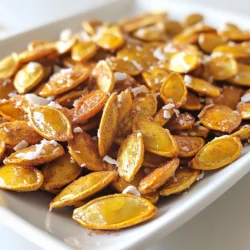 - 2 cups raw pumpkin seeds (pepitas) - 2 tablespoons olive oil - 1/4 cup pure maple syrup - 1 teaspoon ground cinnamon - 1/2 teaspoon sea salt - 1/4 teaspoon nutmeg (optional) - 1/4 cup grated coconut (optional) Using fresh ingredients makes a big difference in flavor. Raw pumpkin seeds are the star here. They provide a nice crunch and a nutty taste. Olive oil helps the spices stick and adds richness. Pure maple syrup brings natural sweetness. Ground cinnamon gives warmth and depth to each bite. Sea salt balances the sweetness, while nutmeg adds a hint of spice. If you want extra texture, grated coconut is a great choice. Gather all your ingredients before starting. This helps you stay organized and makes cooking easier. You’ll find that these simple ingredients create a delightful snack. {{ingredient_image_1}} 1. Preheat your oven to 350°F (175°C). This step helps cook the seeds evenly. 2. Line a baking sheet with parchment paper. This makes cleanup easy. 3. In a large mixing bowl, add 2 cups of raw pumpkin seeds. 4. Pour in 2 tablespoons of olive oil and 1/4 cup of pure maple syrup. 5. Add 1 teaspoon of ground cinnamon and 1/2 teaspoon of sea salt. 6. If you want, add 1/4 teaspoon of nutmeg and 1/4 cup of grated coconut. 7. Toss everything together. Make sure the seeds are coated well. 1. Spread the pumpkin seed mixture on the baking sheet. Keep them in a single layer. 2. Place the sheet in the oven and roast for 15-20 minutes. 3. Stir the seeds every 5 minutes. This helps them cook evenly and prevents burning. 4. Keep an eye on them. They can brown quickly! 5. When they are golden and smell great, take them out of the oven. 6. Let the seeds cool completely on the baking sheet. 7. Enjoy these tasty snacks or add them to salads, oatmeal, or yogurt. Stirring the pumpkin seeds during roasting is key. This helps them cook evenly. It also keeps them from burning. I recommend checking them every five minutes. The seeds roast best at 350°F (175°C). This temperature ensures they become crisp without overcooking. Aim for 15 to 20 minutes total. Keep an eye on them, as they can brown quickly. You can add more spices to boost flavor. Consider cayenne for heat or vanilla for sweetness. Another option is smoked paprika for a savory twist. Balancing sweetness and saltiness is important. The maple syrup gives a nice sweet taste. However, the sea salt adds a needed contrast. Taste the mixture before roasting. Adjust the salt or sweetness to suit your taste. You can also try adding a pinch of nutmeg. This gives a warm and cozy flavor to the seeds. Pro Tips Use Fresh Seeds: For the best flavor and texture, use fresh pumpkin seeds from a pumpkin you’ve just carved. They will have a superior taste compared to store-bought seeds. Experiment with Spices: Feel free to customize the spices! Add a pinch of cayenne for heat or swap cinnamon with pumpkin pie spice for a different flavor profile. Storage Tips: Store any leftover roasted pumpkin seeds in an airtight container at room temperature for up to a week, or in the fridge for longer freshness. Make it Vegan: To make this recipe vegan, ensure you use pure maple syrup and avoid any non-vegan toppings. {{image_2}} You can easily change the flavor of your maple cinnamon roasted pumpkin seeds. Try adding spices like cayenne for heat. A pinch of nutmeg can bring warmth. If you prefer something sweeter, use vanilla extract. This adds a nice twist and depth. You can also swap out the sweetener. Honey gives a floral touch, while agave syrup offers a milder flavor. Both options work well and keep the seeds tasty. Mixing in these different flavors can make your snack more exciting. To add crunch, consider mixing in nuts or seeds. Almonds or sunflower seeds can create a great texture. You can also sprinkle on some chopped pecans or walnuts for added richness. Consider using toppings to enhance texture. Grated coconut adds chewiness and pairs well with maple syrup. You could also sprinkle sesame seeds for a nutty crunch. These adjustments make your roasted pumpkin seeds even more delightful. To keep your maple cinnamon roasted pumpkin seeds fresh, use an airtight container. A glass jar or a resealable plastic bag works well. Make sure you seal it tightly to keep air out. This helps maintain the seeds' flavor and texture. To keep the seeds crunchy, store them in a cool, dry place. Avoid storing them near heat sources or in direct sunlight. If you live in a humid area, consider placing them in the fridge. This can help keep them from getting soggy. When stored at room temperature, these pumpkin seeds last about one week. If you refrigerate them, they can stay fresh for up to a month. This longer shelf life helps you enjoy this tasty snack longer. Just make sure to check for any signs of spoilage before eating. Can I use pre-roasted pumpkin seeds? Yes, you can use pre-roasted pumpkin seeds. They save time, but you may miss the fresh flavor. If you use them, skip the roasting step. Just mix with the other ingredients and bake for a shorter time. How can I adjust the sweetness level? To adjust sweetness, simply change the amount of maple syrup. You can add more for a sweeter snack or less for a milder flavor. You can also try a different sweetener like honey or agave. Just keep the total liquid amount in mind. Are pumpkin seeds healthy snacks? Yes, pumpkin seeds are healthy! They are full of protein, fiber, and healthy fats. They also contain vitamins and minerals like magnesium and zinc. Enjoying them as a snack gives you energy and helps your body. This blog post covered how to make maple cinnamon roasted pumpkin seeds. We explored the essential ingredients, from pepitas to maple syrup. I shared step-by-step instructions for preparing and roasting. You learned tips for achieving a perfect roast and how to enhance flavor. Remember, you can enjoy different flavors and textures by experimenting with spices and toppings. Store your seeds properly to keep them crunchy and fresh. Enjoy your tasty snack!