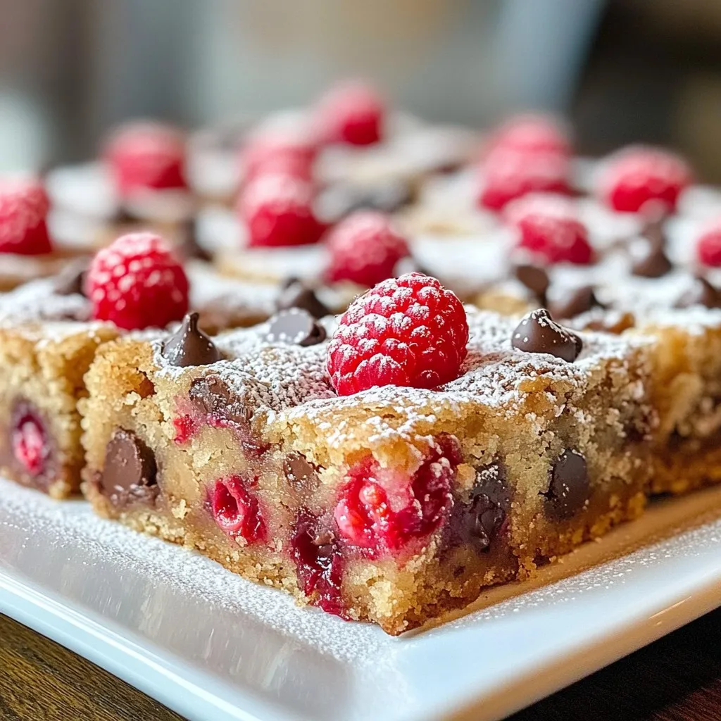 - 1 cup unsalted butter, melted - 1 cup brown sugar, packed - 1/2 cup granulated sugar - 2 large eggs - 1 tablespoon vanilla extract - 2 cups all-purpose flour - 1 teaspoon baking powder - 1/2 teaspoon baking soda - 1/4 teaspoon salt - 1 cup fresh raspberries - 1 cup semi-sweet chocolate chips To make the best raspberry chocolate chip blondies, use the exact amounts listed. Measuring correctly gives you the right texture and taste. - Butter: Melt one cup for richness. - Sugars: One cup of brown sugar adds moisture, while half a cup of granulated sugar adds sweetness. - Eggs: Two large eggs bind the blondies, making them soft. - Vanilla: One tablespoon gives a warm flavor. - Flour: Measure two cups for structure. - Baking powder, baking soda, and salt: These help the blondies rise and balance flavors. - Raspberries: One cup adds tartness and color. - Chocolate chips: One cup provides sweetness and texture. If you don’t have an ingredient, don’t worry! Here are some easy swaps: - Butter: Use coconut oil for a dairy-free option. - Brown Sugar: White sugar works, but it will change the flavor slightly. - Eggs: Two tablespoons of applesauce can replace one egg. Use four tablespoons for two eggs. - Flour: Almond flour is a good gluten-free option. - Raspberries: You can swap in blueberries, strawberries, or blackberries for a different taste. - Chocolate Chips: Swap for white chocolate or dark chocolate for a unique twist. These options keep your blondies tasty and fun! {{ingredient_image_1}} Start by preheating your oven to 350°F (175°C). Grease an 8x8 inch baking pan with butter or cooking spray. Next, line it with parchment paper. Leave some paper hanging over the edges. This helps you lift the blondies out easily later. In a large mixing bowl, pour in the melted butter. Add 1 cup of brown sugar and 1/2 cup of granulated sugar. Whisk these together until smooth. This mix should look shiny and thick. Now, add the eggs, one at a time. Mix well after each egg. Stir in 1 tablespoon of vanilla extract. This adds a lovely flavor! In another bowl, measure out 2 cups of all-purpose flour. Add 1 teaspoon of baking powder, 1/2 teaspoon of baking soda, and 1/4 teaspoon of salt. Whisk these dry ingredients together. This ensures everything mixes well in the batter. Once your wet mix is ready, gradually add the dry ingredients. Use a spatula to fold the mix gently. Be careful not to overmix; you want it just combined. The batter should be thick but smooth. Now comes the fun part! Gently fold in 1 cup of fresh raspberries and 1 cup of semi-sweet chocolate chips. Make sure they spread evenly throughout the batter. This mix of flavors makes the blondies special. Pour the batter into your prepared pan. Spread it evenly with the spatula. Bake in your preheated oven for 25-30 minutes. The edges should be golden brown. Insert a toothpick in the center; it should come out with moist crumbs. Let the blondies cool in the pan for about 10 minutes. Lift them out using the parchment paper. Allow them to cool completely on a wire rack. Once cooled, cut into squares and enjoy! To get that soft, chewy texture, watch your mixing. Mix the wet ingredients until smooth, but don’t overmix the dry and wet together. Overmixing can lead to tough blondies. Aim for a slight lumpiness in the batter; this helps keep them soft. One common mistake is using cold butter. Always melt your butter first. Cold butter can make the batter uneven. Another mistake is not measuring your flour properly. Too much flour can lead to dry blondies. Use a spoon to fluff the flour, then scoop it into your measuring cup. When adding raspberries and chocolate chips, fold gently. Use a spatula and scoop from the bottom. This helps keep the raspberries intact. If you mash them, they can turn the batter pink. Aim for even distribution without breaking the fruit. Pro Tips Use Room Temperature Ingredients: Ensure your eggs are at room temperature for a smoother batter and better incorporation of ingredients. Don't Overmix: Gently fold the dry ingredients into the wet ingredients to avoid tough blondies. Stop mixing as soon as you see no dry flour. Quality Chocolate Chips: Opt for high-quality semi-sweet chocolate chips to enhance the flavor of your blondies. Cool Before Cutting: Allow the blondies to cool completely in the pan before cutting to ensure clean, neat squares. {{image_2}} You can easily change the flavor of your blondies. Swap raspberries for blueberries or chopped strawberries. This gives each bite a new taste. You can also mix berries for a fun twist. Just keep the same amount of fruit. Fresh or frozen berries both work great. For added crunch, consider adding nuts. Chopped walnuts or pecans can bring a nice texture. Stir in about half a cup with the chocolate chips. You can also add coconut flakes or even dried fruit. These mix-ins add more flavor and fun to your blondies. To make gluten-free blondies, switch the all-purpose flour. Use a gluten-free flour blend instead. Make sure the blend includes xanthan gum for the best results. The taste will still be rich and delicious. Follow the same recipe steps, and you’ll have a tasty treat for everyone! To keep your raspberry chocolate chip blondies fresh, place them in an airtight container. Make sure they are completely cool before sealing. You can store them at room temperature for up to three days. If you want them to last longer, the fridge is a good option. They can stay fresh in the fridge for about a week. Freezing is a great way to save blondies for later. First, cut them into squares. Wrap each square tightly in plastic wrap. Then, place the wrapped blondies in a freezer-safe bag or container. They can last in the freezer for up to three months. When you want to enjoy them, simply thaw them at room temperature. Reheating blondies is easy and enhances their taste. Preheat your oven to 350°F (175°C). Place the blondies on a baking sheet. Bake them for about 10-15 minutes. You can also use a microwave for quick reheating. Heat them for 10-15 seconds to keep them soft and gooey. Enjoy them warm for a delightful treat! Blondies and brownies both have similar bases, but they taste very different. Brownies use cocoa powder, which gives them their dark, rich chocolate flavor. Blondies do not use cocoa. Instead, they have a sweet, buttery flavor from brown sugar. Blondies are lighter in color and have a chewy texture. They often include mix-ins like chocolate chips or nuts. Yes, you can use frozen raspberries! Just remember to let them thaw first. Drain any extra liquid to avoid a soggy batter. Frozen raspberries may break apart more than fresh ones, but they still taste great in your blondies. They will add a nice tartness. To check if your blondies are done, look for golden edges. The center should look set but slightly moist. You can also use a toothpick. Insert it into the center; if it comes out with moist crumbs, they are ready. If the toothpick comes out wet with batter, bake a few more minutes. You can serve blondies plain or with a scoop of vanilla ice cream for a treat. A drizzle of chocolate sauce or a dollop of whipped cream adds a nice touch. Fresh raspberries on top not only look great but also add a burst of flavor. Enjoy them with a cup of coffee or tea for a perfect snack! This blog post covered how to make delicious raspberry chocolate chip blondies from start to finish. We discussed the key ingredients, exact measurements, and helpful substitutions. You learned step-by-step instructions for preparing, mixing, and baking. I shared tips for perfect texture and what mistakes to avoid. You also discovered variations and storage methods. Now, you can bake blondies with confidence. Enjoy your sweet treat, share it, or keep it all for yourself!