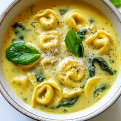 - 1 tablespoon olive oil - 1 medium onion, chopped - 3 cloves garlic, minced - 4 cups vegetable broth - 1 cup heavy cream - 1 package (9 oz) fresh cheese tortellini - 4 cups fresh spinach - 1 teaspoon dried Italian herbs - Salt and pepper to taste - Grated Parmesan cheese for serving - Fresh basil leaves for garnish (optional) In this creamy tortellini spinach soup, the main ingredients work together to create a warm and tasty dish. First, the olive oil adds richness and depth. It helps cook the onions and garlic, which bring a nice sweetness to the soup. Next, the vegetable broth serves as the soup's base. It provides a light yet flavorful foundation. The heavy cream adds a creamy texture. It makes the soup feel cozy and indulgent. The cheese tortellini is the star of the dish. It cooks quickly and absorbs all that wonderful flavor. The fresh spinach gives a pop of color and nutrition. It wilts down perfectly within minutes. Finally, Italian herbs and seasonings bring a lovely aroma. They enhance the overall taste. Topping the soup with grated Parmesan cheese adds a salty kick. Fresh basil leaves can be a delightful touch, making every bowl look great. Every ingredient plays a role in this dish. Together, they create a comforting bowl of goodness that warms your heart. {{ingredient_image_1}} 1. Sautéing onions and garlic First, heat 1 tablespoon of olive oil in a large pot over medium heat. Add 1 chopped onion and sauté it for about 5 minutes. You want the onion to become soft and clear. Next, add 3 minced garlic cloves. Stir the garlic for about 1 minute. Be careful not to let it burn. 2. Adding broth and cream Now it’s time to pour in 4 cups of vegetable broth. Bring the broth to a gentle simmer. This will take a few minutes. Once it simmers, add 1 cup of heavy cream to the pot. Stir it well. The cream will make the soup rich and smooth. 3. Cooking tortellini and spinach Add 1 package (9 oz) of fresh cheese tortellini to the soup. Cook it as the package says, usually about 4 to 5 minutes. Once the tortellini is nearly ready, toss in 4 cups of fresh spinach and 1 teaspoon of dried Italian herbs. Stir until the spinach wilts down, which takes about 2 to 3 minutes. Season with salt and pepper to taste. Now your creamy tortellini spinach soup is ready to serve! To make your creamy tortellini spinach soup shine, start with seasoning. Taste the soup as it cooks. Add salt and pepper little by little. You want a nice balance. Dried Italian herbs bring warmth. Experiment with fresh herbs too. Basil or parsley adds a bright touch. When cooking tortellini, follow the package instructions closely. Overcooked tortellini can turn mushy. Keep an eye on them. They should be tender but firm. This texture adds a nice bite to the soup. For creaminess, you have options. Use more heavy cream for a richer taste. You can also swap heavy cream with half-and-half for a lighter version. Coconut milk is a great dairy-free choice. It adds a unique flavor and keeps it creamy. Try these tips to make your soup delicious and comforting. You will impress your family and friends! Pro Tips Use Fresh Ingredients: Fresh spinach and quality tortellini enhance the flavor and texture of the soup. Customize the Herbs: Feel free to add fresh herbs like thyme or oregano for an extra layer of flavor. Adjust the Creaminess: For a lighter version, substitute half of the heavy cream with more vegetable broth. Perfect the Seasoning: Taste the soup before serving and adjust the salt and pepper to your liking for the best flavor. {{image_2}} You can easily switch up the pasta in this soup. Try using shells or bow-tie pasta. These shapes hold the broth well. You can also use whole wheat or gluten-free options for dietary needs. For a lighter version, swap the heavy cream for coconut milk or almond milk. These options keep the soup creamy without as many calories. You can also skip the cream entirely for a broth-based soup. Adding proteins boosts the dish's heartiness. Cooked chicken or sausage works great here. You can also toss in some beans for a vegetarian protein. Don’t forget about more veggies! Carrots, celery, or zucchini can add color and nutrients. Just chop them small so they cook quickly. These alternatives make the soup flexible for everyone. You can create a new favorite every time you make it! To keep your creamy tortellini spinach soup fresh, store it properly. First, let the soup cool to room temperature. Then, transfer it to an airtight container. You can refrigerate it for up to three days. If you want to enjoy it later, freeze the soup. Use freezer-safe containers and leave some space for expansion. It can last up to three months in the freezer. When you reheat the soup, do it slowly. Use a pot on low heat or the microwave. Stir the soup often to keep the texture smooth. If the soup seems thick, add a splash of broth or cream while reheating. This will help restore its creamy consistency. The shelf life of the soup is good if stored right. In the fridge, enjoy it within three days. For frozen soup, use it within three months for the best taste. Always check for any off smells or changes before eating leftovers. Keeping these tips in mind ensures you enjoy your delicious soup even later! Yes, you can make this soup ahead. I often prepare it a day before. Just store it in an airtight container in the fridge. The flavors will blend nicely overnight. To reheat, warm it on the stove over low heat. Stir often to avoid sticking. To boost flavor, try adding more herbs. Fresh basil or parsley works great. You can also toss in some red pepper flakes for heat. A splash of lemon juice brightens the taste, too. For a richer flavor, consider adding a bit of sautéed pancetta or mushrooms. If your soup is too thin, there are easy fixes. You can mix a tablespoon of cornstarch with cold water. Stir this mixture into the soup and cook until thickened. Another option is to blend a portion of the soup. This adds creaminess without changing the whole dish. This blog post covered a delicious creamy tortellini soup. We looked at key ingredients like olive oil, broth, and spinach. Then, I shared step-by-step cooking instructions to help you make it perfectly. I offered tips for flavor and variation ideas, like using different pasta or proteins. Lastly, I discussed how to store leftovers to keep them fresh. Try this soup for a tasty meal. It’s easy, comforting, and full of flavor!