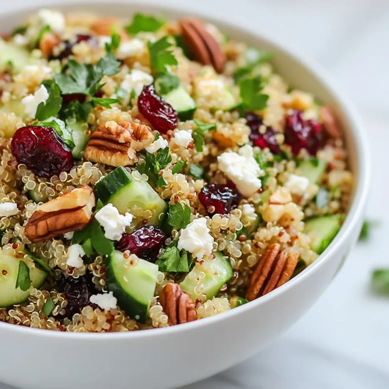 - 1 cup quinoa, rinsed - 2 cups vegetable broth or water - 1/2 cup dried cranberries - 1/2 cup pecans, toasted and roughly chopped - 1/2 cup diced cucumber - 1/4 cup finely chopped red onion - 1/4 cup feta cheese, crumbled (optional) - 2 tablespoons olive oil - 1 tablespoon apple cider vinegar - 1 tablespoon maple syrup - Salt and pepper to taste - Fresh parsley, chopped for garnish The main star of this salad is quinoa. It brings protein and fiber. The dried cranberries add a sweet touch, while toasted pecans give crunch. Diced cucumber offers a fresh bite, and red onion adds zing. Feta cheese is optional but brings creaminess. Olive oil and vinegar create a simple dressing that ties it all together. You can add ingredients to make the salad even better. Try adding diced bell peppers for a sweet crunch. Avocado can make it creamy. Fresh herbs like mint or basil can give a fresh taste. A dash of lemon juice can brighten the flavors. If you need to avoid certain allergens, there are easy swaps. For a nut-free option, skip the pecans or use seeds like pumpkin. If you're dairy-free, leave out the feta cheese. To make it gluten-free, ensure your quinoa is certified gluten-free. You can also use apple juice instead of vinegar for a sweeter dressing. {{ingredient_image_1}} To start, rinse 1 cup of quinoa under cold water. This step removes any bitter taste. In a medium saucepan, combine the rinsed quinoa with 2 cups of vegetable broth or water. Place the saucepan on the stove over medium-high heat. Bring the mixture to a boil. Once it starts boiling, reduce the heat to low. Cover the saucepan and let it simmer for about 15 minutes. The quinoa is done when it absorbs all the liquid and looks fluffy. After cooking, remove the saucepan from heat and let it cool for a few minutes. In a large mixing bowl, add the cooled quinoa. Next, toss in 1/2 cup of dried cranberries, 1/2 cup of toasted pecans, and 1/2 cup of diced cucumber. Add 1/4 cup of finely chopped red onion and 1/4 cup of crumbled feta cheese, if you want a creamy touch. Gently stir these ingredients together. Make sure everything is well mixed. This step helps the flavors blend nicely. For the dressing, grab a small bowl. Whisk together 2 tablespoons of olive oil, 1 tablespoon of apple cider vinegar, and 1 tablespoon of maple syrup. Add salt and pepper to taste. Mix until the dressing is smooth and well combined. Pour this dressing over the quinoa mixture. Toss everything gently to coat the salad evenly. Taste your salad and adjust the seasoning if needed. Let it sit for at least 15 minutes. This resting time allows the flavors to meld together. Before serving, sprinkle fresh chopped parsley on top for a bright finish. To cook quinoa just right, start by rinsing it well. This removes the bitter coating. Use two cups of vegetable broth or water for each cup of quinoa. Bring the liquid to a boil over medium-high heat. Once it boils, lower the heat to a simmer and cover it. Let it cook for about 15 minutes. The quinoa will absorb all the liquid and become fluffy. After cooking, let it cool for a few minutes before using it in your salad. Toasting pecans adds a rich flavor. Start by preheating your oven to 350°F (175°C). Spread the pecans in a single layer on a baking sheet. Bake them for about 8-10 minutes. Keep an eye on them to avoid burning. Stir them halfway through for even toasting. Once they are golden and fragrant, let them cool before chopping. This step makes a big difference in your salad. You can easily tweak this salad to suit your taste. For a tangy kick, add more apple cider vinegar. If you like sweetness, drizzle in extra maple syrup. Fresh herbs like basil or mint can brighten the dish. To make it heartier, toss in some cooked chicken or chickpeas. Always taste the salad before serving and adjust the seasoning with salt and pepper. This way, you ensure the flavors are just right. Pro Tips Rinse the Quinoa: Rinsing quinoa before cooking removes its natural coating, called saponin, which can make it taste bitter. Always rinse under cold water for the best flavor. Toast the Pecans: Toasting pecans enhances their flavor and adds a delightful crunch to the salad. Simply place them in a dry skillet over medium heat for a few minutes until fragrant. Let It Marinate: Allowing the salad to sit for at least 15 minutes before serving helps the flavors meld together, creating a more harmonious dish. Customize Your Add-ins: Feel free to mix in other ingredients like diced apples, olives, or even cooked chickpeas for additional flavor and texture. Get creative! {{image_2}} You can boost the protein in your Cranberry Pecan Quinoa Salad easily. Adding cooked chicken is a great choice. Just shred or cube it and mix it in. Chickpeas are another option. Rinse canned chickpeas and toss them in. Both options make the salad heartier and more filling. Seasonal veggies add flavor and color to your salad. In spring, try adding asparagus or peas. Summer brings fresh tomatoes or bell peppers. In the fall, roasted sweet potatoes taste great. You can even use winter squash for a unique twist. Feel free to mix and match based on what you have. This salad is naturally gluten-free due to quinoa. To keep it vegan, skip the feta cheese. You can replace it with avocado for creaminess. Another option is to use a nut-based cheese. These swaps keep the salad healthy while catering to different diets. Enjoy customizing it to fit your needs. To store leftover cranberry pecan quinoa salad, place it in an airtight container. Make sure to cool the salad first. This helps keep it fresh. You can store it in the fridge for up to four days. If you have any extra dressing, keep it separate to prevent sogginess. The salad tastes best when fresh, but leftovers are still good. If you want to freeze it, place the salad in a freezer-safe bag. It can last up to three months in the freezer. When you are ready to eat it, just thaw it in the fridge overnight. I recommend eating the salad cold, but you can warm it if you prefer. To reheat, place it in a saucepan over low heat. Stir it gently until warm. Avoid overheating to keep the ingredients fresh and tasty. If you added feta cheese, it might soften, but that's okay! Yes, you can prepare this salad ahead of time. Make it up to a day before you serve. Just keep it in the fridge. This salad tastes even better after the flavors blend. When you are ready to serve, give it a little stir. You might want to add a splash of olive oil to freshen it up. Quinoa is a superfood packed with nutrition. It is high in protein and fiber. This grain helps you feel full longer. Quinoa also offers essential amino acids. It is gluten-free, which is great for those with allergies. Furthermore, it contains vitamins and minerals like magnesium and iron. Including quinoa in your diet can support heart health and weight loss. If you want to make this salad more filling, add protein. Cooked chicken, chickpeas, or black beans work well. You can also toss in more vegetables like bell peppers or carrots. For healthy fats, add avocado slices. These additions will make the salad more satisfying and nutritious. Enjoy creating your perfect version! Cranberry pecan quinoa salad is a tasty, healthy dish. We covered key ingredients, optional addons, and allergen swaps. You learned to cook quinoa, mix the salad, and make a great dressing. I shared tips for perfect quinoa and toasting nuts, plus fun variations. Lastly, we discussed storage options and common questions. Enjoy making this salad and make it your own. Happy cooking!