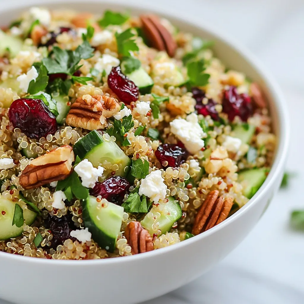 - 1 cup quinoa, rinsed - 2 cups vegetable broth or water - 1/2 cup dried cranberries - 1/2 cup pecans, toasted and roughly chopped - 1/2 cup diced cucumber - 1/4 cup finely chopped red onion - 1/4 cup feta cheese, crumbled (optional) - 2 tablespoons olive oil - 1 tablespoon apple cider vinegar - 1 tablespoon maple syrup - Salt and pepper to taste - Fresh parsley, chopped for garnish The main star of this salad is quinoa. It brings protein and fiber. The dried cranberries add a sweet touch, while toasted pecans give crunch. Diced cucumber offers a fresh bite, and red onion adds zing. Feta cheese is optional but brings creaminess. Olive oil and vinegar create a simple dressing that ties it all together. You can add ingredients to make the salad even better. Try adding diced bell peppers for a sweet crunch. Avocado can make it creamy. Fresh herbs like mint or basil can give a fresh taste. A dash of lemon juice can brighten the flavors. If you need to avoid certain allergens, there are easy swaps. For a nut-free option, skip the pecans or use seeds like pumpkin. If you're dairy-free, leave out the feta cheese. To make it gluten-free, ensure your quinoa is certified gluten-free. You can also use apple juice instead of vinegar for a sweeter dressing. {{ingredient_image_1}} To start, rinse 1 cup of quinoa under cold water. This step removes any bitter taste. In a medium saucepan, combine the rinsed quinoa with 2 cups of vegetable broth or water. Place the saucepan on the stove over medium-high heat. Bring the mixture to a boil. Once it starts boiling, reduce the heat to low. Cover the saucepan and let it simmer for about 15 minutes. The quinoa is done when it absorbs all the liquid and looks fluffy. After cooking, remove the saucepan from heat and let it cool for a few minutes. In a large mixing bowl, add the cooled quinoa. Next, toss in 1/2 cup of dried cranberries, 1/2 cup of toasted pecans, and 1/2 cup of diced cucumber. Add 1/4 cup of finely chopped red onion and 1/4 cup of crumbled feta cheese, if you want a creamy touch. Gently stir these ingredients together. Make sure everything is well mixed. This step helps the flavors blend nicely. For the dressing, grab a small bowl. Whisk together 2 tablespoons of olive oil, 1 tablespoon of apple cider vinegar, and 1 tablespoon of maple syrup. Add salt and pepper to taste. Mix until the dressing is smooth and well combined. Pour this dressing over the quinoa mixture. Toss everything gently to coat the salad evenly. Taste your salad and adjust the seasoning if needed. Let it sit for at least 15 minutes. This resting time allows the flavors to meld together. Before serving, sprinkle fresh chopped parsley on top for a bright finish. To cook quinoa just right, start by rinsing it well. This removes the bitter coating. Use two cups of vegetable broth or water for each cup of quinoa. Bring the liquid to a boil over medium-high heat. Once it boils, lower the heat to a simmer and cover it. Let it cook for about 15 minutes. The quinoa will absorb all the liquid and become fluffy. After cooking, let it cool for a few minutes before using it in your salad. Toasting pecans adds a rich flavor. Start by preheating your oven to 350°F (175°C). Spread the pecans in a single layer on a baking sheet. Bake them for about 8-10 minutes. Keep an eye on them to avoid burning. Stir them halfway through for even toasting. Once they are golden and fragrant, let them cool before chopping. This step makes a big difference in your salad. You can easily tweak this salad to suit your taste. For a tangy kick, add more apple cider vinegar. If you like sweetness, drizzle in extra maple syrup. Fresh herbs like basil or mint can brighten the dish. To make it heartier, toss in some cooked chicken or chickpeas. Always taste the salad before serving and adjust the seasoning with salt and pepper. This way, you ensure the flavors are just right. Pro Tips Rinse the Quinoa: Rinsing quinoa before cooking removes its natural coating, called saponin, which can make it taste bitter. Always rinse under cold water for the best flavor. Toast the Pecans: Toasting pecans enhances their flavor and adds a delightful crunch to the salad. Simply place them in a dry skillet over medium heat for a few minutes until fragrant. Let It Marinate: Allowing the salad to sit for at least 15 minutes before serving helps the flavors meld together, creating a more harmonious dish. Customize Your Add-ins: Feel free to mix in other ingredients like diced apples, olives, or even cooked chickpeas for additional flavor and texture. Get creative! {{image_2}} You can boost the protein in your Cranberry Pecan Quinoa Salad easily. Adding cooked chicken is a great choice. Just shred or cube it and mix it in. Chickpeas are another option. Rinse canned chickpeas and toss them in. Both options make the salad heartier and more filling. Seasonal veggies add flavor and color to your salad. In spring, try adding asparagus or peas. Summer brings fresh tomatoes or bell peppers. In the fall, roasted sweet potatoes taste great. You can even use winter squash for a unique twist. Feel free to mix and match based on what you have. This salad is naturally gluten-free due to quinoa. To keep it vegan, skip the feta cheese. You can replace it with avocado for creaminess. Another option is to use a nut-based cheese. These swaps keep the salad healthy while catering to different diets. Enjoy customizing it to fit your needs. To store leftover cranberry pecan quinoa salad, place it in an airtight container. Make sure to cool the salad first. This helps keep it fresh. You can store it in the fridge for up to four days. If you have any extra dressing, keep it separate to prevent sogginess. The salad tastes best when fresh, but leftovers are still good. If you want to freeze it, place the salad in a freezer-safe bag. It can last up to three months in the freezer. When you are ready to eat it, just thaw it in the fridge overnight. I recommend eating the salad cold, but you can warm it if you prefer. To reheat, place it in a saucepan over low heat. Stir it gently until warm. Avoid overheating to keep the ingredients fresh and tasty. If you added feta cheese, it might soften, but that's okay! Yes, you can prepare this salad ahead of time. Make it up to a day before you serve. Just keep it in the fridge. This salad tastes even better after the flavors blend. When you are ready to serve, give it a little stir. You might want to add a splash of olive oil to freshen it up. Quinoa is a superfood packed with nutrition. It is high in protein and fiber. This grain helps you feel full longer. Quinoa also offers essential amino acids. It is gluten-free, which is great for those with allergies. Furthermore, it contains vitamins and minerals like magnesium and iron. Including quinoa in your diet can support heart health and weight loss. If you want to make this salad more filling, add protein. Cooked chicken, chickpeas, or black beans work well. You can also toss in more vegetables like bell peppers or carrots. For healthy fats, add avocado slices. These additions will make the salad more satisfying and nutritious. Enjoy creating your perfect version! Cranberry pecan quinoa salad is a tasty, healthy dish. We covered key ingredients, optional addons, and allergen swaps. You learned to cook quinoa, mix the salad, and make a great dressing. I shared tips for perfect quinoa and toasting nuts, plus fun variations. Lastly, we discussed storage options and common questions. Enjoy making this salad and make it your own. Happy cooking!